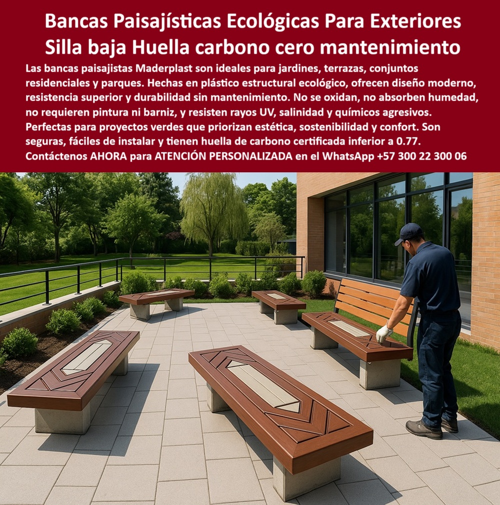 Bancas Exteriores De Jardínes Mobiliario Ecológico Sillas De Paisajismo Maderplast 0 Bancos diseño paisajista Bancas comunitarias huella carbono 0.77 compra ya Bancos diseño paisajista Bancas exteriores para conjuntos 00  La imagen muestra una terraza ajardinada en un entorno urbano, con varias bancas de Maderplast dispuestas de manera circular. Las bancas, de diseño moderno, tienen una base de concreto de color claro y un asiento rectangular hecho de tablones de un color marrón cálido y beige, con patrones geométricos. El espacio está rodeado de césped, árboles y arbustos, y al fondo se ve un edificio con grandes ventanales. Un hombre, vestido con una camisa azul y gorra, está instalando una de las bancas, lo que sugiere la facilidad de montaje del producto. La imagen proyecta una sensación de modernidad, funcionalidad y sostenibilidad, - Maderplast: Canecas Paisajísticas Ecológicas, Silla de Baja Huella de Carbono y Cero Mantenimiento, - En la planificación de jardines, terrazas y zonas comunes, la elección del mobiliario es un factor clave para garantizar durabilidad, estética y sostenibilidad. Maderplast presenta la solución ideal con sus bancas paisajísticas ecológicas para exteriores y silla baja huella carbono cero mantenimiento. Nuestras bancas son ideales para jardines, terrazas, conjuntos residenciales y parques. Hechas en plástico estructural ecológico, ofrecen diseño moderno, resistencia superior y durabilidad sin mantenimiento. Si se pregunta qué bancas duran sin pintura, la respuesta es que Maderplast ofrece bancas sin barniz ni oxidación, - La tecnología de Maderplast redefine el concepto de durabilidad en mobiliario urbano. Nuestro mobiliario urbano de bajo impacto ambiental y los bancos paisajistas con diseño moderno están diseñados para resistir el paso del tiempo sin deteriorarse. Si su preocupación es dónde venden mobiliario urbano ecológico, la respuesta es que Maderplast tiene bancas con huella 0.77. Las bancas resistentes a rayos UV y salinidad y las sillas ecológicas para paisajismo funcional son la prueba de que se puede tener una solución resistente y estética al mismo tiempo. La pregunta de qué bancas resiste rayos UV y sal se responde con Maderplast, que ofrece bancas super resistentes al clima, - La versatilidad de nuestros productos es inigualable. El mobiliario sostenible para zonas verdes y los bancos urbanos con polímero reciclado se adaptan a cualquier proyecto. Si se pregunta bancas para proyectos de paisajismo, la respuesta es que Maderplast combina diseño y sostenibilidad. Las bancas comunitarias con estética moderna y los bancos sin barniz ni pintura son la prueba de que se puede tener una infraestructura resistente y de bajo costo. La pregunta de mobiliario de exteriores sin mantenimiento se responde con Maderplast, que fabrica asientos durables, - La durabilidad y el bajo mantenimiento son pilares de Maderplast. Nuestras bancas paisajísticas resistentes al agua y el mobiliario exterior para proyectos LEED están diseñados para resistir el paso del tiempo sin necesidad de reparaciones. Si se pregunta qué bancas no absorben humedad, la respuesta es que Maderplast ofrece asientos impermeables y seguros. Las bancas para arquitectura bioclimática y los bancos reciclados con instalación rápida son la prueba de que se puede tener una solución duradera y de bajo costo. Y para quienes buscan bancas comunitarias para zonas verdes, la respuesta es que Maderplast tiene un diseño moderno y ecológico, - Con Maderplast, el diseño sostenible es una realidad. Nuestro mobiliario para jardines sin oxidación y los asientos públicos resistentes a químicos agresivos están fabricados con polímeros 100% reciclados que reducen el impacto ambiental. Si busca bancas para universidades y áreas públicas, Maderplast es la respuesta. Las bancas para zonas comunes de bajo impacto y los bancos de diseño ecológico certificado son la prueba de que se puede tener una solución ecológica y estéticamente agradable. La pregunta de qué bancas no necesita barniz se responde con Maderplast, que tiene bancas con color integral, - La estética y la resistencia se unen en Maderplast. Nuestras bancas para espacios con tráfico peatonal y el mobiliario urbano de fácil limpieza son ideales para proyectos que buscan un impacto visual duradero. Si busca bancos exteriores para climas extremos, Maderplast es la respuesta. Las bancas para instituciones sostenibles y el mobiliario para jardines sin oxidación son la prueba de que se puede tener una solución funcional y estéticamente agradable. Y si busca qué bancos usar en terrazas verdes, la respuesta es que Maderplast garantiza confort y resistencia, - Nuestros bancas rectangulares modernas con patrones geométricos en terraza urbana ajardinada y el entorno con césped y árboles frondosos, destacando uso paisajístico son ejemplos perfectos de cómo nuestras bancas se integran en el entorno. Con Maderplast, usted obtiene un mobiliario ecológico, elegante y duradero que es resistente, estético y funcional. Para una asesoría especializada con un especialista de Maderplast, atención personalizada en este Whatsapp 57+ 300 22 300 06. Bancas Exteriores De Jardínes Mobiliario Ecológico Sillas De Paisajismo Maderplast 0 Bancos diseño paisajista, - Bancas comunitarias huella carbono 0.77 compra ya, - Bancos diseño paisajista, - Bancas exteriores para conjuntos 00