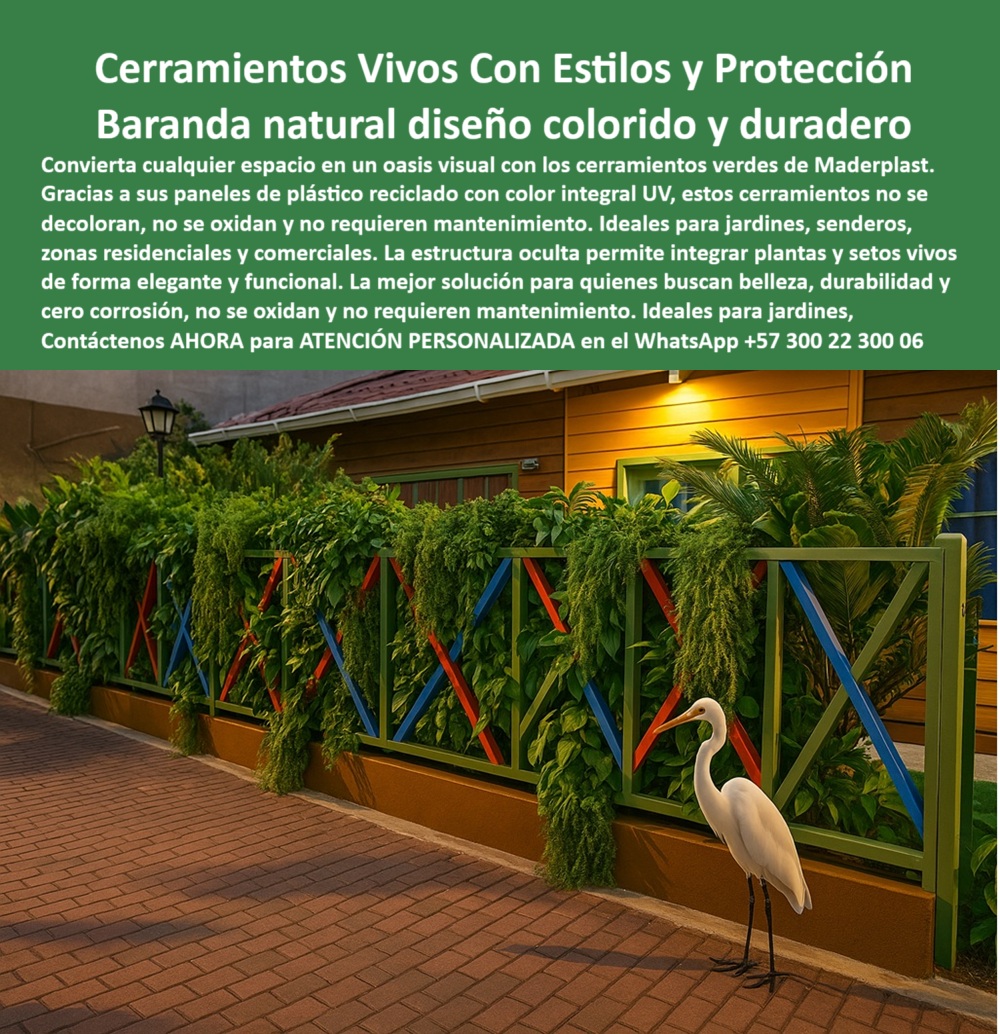 Cerramientos Verdes Barandas Estéticas Bandejas Siembra Ocultas Tutores Maderplast 0 Paneles cerramiento no se decoloran color integral UV Cerramientos estéticos para jardines Vallas sin corrosión Cercas vivas resistente 0  En la imagen se aprecia un espacio urbano completamente transformado: una baranda colorida y viva, envuelta por una vegetación exuberante, integra armoniosamente naturaleza y arquitectura en un entorno moderno. Este cerramiento verde modular con estructura plástica oculta y vegetación densa es la propuesta innovadora de Maderplast para quienes buscan combinar sostenibilidad, estética, durabilidad y cero mantenimiento. La escena muestra cómo una simple baranda se convierte en una cerca viva decorativa de jardín con soporte interno oculto y durabilidad extendida, gracias a una estructura invisible que sostiene los setos sin necesidad de alambres, pintura o riego permanente, - Este sistema inteligente, fabricado en plástico reciclado de ingeniería, ofrece mucho más que un elemento visual. Estamos ante una solución avanzada en cerramientos vivos para paisajismo urbano ecológico, donde el diseño ecológico no está reñido con la resistencia ni la funcionalidad. A diferencia del hierro, que requiere constante mantenimiento, esta baranda natural diseño colorido y duradero se mantiene como nueva año tras año, gracias a sus paneles plásticos con color integral resistentes al sol, protegidos contra los rayos UV, la lluvia, la humedad, y la salinidad costera, - Ante la pregunta frecuente: ¿Dónde comprar cerramientos verdes con plantas vivas?, la respuesta es clara: en Maderplast encuentras los mejores cerramientos-vivos-con-estructura-oculta, altamente estéticos, funcionales y diseñados para durar décadas sin cuidados. Si el cliente busca ¿Qué cerca para estos no se oxida y dura más de 20 años?, Maderplast entrega una cerca-para-setos-sin-corrosión que no se pudre, no se despinta y no se deforma. Cada estructura ecológica para setos y plantas trepadoras está diseñada con criterios de ingeniería y sostenibilidad, ideal para zonas húmedas, jardines, espacios comerciales, hoteles o parques temáticos, - Este cerramiento ecológico sin mantenimiento es también la mejor alternativa frente a cerramientos metálicos tradicionales que se oxidan, pierden estética o fallan con el tiempo. Gracias al uso de panel-modular-para-cerca-viva-resistente, su instalación es rápida, sin obra pesada, ni herramientas industriales. Además, su forma adaptable permite la creación de líneas curvas, esquinas, tramos rectos o combinaciones con otros sistemas paisajísticos. La estructura-oculta-para-setos-vivos que Maderplast propone es invisible a la vista, pero esencial para el soporte firme de una vegetación viva, que no necesita fertilizantes agresivos ni mantenimiento frecuente, - Los arquitectos, paisajistas y urbanistas que trabajan con conceptos biológicos encuentran aquí una solución real y duradera. ¿Cuál es la mejor valla decorativa ecológica para jardines? Sin duda, una valla-ecológica-duradera-para-jardines que no solo embellece sino que resiste la intemperie. ¿Qué productos evitarán el mantenimiento frecuente en jardines? Maderplast responde con vallas-ecológicas-autosuficientes-sin-cuidados, que garantizan belleza natural sin esfuerzo humano, - Los cerramientos estéticos para jardines deben ir más allá del ornamento: deben actuar como barreras protectoras, estructuras divisorias y soportes biológicos. En este caso, los sistemas de cerramiento oculto para setos vivos se encargan de todo: estructura, durabilidad, y soporte para plantas densas. Gracias a su fabricación en plástico reciclado, cada unidad es parte de una arquitectura viva y respetuosa con el entorno. Por eso, los clientes preguntan: ¿Qué cerramiento es ideal para parques y jardines botánicos? Y la respuesta es directa: cerramientos-vivos-para-jardín-botánico, que integran estética, ecología y larga vida útil, - Además, las aplicaciones son múltiples: zonas residenciales, senderos, hoteles, terrazas, piscinas, parques infantiles o muros verdes institucionales. La baranda ecológica de colores vivos que soporta setos naturales en exteriores no solo es bella, también es funcional. Su resistencia al impacto, al uso constante y al clima extremo permite su uso en zonas públicas con tráfico elevado, como lo exige el paisajismo ecológico residencial contemporáneo. Y si te preguntas ¿Cómo evitar que las cercas metálicas se oxidan?, la mejor estrategia es la sustitución-de-metal-por-polímero-reciclado, como el que Maderplast ha perfeccionado durante años, - Este sistema cumple con todas las expectativas del diseño moderno y ecológico: es una estructura modular ecológica para cerca viva resistente, estética y duradera, ideal para arquitecturas bioclimáticas, urbanismos verdes, y zonas institucionales que requieren durabilidad sin mantenimiento. Por ello, si un cliente pregunta ¿Qué material no se oxida y es ideal para exteriores?, la respuesta es contundente: plástico-ingeniería-reciclado-resistente-UV, sin pintura, sin mantenimiento, sin corrosión, - El impacto visual que vemos en esta imagen no es casual. Se trata de un sistema pensado para integrar la vegetación a la arquitectura. Las barandas-estéticas-resistentes-al-clima con estructura plástica interior garantizan una instalación duradera, sin fallas, y con la capacidad de integrarse a cualquier diseño contemporáneo o tradicional. Además, su fabricación con materiales reciclados permite que este cerramiento cumpla con normativas ambientales y sostenibles de todo tipo de proyectos, - Para cerrar, Maderplast reafirma su compromiso con la innovación funcional, la estética ecológica y la ingeniería avanzada al servicio del planeta y del cliente. Este tipo de cercas decorativas ecológicas resistentes al clima extremo no son solo una tendencia, son una evolución lógica en diseño urbano sostenible. Si tu proyecto exige una solución inteligente, duradera y bella, este sistema de cerramientos sin corrosión es lo que necesitas, -  Para cotizaciones, asesoría técnica o proyectos institucionales, recibe atención personalizada con un especialista Maderplast en el WhatsApp +57 300 22 300 06. Convierte tu visión verde en una realidad estructural con Maderplast: tecnología que se integra con la naturaleza, con belleza, con sentido, y con cero mantenimiento. Cerramientos Verdes Barandas Estéticas Bandejas Siembra Ocultas Tutores Maderplast 0 Paneles cerramiento no se decoloran color integral UV, - Cerramientos estéticos para jardines, - Vallas sin corrosión, - Cercas vivas resistente