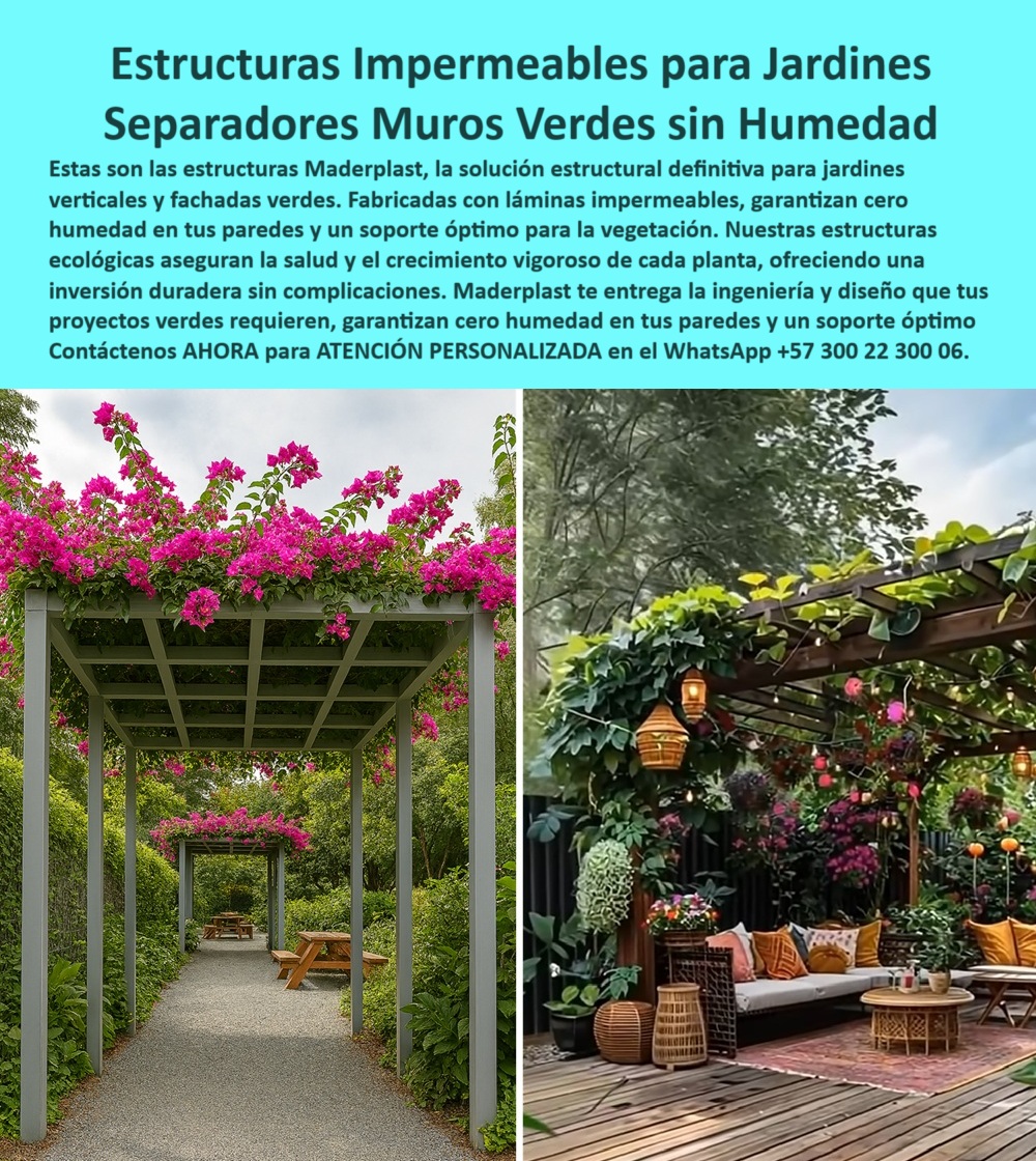 Estructuras Jardines Verticales Muros laminas Impermeables estructurales Maderplast 0 Estructuras jardines verticales impermeables sin humedad pared Soporte fachadas verdes Estructuras ecológicas garantizan salud planta 0  En la imagen se aprecia un entorno natural cuidadosamente diseñado con estructuras impermeables para jardines verticales, donde pérgolas floridas y separadores de muros verdes se convierten en el corazón visual y estructural de espacios al aire libre. Esta solución no solo embellece patios, terrazas o corredores, sino que transforma la manera en que se gestiona la humedad en muros vivos. Lo que antes era una preocupación constante —como el deterioro por filtración, la pudrición o el moho—, ahora es una historia del pasado gracias a la tecnología desarrollada por Maderplast, - Las estructuras Maderplast son el resultado de años de ingeniería aplicada a sistemas paisajísticos urbanos. Su diseño técnico incluye paneles antihumedad para jardines verticales fabricados con polímero reciclado de alto desempeño que no se corroe, no se oxida y, más importante aún, no permite filtraciones. Esto convierte a estas soluciones en el soporte ideal para vegetación ornamental, muros ajardinados con soporte técnico estructural, y pérgolas cubiertas por plantas trepadoras sin el riesgo de humedad constante. Cuando se habla de estructuras plásticas para fachadas ecológicas, no basta con que soporten peso: deben garantizar que las paredes se mantengan secas y que la vegetación crezca con salud y vigor, - La razón técnica por la cual estas soluciones son superiores es simple: sus componentes son impermeables desde el núcleo. Cuando alguien pregunta: ¿Qué estructuras sirven para muros verdes sin humedad?, la respuesta clara y profesional es que se debe instalar un sistema basado en estructuras impermeables garantizan soporte seco y duradero, como los desarrollados por Maderplast. Son soluciones que integran diseño, sustentabilidad y resistencia estructural en un solo producto, - Una de las necesidades más frecuentes entre arquitectos paisajistas es instalar pérgolas resistentes para terrazas ajardinadas que soporten el peso de las plantas, la humedad del ambiente y el paso del tiempo sin requerir mantenimiento constante. Aquí, los soportes técnicos para muros vegetales sin filtración de Maderplast se imponen por su eficiencia: estructuras livianas, sólidas, ecológicas y adaptables a cualquier diseño arquitectónico. Estas estructuras ecológicas garantizan salud planta porque evitan acumulación de agua, retienen la forma, no se deforman y promueven un desarrollo vegetal continuo y estable, - Frente a la pregunta común: ¿Qué usar para fachadas verdes sin filtraciones?, la solución que responde de forma técnica y definitiva son los soportes técnicos impermeables para vegetación continua, diseñados para integrarse tanto en obra nueva como en proyectos de remodelación. Ya no es necesario recurrir a soluciones metálicas que se oxidan ni a estructuras de madera que se pudren: Maderplast ha creado un soporte impermeable para jardines verticales que mantiene seco el muro, firme la estructura y viva la fachada, - Estas estructuras impermeables para patios verdes modernos están pensadas no solo para cumplir una función técnica, sino también estética y emocional. Permiten crear ambientes naturales donde la vegetación fluye sin obstáculo, y donde el cliente final no debe preocuparse por hongos, pintura, óxido o mantenimiento. Por eso, cuando la búsqueda se orienta hacia estructuras libres de hongos para plantas trepadoras, las de Maderplast surgen como la mejor alternativa: limpias, reciclables, resistentes a la intemperie y con color integral que no se decolora, - Si lo que se requiere es una estructura plástica para arquitectura paisajista que además sea modular, fácil de instalar y con resistencia UV, las soluciones de Maderplast también cubren este segmento. Estas estructuras son ideales para pérgolas, jardines verticales en altura, divisiones verdes de espacio público, o incluso como parte de techos verdes con pérgolas antihumedad en desarrollos de vanguardia, - Y cuando un diseñador pregunta: ¿Cómo evitar humedad en jardines verticales?, la respuesta profesional siempre será instalar estructuras plásticas impermeables y libres de hongos, como las que ves en la imagen. Se integran visualmente, respetan el entorno y funcionan como sistemas técnicos de alta eficiencia. En ciudades donde la humedad ambiental es alta, estas soluciones no sólo prolongan la vida útil del proyecto, sino que ahorran miles de pesos en mantenimiento y reparaciones, - Los separadores de muros verdes sin humedad permiten crear espacios diferenciados sin comprometer la salud de la planta ni la integridad del muro. Su uso está en auge en terrazas gourmet, pasillos de restaurantes, plazas comerciales, jardines verticales de hospitales y zonas comunes de conjuntos residenciales. Y en cada uno de esos escenarios, el común denominador es uno: estructuras recicladas para jardines sostenibles que eliminan el problema de las filtraciones desde la raíz, - Por eso, Maderplast ofrece más que productos. Ofrece soluciones listas para ser instaladas, con planos técnicos, asesoría personalizada y cumplimiento de estándares internacionales. Si tu proyecto requiere estructuras resistentes a la intemperie para el paisajismo, contáctanos hoy mismo. Te acompañamos desde el diseño hasta la ejecución, - Atención personalizada en el WhatsApp +57 300 22 300 06. Con Maderplast, diseñar con confianza y construyes para siempre, - estructuras-ecológicas-para-muros-verdes, - pérgolas-sin-humedad-para-jardines, - separadores-impermeables-de-plástico-reciclado, - soporte-modular-jardines-verticales, - estructuras-urbanas-para-fachadas-vivas Estructuras Jardines Verticales Muros laminas Impermeables estructurales Maderplast 0 Estructuras jardines verticales impermeables, sin humedad pared, - Soporte fachadas verdes, - Estructuras ecológicas garantizan salud planta, 0