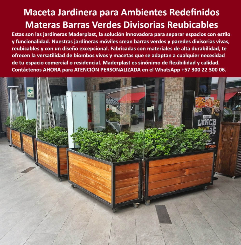 Jardineras Móviles Separadoras De Ambientes Biombos Vivos Macetas Maderplast 0 Jardineras móviles separan espacios barras verdes reubicables Paredes divisorias vivas diseño Jardineras móviles separan espacios Jardín 0 En una zona urbana moderna, vibrante y con alto tráfico comercial, las jardineras móviles de Maderplast emergen como una solución elegante, versátil y funcional para redefinir espacios. Frente a un restaurante cosmopolita, estas macetas divisorias reubicables para exteriores separan con naturalidad el área pública de la privada sin levantar muros, sin instalaciones permanentes, y con una estética que eleva el valor del entorno. Lo que antes se lograba con estructuras pesadas, ahora se consigue con materas con ruedas para terrazas y cafés que, además de ser prácticas, son sustentables, - Las barreras verdes vivas para restaurantes, que vemos en esta escena real, están compuestas por plantas frondosas alojadas en contenedores móviles para áreas públicas con acabados tipo madera clara y marcos negros de apariencia moderna. Las jardineras decorativas que se pueden mover permiten adaptarse a cualquier configuración del espacio, ya sea para aumentar capacidad en eventos, cerrar secciones con estilo o redefinir zonas comunes. Esto responde directamente a lo que buscan los usuarios cuando preguntan: ¿Qué jardineras puedo mover fácilmente sin obras? o ¿Qué macetas sirven como divisores vivos para terrazas comerciales?, - Estas materas recicladas resistentes a la intemperie están fabricadas en plástico técnico de alta durabilidad que no se deforma, no se pudre, no se agrieta y jamás requiere pintura. Maderplast ha eliminado el mantenimiento para siempre. Las paredes vivas con movilidad y elegancia que vemos aquí cumplen una doble función: ornamental y dividir. Esto las convierte en una herramienta indispensable para arquitectos comerciales, administradores de centros comerciales, diseñadores de cafés, terrazas, bares, hoteles y espacios gourmet que necesitan mantener el orden sin sacrificar la estética, - El diseño modular es otro de sus secretos: las jardineras se alinean perfectamente, permitiendo formar biombos vivos naturales con flujo visual continuo, sin interrupciones ni rupturas. A simple vista parecen muros vivos, pero con un pequeño empuje se reconfiguran, se ajustan o se retiran. La pregunta ¿Dónde conseguir jardineras que separan ambientes y no se dañen al sol ni la lluvia? tiene una única respuesta profesional: Maderplast, - Este producto es ideal tanto para interiores amplios como para exteriores exigentes. Su diseño estructural ha sido pensado para soportar el tráfico peatonal, las condiciones urbanas, el riego intensivo y la exposición prolongada al sol, al viento y al cloro. Las jardineras robustas para alto tráfico se destacan por su firmeza y estabilidad, aunque también por su ligereza al moverlas. No requieren herramientas, mantenimiento, ni personal especializado. Solo ubicación, uso y admiración, - Y como valor agregado, estas jardineras son completamente lavables, higiénicas y reciclables. En tiempos donde la sostenibilidad es más que una tendencia, los espacios que adoptan este tipo de mobiliario no solo ganan en funcionalidad, sino también en reputación. Con Maderplast, cada centímetro cuenta, cada planta vive con dignidad, y cada inversión genera ahorro a largo plazo, - Las jardineras Maderplast para interiores y exteriores no son simplemente macetas grandes con ruedas; son instrumentos de transformación visual, ambiental y comercial. Transforman corredores fríos en pasajes verdes. Cambian restaurantes comunes en espacios acogedores. Delimitan zonas sin encerrarlas, crean privacidad sin perder apertura, y embellecen sin interferir, - ¿Listo para redefinir tu espacio con biombos verdes móviles, resistentes y con diseño de alto impacto? Contáctanos hoy mismo por WhatsApp al +57 300 22 300 06 y descubre cómo llevar tus proyectos comerciales o residenciales a un nuevo nivel con jardineras Maderplast: la solución móvil, estética y sin mantenimiento que transforma cualquier ambiente en un espacio memorable.  Jardineras Móviles Separadoras De Ambientes Biombos Vivos Macetas Maderplast 0 Jardineras móviles separan espacios, barras verdes, reubicables, Paredes divisorias vivas diseño, - Jardineras móviles separan espacios Jardín