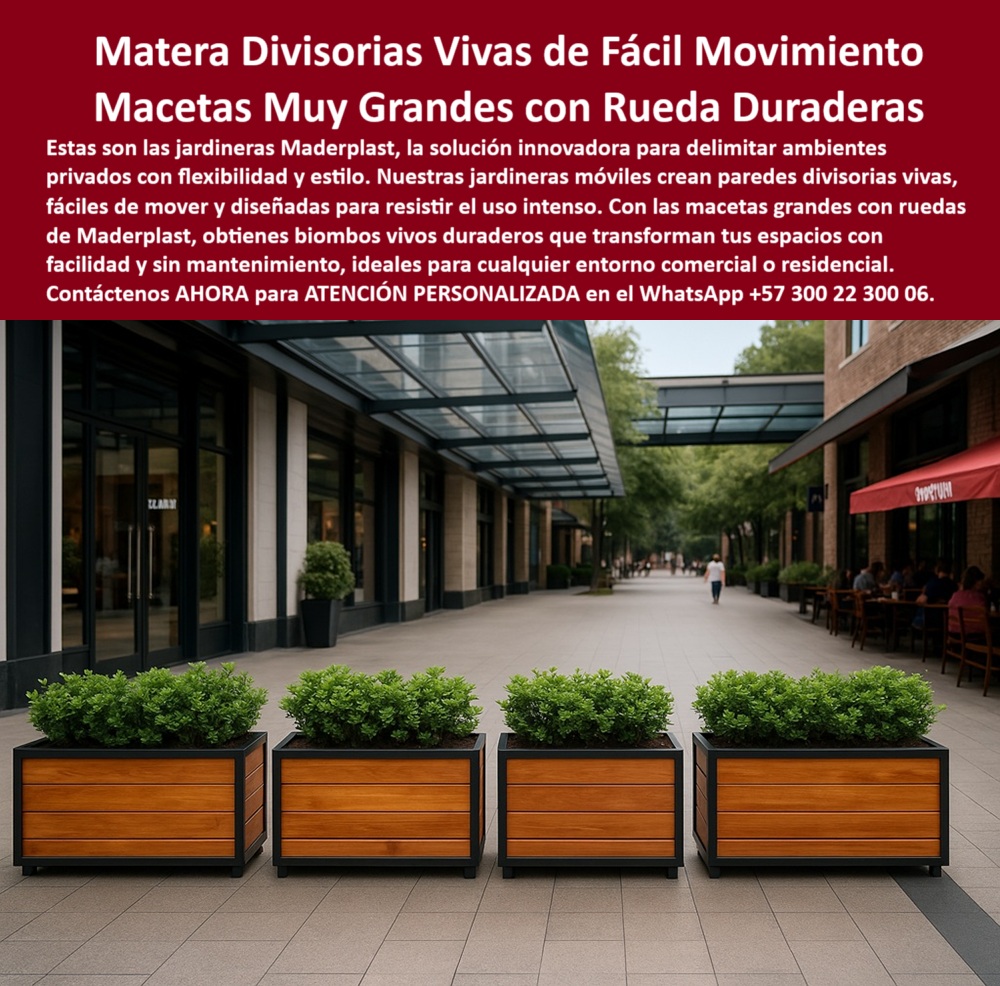 Jardineras Móviles Separadoras De Ambientes Biombos Vivos Macetas Maderplast 0 Paredes divisorias vivas fácil movimiento resisten uso intenso Macetas grandes con ruedas duraderas Delimitaciones modulares ambientes privados 0  Jardineras Maderplast: La Solución Definitiva para la División de Espacios con Estilo y Sostenibilidad, - En un mundo donde la flexibilidad y el diseño se han vuelto esenciales, surge una necesidad imperante: la de transformar y optimizar los espacios de manera dinámica y atractiva. Si usted busca una solución que combine funcionalidad, estética y sostenibilidad, las jardineras móviles para dividir espacios urbanos de Maderplast son la respuesta. A través de un diseño arquitectónico innovador y la más alta tecnología en plásticos de ingeniería, estas jardineras separadoras resistentes al uso intenso y las macetas grandes con ruedas para locales comerciales se han convertido en la opción preferida por arquitectos, diseñadores de interiores y propietarios de negocios en toda Colombia y más allá, - Nuestro producto estrella, fabricado con plástico 100% reciclado, redefine el concepto de división de ambientes. A diferencia de las soluciones tradicionales, Maderplast le ofrece biombos vivos para espacios exteriores sin mantenimiento que no solo delimitan áreas, sino que también las enriquecen con la belleza de la naturaleza. Estos divisores de ambientes móviles con vegetación son la perfecta fusión entre lo ecológico y lo funcional, permitiendo crear materas grandes para delimitar zonas privadas que ofrecen privacidad y un toque verde sin los dolores de cabeza de los cuidados constantes. ¿Se pregunta dónde comprar jardineras con ruedas ocultas ? La respuesta es Maderplast, donde encontrará jardineras móviles resistentes y elegantes que transformarán cualquier entorno, - Con Maderplast, usted obtiene mucho más que una simple jardinera. Se trata de una solución completa que responde a las necesidades más exigentes del mercado. Si su pregunta es qué macetas grandes sirven como divisores , las macetas Maderplast delimitan espacios con diseño biofílico con una robustez inigualable. Para aquellos que se preocupan por la durabilidad, nuestras jardineras ecológicas con ruedas ocultas están diseñadas para resistir el paso del tiempo. Y si se cuestiona qué jardineras no se oxidan ni se pudren , Maderplast fabrica jardineras duraderas en plástico reciclado que superan con creces a las de madera o metal, eliminando la necesidad de pintura y mantenimiento constante. Las jardineras sin pintura que no se oxidan son una realidad tangible con nuestra tecnología, lo que las convierte en la mejor inversión a largo plazo para cualquier negocio o residencia, - Estas jardineras-móviles-con-división-natural son la herramienta ideal para cualquier proyecto paisajístico que requiera adaptabilidad. Nuestros maceteros modulares para proyectos paisajísticos se pueden configurar de infinitas maneras para crear divisores de espacio para restaurantes y cafeterías , divisorias verdes móviles para oficinas abiertas o cualquier otra configuración que se imagine. ¿Busca macetas grandes para ambientes urbanos ? Las jardineras Maderplast resistentes al uso intenso y al clima están preparadas para soportar las condiciones más adversas, desde la exposición al sol y la lluvia hasta el alto tráfico peatonal , sin perder su acabado tipo madera o su integridad estructural. Si quiere saber qué divisores vivos puede mover fácilmente , nuestras jardineras con ruedas integradas y estructura firme son la respuesta, permitiéndole organizar su espacio en cuestión de minutos, - La versatilidad de nuestros productos es una de sus mayores ventajas. Con Maderplast, usted obtiene barreras vivas con plantas integradas y móviles que actúan como jardineras duraderas para alto tráfico peatonal . Si la pregunta es maceteros que resisten el tráfico peatonal , Maderplast ofrece contenedores robustos con plantas naturales que se mantienen firmes y estables, incluso en las zonas más concurridas. Nuestras jardineras resistentes para terrazas y andenes no sólo son funcionales, sino que también aportan un valor estético inigualable. Y si lo que necesita es saber qué usar para dividir espacios privados , le aseguramos que nuestras jardineras con vegetación que generan privacidad visual son la opción perfecta, - Maderplast no solo ofrece un producto, sino una solución integral para cualquier espacio. Para aquellos que buscan maceteros industriales con diseño arquitectónico , nuestros productos combinan la resistencia del plástico de ingeniería con la elegancia de los acabados más modernos. ¿Se pregunta dónde encontrar barreras verdes portátiles ? Maderplast crea biombos móviles con acabado arquitectónico que son tan funcionales como hermosos. Si la idea de jardineras grandes sin mantenimiento le resulta atractiva, las macetas Maderplast no requieren pintura ni cuidados constantes , permitiéndote disfrutar de la belleza de las plantas sin la carga del mantenimiento. Y para los que buscan qué macetas sirven como paredes móviles , nuestras jardineras modulares de gran volumen con movilidad y diseño son la solución definitiva, - El diseño de nuestros productos ha sido meticulosamente pensado para integrarse en cualquier entorno. Con nuestras macetas-grandes-con-ruedas-ocultas , que ofrecen una movilidad discreta y elegante, y nuestras materas móviles de fácil desplazamiento , la flexibilidad del diseño es total. Los separadores de espacio para restaurantes y cafeterías de Maderplast no solo delimitan áreas, sino que también crean ambientes acogedores y atractivos. Las jardineras con vegetación natural incorporadas ofrecen una experiencia sensorial completa, mejorando la calidad del aire y la estética del entorno. Para los que buscan soluciones ecológicas para separación de áreas , Maderplast le ofrece contenedores decorativos con plantas naturales que son la perfecta combinación de diseño y conciencia ambiental, - Nuestros biombos-vivos-para-ambientes-comerciales son ideales para quienes desean biombos vegetales móviles para dividir espacios de manera natural y atractiva. Si lo que necesita son jardineras reubicables con bajo mantenimiento , nuestras macetas-grandes-con-ruedas-ocultas son la elección inteligente. Las macetas decorativas industriales para zonas comunes de Maderplast están diseñadas para resistir y embellecer, sin importar el uso. Y si está buscando barreras-verdes-para-paisajismo-urbano , Maderplast ofrece barreras verdes duraderas con ruedas ocultas que son tan robustas como estéticas, - Para quienes buscan divisores de espacios verdes reubicables y soluciones de alta gama, Maderplast ofrece delimitadores verdes para ambientes premium que se adaptan a las necesidades más exigentes. Nuestro mobiliario urbano ecológico con ruedas es una prueba de que la sostenibilidad y el diseño pueden ir de la mano. Con nuestras jardineras modulares con ruedas ocultas, estructura de plástico reciclado y vegetación viva integrada , usted adquiere una solución de alto rendimiento y bajo impacto ambiental. Estas macetas grandes tipo biombo con plantas naturales, ideales para dividir espacios comerciales , son la respuesta a las necesidades modernas de flexibilidad y diseño, - Las paredes divisorias de vegetación natural en estructuras móviles resistentes al uso intensivo de Maderplast son la opción ideal para cualquier entorno que requiera una solución duradera y visualmente atractiva. Para los dueños de negocios que buscan jardineras grandes para cafés, restaurantes y oficinas que buscan delimitar con verde , nuestras materas estilo industriales con ruedas que crean barreras verdes reubicables en segundos son la inversión más inteligente. Con Maderplast, usted obtiene un producto de vanguardia, un diseño robusto, con diseño arquitectónico moderno y acabados tipo madera , y un compromiso total con la sostenibilidad, - No esperes más para transformar sus espacios. Para una asesoría técnica y comercial personalizada, contacte con un especialista Maderplast. ¡Nuestras soluciones verdes para ambientes comerciales le esperan!, - Solicite Asesoría Técnica y Comercial Personalizada con un Especialista Maderplast al WhatsApp +57 300 22 300 06 Jardineras Móviles Separadoras De Ambientes Biombos Vivos Macetas Maderplast 0 Paredes divisorias vivas fácil movimiento, resisten uso intenso, - Macetas grandes con ruedas duraderas, - Delimitaciones modulares ambientes privados