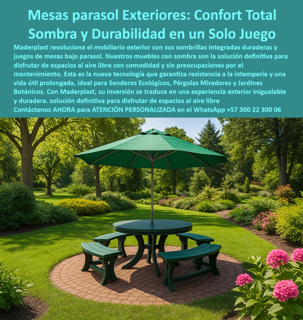 Mobiliario con sombrillas juego mesas Con Parasol mubles Con sombra Maderplast 0 Sombrillas integradas duraderas Mobiliario Exterior con sombrillas juego mesas Bajo Parasol mubles exteriores son sombra Maderplast Mobiliario 0  Maderplast: Confort, Sombra y Durabilidad en un Solo Juego de Mobiliario Exterior, - La búsqueda del mobiliario exterior perfecto para parques, jardines o senderos ecológicos a menudo termina en una decepción: productos que se deterioran con el sol, se oxidan con la lluvia o requieren de un mantenimiento constante. Maderplast ha revolucionado el mercado con su línea de mesas exteriores con sombrilla integrada , ofreciendo una solución que combina estética, funcionalidad y cero preocupaciones. Nuestros juegos de mesa bajo sombrilla y muebles con sombra para parques públicos son la respuesta definitiva para quienes buscan crear espacios al aire libre cómodos y resistentes a la intemperie. Esta es la nueva tecnología que garantiza una vida útil prolongada, ideal para senderos ecológicos , pérgolas, miradores y jardines botánicos . Si se pregunta qué juegos de mesas vienen con sombrilla , Maderplast ofrece juegos con sombrilla integrados que son la combinación perfecta de diseño y resistencia, - La durabilidad es el pilar de Maderplast. Fabricamos mobiliario exterior resistente al clima con plásticos reciclados de alta ingeniería, lo que nos permite ofrecer productos que superan a los materiales tradicionales como la madera o el metal. Nuestros muebles para senderos ecológicos con sombrilla y juegos de jardín con bancos curvos y sombrillas están diseñados para resistir la exposición constante al sol, la lluvia, el viento y la humedad, sin perder su color ni su integridad estructural. ¿Busca mobiliario exterior con sombra incluida ? Maderplast tiene mesas con sombrilla fija que proporcionan un área de descanso perfecta. Y si la pregunta es dónde comprar mesas para parque con bancos y sombrilla , Maderplast fabrica soluciones duraderas que se adaptan a cualquier entorno, - El diseño inteligente de nuestros productos está pensado para el confort del usuario y la facilidad de uso. Las mesas redondas con bancos de plástico integrados y mesa picnic con sombra fija incorporada están diseñadas para fomentar la interacción y ofrecer un espacio de reunión cómodo y fresco. Para aquellos que se preguntan qué muebles para jardín no necesitan mantenimiento , Maderplast resiste la intemperie sin deterioro , lo que le permite disfrutar de sus espacios al aire libre sin la carga de la pintura o las reparaciones. Nuestros muebles duraderos para zonas verdes públicas y mobiliario para parques botánicos duraderos son una inversión inteligente a largo plazo. Si buscas mesas para picnic con sombra , te aseguramos que los juegos bajo sombrilla de Maderplast son la mejor opción del mercado, - La resistencia es un factor clave en el mobiliario exterior, y Maderplast lo ha llevado al siguiente nivel. Nuestras sombrillas resistentes al viento para jardines y sombrillas de plástico reciclado resistentes UV están integradas en la estructura de la mesa, garantizando una estabilidad inigualable. Para quienes buscan muebles exteriores con diseño ergonómico , Maderplast ofrece confort con resistencia a través de nuestros bancos sin mantenimiento para exteriores húmedos y nuestro conjunto de mesa, bancos y sombrilla integrados . Y si la pregunta es qué muebles exteriores duran muchos años , Maderplast es líder en sostenibilidad ecológica , superando a la competencia en resistencia y vida útil, - El impacto visual y la funcionalidad de nuestros productos son insuperables. Si busca juegos de parque con mobiliario ecológico o conjuntos picnic con techado central duradero , Maderplast es la solución. Nuestros juegos de jardín sin pintura ni óxido son la respuesta a la pregunta qué bancos sirven para jardines con humedad , ya que nuestra tecnología los hace inmunes a la corrosión y el deterioro. La sombra con sombrilla fija sin deterioro y el diseño de mesa y bancos con diseño circular funcional crean un punto de encuentro perfecto para cualquier espacio. Y para aquellos que buscan sombrillas resistentes al viento para parque , Maderplast integra sombrillas en sus muebles de manera segura y estable, - En Maderplast, cada detalle ha sido pensado para ofrecer una experiencia única. Si busca juegos de exteriores estéticos y funcionales o una solución para sombra en áreas al aire libre , nuestros productos se adaptan perfectamente. El mobiliario reciclado para uso continuo exterior es la prueba de nuestro compromiso con la sostenibilidad. La pregunta de sombrilla fija con mesa para exteriores se responde con Maderplast, que une funcionalidad y sombra en un solo juego . Nuestras mesas redondas plásticas con sombra natural y los conjuntos picnic con techo central duradero son la solución perfecta para cualquier parque, jardín o área recreativa que busque ofrecer un espacio de calidad, - La combinación de juegos de parque con mobiliario ecológico y juegos de jardín sin pintura ni óxido ofrece una solución sostenible y duradera. Si buscas sombra con parasol fijo sin deterioro , los productos de Maderplast son la elección inteligente. Nuestras mesas-parasol-para-exteriores y muebles-con-sombra-integrada son ideales para jardines botánicos duraderos , parques públicos y áreas de descanso en colegios o jardines . La pregunta de solución para sombra en áreas al aire libre se resuelve con la estética y la durabilidad de Maderplast, - El juego de jardín con mesa redonda y cuatro bancos curvos bajo sombrilla verde integrada es un ejemplo perfecto de nuestro diseño. Los bancos de plástico curvos rodeando la mesa redonda, ubicados en un jardín bien cuidado, crean una imagen de confort y armonía. Con Maderplast, el mobiliario en parque con vegetación abundante, sombra provista por sombrilla central duradera es una realidad. Nuestro conjunto de descanso ecológico sobre superficie de ladrillo en zona ajardinada es la prueba de que la sostenibilidad y la estética pueden ir de la mano. Solicita tu cotización ahora con atención personalizada por WhatsApp +57 300 22 300 06. Vive la sombra inteligente con Maderplast . Mobiliario con sombrillas juego mesas Con Parasol mubles Con sombra Maderplast 0  Sombrillas integradas duraderas, - Mobiliario Exterior con sombrillas juego mesas Bajo Parasol mubles exteriores son sombra Maderplast Mobiliario
