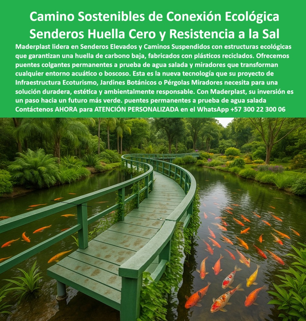 Senderos Elevados Camino suspendido Piso Senderismo Aéreo Estructuras Maderplast 0 Estructuras elevadas sostenibles huella de carbono baja plásticos reciclados Puentes colgantes permanentes a prueba de agua salada Miradores 0  La imagen muestra un sendero elevado de color verde, con una forma curva que se proyecta sobre un estanque. El estanque está poblado por una gran cantidad de peces koi de color naranja y blanco. El sendero está rodeado de una frondosa vegetación tropical, con árboles y arbustos que crean una atmósfera de serenidad y naturaleza. Las barandas del sendero, también de color verde, tienen un diseño orgánico que se integra armoniosamente con el paisaje. El camino de tablones, también de color verde, parece estar hecho de un material uniforme y resistente. La imagen transmite una sensación de conexión ecológica, donde la infraestructura humana se fusiona con el entorno natural sin causar impacto negativo, - Maderplast: Caminos Sostenibles de Conexión Ecológica que Transforman Espacios Acuáticos, - En el ámbito del ecoturismo, la arquitectura paisajista y la infraestructura sostenible, existe una necesidad creciente de soluciones que permitan a las personas interactuar con la naturaleza sin alterar los ecosistemas. Maderplast lidera este sector con sus senderos elevados y caminos suspendidos que ofrecen una solución duradera y ambientalmente responsable. Nuestros senderos huella cero y resistencia a la sal están diseñados con estructuras ecológicas que garantizan una huella de carbono baja, fabricados con plásticos reciclados. Ofrecemos puentes colgantes permanentes a prueba de agua salada y miradores que transforman cualquier entorno acuático o boscoso. Si se pregunta qué usar para construir un sendero sobre la laguna, la respuesta es un camino elevado Maderplast anticorrosivo, - La tecnología de Maderplast redefine el concepto de infraestructura sostenible. Nuestros senderos elevados ecológicos para parques naturales y los caminos suspendidos resistentes al agua salada están fabricados con materiales que son inmunes a la corrosión, el deterioro y el óxido. Si su preocupación es qué puente sirve para zonas con humedad y salinidad, le aseguramos que nuestra pasarela reciclada resistente al agua salada es la solución perfecta. Las estructuras sostenibles de paso en entornos boscosos y las pasarelas plásticas recicladas para reservas ecológicas son la prueba de que se puede tener una infraestructura resistente sin sacrificar el medio ambiente. La pregunta de cuál es el mejor material para caminos ecológicos se responde con nuestro plástico reciclado con cero huella de carbono, - La versatilidad de nuestros productos es inigualable. Los senderos livianos de bajo impacto ambiental y los puentes ecológicos para jardines botánicos y acuáticos se adaptan a cualquier proyecto. Si se pregunta qué usar en senderos de parques naturales, Maderplast le ofrece una estructura elevada liviana sin mantenimiento. Las pasarelas resistentes al clima para ecoturismo y los caminos flotantes que no dañan ecosistemas naturales son la solución perfecta para proyectos de ecoturismo que buscan una solución duradera y de bajo impacto. La pregunta de qué camino usar para jardinería con agua se responde con nuestra pasarela plástica sin deterioro por humedad, - La durabilidad y el bajo mantenimiento son pilares de Maderplast. Nuestros senderos elevados para zonas húmedas sin mantenimiento y los caminos plásticos resistentes a salinidad y humedad están diseñados para resistir el paso del tiempo sin necesidad de reparaciones. Si se pregunta cómo construir un puente ecológico sin obra pesada, la respuesta es nuestro camino modular de ensamblaje fácil Maderplast. Las plataformas ecológicas para senderismo sobre bosques y los senderos suspendidos con vista panorámica sostenibles son la prueba de que se puede tener una infraestructura resistente y de bajo costo. Y si busca qué estructura sirve para zonas turísticas con agua, nuestro puente peatonal permanente anticorrosivo es la elección ideal, - Con Maderplast, el diseño sostenible es una realidad. Nuestro puente peatonal reciclado y anticorrosivo para zonas verdes y los caminos de conexión ecológica para proyectos verdes son ideales para cualquier proyecto. Si buscas infraestructura sostenible en parques naturales tropicales, Maderplast es la respuesta. Los senderos con diseño natural para integración paisajística y el camino elevado con anclaje flotante anticorrosivo son la prueba de que se puede tener una infraestructura resistente y estéticamente agradable. Y para quienes buscan qué usar en miradores con acceso ecológico, nuestro sendero flotante liviano de alta duración es la solución definitiva, - La funcionalidad y la seguridad se fusionan en Maderplast. Nuestras pasarelas curvas sobre ríos o lagunas artificiales y las pasarelas recicladas para zoológicos y zonas acuáticas están diseñadas para garantizar la seguridad de los peatones. Si su preocupación es qué solución hay para caminos sin cemento, nuestra pasarela elevada con fijación ligera y segura es la respuesta. El puente ecológico curvo para zonas costeras y los senderos con vista sobre lagos para jardines premium son la prueba de que se puede tener una infraestructura resistente y estéticamente agradable. Y si busca qué sendero no contamina y dura años, nuestra estructura elevada Maderplast sin pintura ni óxido es la solución perfecta, - Nuestra pasarela curva de plástico reciclado sobre lago artificial en jardín botánico y el sendero ecológico suspendido en zona acuática rodeada de árboles y palmas son ejemplos perfectos de cómo nuestras estructuras se integran en el entorno. Con Maderplast, usted obtiene una estructura de paso flotante sobre agua con baranda doble curva que es resistente, estética y funcional. Para una asesoría especializada con un especialista de Maderplast, atención personalizada en este Whatsapp 57+ 300 22 300 06. Senderos Elevados Camino suspendido Piso Senderismo Aéreo Estructuras Maderplast 0 Estructuras elevadas sostenibles huella de carbono baja, plásticos reciclados, - Puentes colgantes permanentes a prueba de agua salada, Miradores