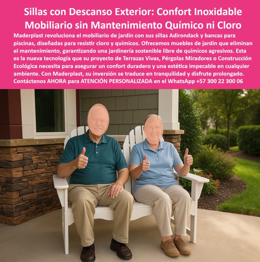Sillas Adirondack Exteriores Banca Jardín Mobiliario Libre Mantenimiento Silla Maderplast 0 Bancas para piscinas resistentes al cloro y químicos Muebles de jardín sin mantenimiento Jardinería sustentable cero químicos Silla 0  En la imagen vemos una escena serena, donde dos adultos mayores disfrutan de un momento de tranquilidad sobre una banca blanca de jardín con doble espaldar curvo estilo Adirondack, ubicada frente a un hogar contemporáneo con jardín cuidado. Sus rostros reflejan comodidad, pero lo que realmente brilla en esta postal es la silla: una pieza de mobiliario sin mantenimiento químico, diseñada específicamente para exteriores exigentes como terrazas ecológicas, piscinas, spas o jardines botánicos, - Este no es un asiento cualquiera. Es una silla adirondack resistente al cloro, fabricada por Maderplast en plástico reciclado de ingeniería que no se oxida, no se pudre, no pierde color, y sobre todo, no requiere ningún tipo de pintura o barniz. Es decir, es mobiliario exterior sin corrosión, preparado para resistir entornos cargados de humedad, salinidad, cloro o riego constante. Ideal para quienes buscan sillas adirondack exteriores blancas que resistan el paso del tiempo sin agrietarse ni deformarse, - Cuando alguien pregunta: ¿qué sillas para exteriores no se oxidan?, o ¿qué asiento evita el mantenimiento por químicos o humedad?, la respuesta es directa: Maderplast. Su tecnología exclusiva permite crear sillas ecológicas para exteriores sin porosidades, con superficie lisa y sin tornillos visibles, que soportan incluso el contacto diario con químicos agresivos como el cloro de piscinas o la sal de ambientes costeros, - Para proyectos institucionales, urbanizaciones, clubes campestres o zonas comunes en hoteles y conjuntos, la inversión en mobiliario sin mantenimiento químico se convierte en ahorro real. Ya no hay que preocuparse por la reposición constante de bancas deterioradas ni por retoques costosos. Estas bancas resistentes al sol y lluvia, pensadas para exteriores con alta exigencia, están diseñadas para durar décadas, - Además, su diseño no es improvisado. Cada línea, cada curva, cada ángulo está cuidadosamente desarrollado para maximizar la ergonomía y la estética. El asiento amplio de ángulo bajo es perfecto para personas mayores o con movilidad reducida, mientras que sus descansabrazos amplios permiten apoyar cómodamente los brazos sin sensación de rigidez. Esta atención al detalle hace que las sillas Adirondack de Maderplast no solo sean fuertes, sino elegantes, - La tecnología de pigmentación integral UV garantiza que estas sillas de descanso sin químicos mantengan su color blanco inalterable con el paso de los años. No amarillean, no se decoloran, no requieren repintado. Incluso en zonas con exposición directa al sol o lluvia intensa, siguen luciendo como nuevas. Y esto es lo que buscan quienes formulan preguntas como: ¿cuál es la mejor silla para jardines con humedad?, o ¿qué silla para spa exterior resiste sin deformarse?, - Gracias a su base estructural reforzada e invisible, estas bancas para piscinas resistentes al cloro y químicos soportan pesos altos sin perder forma. Su capacidad de adaptación a diferentes entornos hace que sean ideales tanto para urbanizaciones con humedad constante, como para terrazas turísticas, clubes náuticos, hoteles, o incluso instituciones que apuestan por la sostenibilidad real, - Y es que no se trata solo de durabilidad. Maderplast ha logrado un equilibrio perfecto entre tecnología, eco diseño y funcionalidad. Este mobiliario para espacios públicos ecológico no solo cumple su misión estructural, sino que también embellece y da valor a los proyectos de paisajismo urbano, jardinería sustentable o construcción ecológica, - Si te has preguntado ¿qué sillas para exteriores son buenas para zonas húmedas?, ¿qué mobiliario no requiere químicos ni mantenimiento? o ¿qué bancos aguantan el clima extremo y la exposición constante?, Maderplast tiene la respuesta. Más de 20 años de innovación en materiales reciclados avalan estas soluciones que no solo protegen el medio ambiente, sino que también ofrecen confort, ahorro y tranquilidad, - Transforma tu entorno, elimina el mantenimiento y gana en estética con las sillas Maderplast. Contacta ahora mismo por WhatsApp al +57 300 22 300 06 y recibe atención personalizada con un especialista que te guiará en la mejor decisión para tus proyectos exteriores. Porque una buena silla… no solo se ve, se siente, y con Maderplast… se disfruta sin preocupaciones. Sillas Adirondack Exteriores Banca Jardín Mobiliario Libre Mantenimiento Silla Maderplast 0 Bancas para piscinas resistentes al cloro y químicos, - Muebles de jardín sin mantenimiento, - Jardinería sustentable cero químicos Silla
