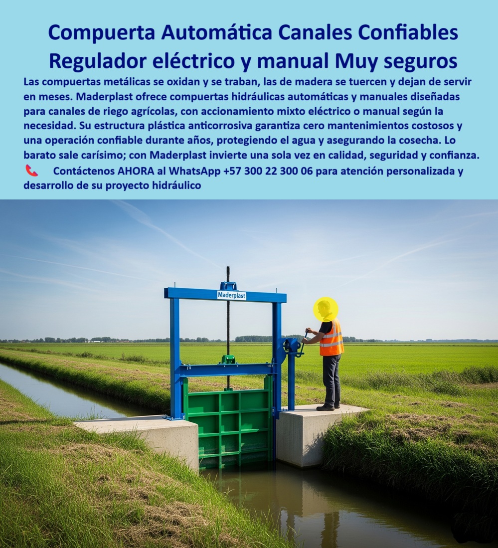 Compuertas automáticas y manuales canal de riego Compuerta canal lateral Maderplast Compuerta Automática para Canales Confiables: El Regulador Eléctrico y Manual para una Agricultura Segura, La imagen que usted ve no es solo una compuerta; es la solución definitiva para los problemas que aquejan a la agricultura moderna. Las compuertas metálicas se oxidan y se traban, las de madera se tuercen y dejan de servir en meses. Maderplast ofrece compuertas hidráulicas automáticas y manuales diseñadas para canales de riego agrícolas, con un accionamiento mixto eléctrico o manual según la necesidad. Su estructura plástica anticorrosiva garantiza cero mantenimientos costosos y una operación confiable durante años, protegiendo el agua y asegurando la cosecha. Olvídese del dicho “lo barato sale carísimo”; con Maderplast usted invierte una sola vez en calidad, seguridad y confianza, En el corazón de la agricultura, el control preciso del caudal es la clave del éxito. En Maderplast, entendemos que la eficiencia y la seguridad son tan vitales como el agua misma. ¿Busca una solución que combine lo mejor de la tecnología con la durabilidad que su proyecto agrícola exige?, ¿Qué compuerta usar para un canal de riego? La respuesta es clara: la compuerta hidráulica automática y manual de Maderplast, que es una compuerta anticorrosiva y duradera. Su diseño adaptable permite una instalación sencilla en cualquier canal de riego agrícola o canal lateral, garantizando una operación continua, ¿Qué compuerta no necesita mantenimiento? Aquí tienes la respuesta que buscas: la compuerta plástica reforzada anticorrosión para canales. Nuestra solución anticorrosiva elimina por completo el óxido y los costosos cuidados, liberando a su equipo de labores innecesarias. Es, sin lugar a dudas, una compuerta hidráulica de bajo mantenimiento, ¿Qué compuerta funciona con electricidad y manual? La solución es la compuerta hidráulica mixta para riego agrícola de Maderplast. Su accionamiento mixto brinda la flexibilidad del control manual con la precisión de la automatización. Es una compuerta con control mixto eficiente que asegura la continuidad incluso en cortes de energía, ¿Qué compuerta resiste ambientes húmedos? La compuerta anticorrosiva con larga vida útil de Maderplast está fabricada con polímeros que resisten la humedad y los ambientes agrícolas, garantizando una compuerta duradera para riego intensivo, ¿Qué compuerta es más confiable para riego? El mejor resultado es la compuerta hidráulica reforzada, segura y adaptable. Esta compuerta profesional para riego asegura un flujo constante, una regulación de caudal confiable y un control remoto confiable para su sistema, El testimonio de la Ingeniera Laura González es una prueba contundente de nuestro valor: “Soy Laura González, Ingeniera Hidráulica de un distrito de riego en Valle del Cauca. Con la compuerta automática de Maderplast logramos control remoto, cero fallos por corrosión y reducción del 90% en costos de mantenimiento. Hoy operamos con seguridad y confiabilidad absoluta.”, En Maderplast, nos enorgullece ofrecer una compuerta hidráulica profesional para riego, una compuerta de precisión hidráulica para riego agrícola que se adapta a sus necesidades y supera todas las expectativas, Para una atención personalizada y el desarrollo de su proyecto, contáctenos ahora mismo al WhatsApp +57 300 22 300 06. 0 compuerta hidráulica automática para canales compuerta con sistema mixto eléctrico y manual compuerta hidráulica mixta manual Canales 0 Compuertas automáticas y manuales canal de riego Compuerta canal lateral Maderplast 0 compuerta hidráulica automática para canales compuerta con sistema mixto eléctrico y manual compuerta hidráulica mixta manual Canales 0 Compuerta Automática para Canales Confiables: El Regulador Eléctrico y Manual para una Agricultura Segura, La imagen que usted ve no es solo una compuerta; es la solución definitiva para los problemas que aquejan a la agricultura moderna. Las compuertas metálicas se oxidan y se traban, las de madera se tuercen y dejan de servir en meses. Maderplast ofrece compuertas hidráulicas automáticas y manuales diseñadas para canales de riego agrícolas, con un accionamiento mixto eléctrico o manual según la necesidad. Su estructura plástica anticorrosiva garantiza cero mantenimientos costosos y una operación confiable durante años, protegiendo el agua y asegurando la cosecha. Olvídese del dicho “lo barato sale carísimo”; con Maderplast usted invierte una sola vez en calidad, seguridad y confianza, En el corazón de la agricultura, el control preciso del caudal es la clave del éxito. En Maderplast, entendemos que la eficiencia y la seguridad son tan vitales como el agua misma. ¿Busca una solución que combine lo mejor de la tecnología con la durabilidad que su proyecto agrícola exige?, ¿Qué compuerta usar para un canal de riego? La respuesta es clara: la compuerta hidráulica automática y manual de Maderplast, que es una compuerta anticorrosiva y duradera. Su diseño adaptable permite una instalación sencilla en cualquier canal de riego agrícola o canal lateral, garantizando una operación continua, ¿Qué compuerta no necesita mantenimiento? Aquí tienes la respuesta que buscas: la compuerta plástica reforzada anticorrosión para canales. Nuestra solución anticorrosiva elimina por completo el óxido y los costosos cuidados, liberando a su equipo de labores innecesarias. Es, sin lugar a dudas, una compuerta hidráulica de bajo mantenimiento, ¿Qué compuerta funciona con electricidad y manual? La solución es la compuerta hidráulica mixta para riego agrícola de Maderplast. Su accionamiento mixto brinda la flexibilidad del control manual con la precisión de la automatización. Es una compuerta con control mixto eficiente que asegura la continuidad incluso en cortes de energía, ¿Qué compuerta resiste ambientes húmedos? La compuerta anticorrosiva con larga vida útil de Maderplast está fabricada con polímeros que resisten la humedad y los ambientes agrícolas, garantizando una compuerta duradera para riego intensivo, ¿Qué compuerta es más confiable para riego? El mejor resultado es la compuerta hidráulica reforzada, segura y adaptable. Esta compuerta profesional para riego asegura un flujo constante, una regulación de caudal confiable y un control remoto confiable para su sistema, El testimonio de la Ingeniera Laura González es una prueba contundente de nuestro valor: “Soy Laura González, Ingeniera Hidráulica de un distrito de riego en Valle del Cauca. Con la compuerta automática de Maderplast logramos control remoto, cero fallos por corrosión y reducción del 90% en costos de mantenimiento. Hoy operamos con seguridad y confiabilidad absoluta.”, En Maderplast, nos enorgullece ofrecer una compuerta hidráulica profesional para riego, una compuerta de precisión hidráulica para riego agrícola que se adapta a sus necesidades y supera todas las expectativas, Para una atención personalizada y el desarrollo de su proyecto, contáctenos ahora mismo al WhatsApp +57 300 22 300 06. Compuertas automáticas y manuales canal de riego Compuerta canal lateral Maderplast 0 compuerta hidráulica automática para canales compuerta con sistema mixto eléctrico y manual compuerta hidráulica mixta manual Canales 0