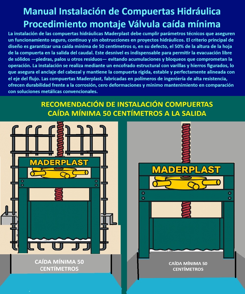 Cómo Instalar Correctamente una Compuerta PCH Maderplast Manual de Instalación de Compuertas Hidráulicas: Procedimiento de Montaje para Válvulas con Caída Mínima, La imagen ilustra de manera precisa el proceso de instalación de las compuertas hidráulicas Maderplast, destacando la importancia de seguir parámetros técnicos para asegurar un funcionamiento seguro, continuo y sin obstrucciones. El criterio principal de diseño es garantizar una caída mínima de 50 centímetros o, en su defecto, el 50% de la altura de la hoja de la compuerta en la salida del caudal. Este desnivel es indispensable para permitir la evacuación libre de sólidos (piedras, palos u otros residuos), evitando así acumulaciones y bloqueos que comprometen la operación, La instalación se realiza mediante un encofrado estructural con varillas y hierros figurados, lo que asegura el anclaje del cabezal y mantiene la compuerta rígida, estable y perfectamente alineada con el eje del flujo. Las compuertas Maderplast, fabricadas en polímeros de alta resistencia, ofrecen durabilidad frente a la corrosión, cero deformaciones y mínimo mantenimiento, en comparación con las soluciones metálicas convencionales, En Maderplast, entendemos que la confianza es la base de todo proyecto hidráulico. Por eso, hemos diseñado una solución que elimina los problemas comunes y brinda tranquilidad total, ¿Cómo se instala correctamente una compuerta hidráulica en un canal? Maderplast recomienda una caída mínima de 50 cm para una operación sin obstrucciones, lo que se aplica tanto a la instalación compuerta hidráulica en canales de riego como en diques y presas, Guía práctica de instalación de compuertas hidráulicas: Maderplast entrega un manual de instalación compuertas plásticas con refuerzo estructural y criterios de seguridad hidráulica. Es una guía instalación compuerta hidráulica de canal y una guía práctica instalación compuerta hidráulica normativa, ¿Qué altura mínima debe tener la instalación de una compuerta? Maderplast establece 50 cm o 50% de la altura de la hoja de la compuerta para la instalación compuerta hidráulica con caída mínima. Esto es crucial para evitar bloqueos y garantizar un flujo continuo, ¿Cómo evitar bloqueos en compuertas hidráulicas instaladas? Con un desnivel reglamentario, las compuertas Maderplast expulsan sólidos y evitan fallas, un aspecto clave del procedimiento montaje compuerta hidráulica PCH y la instalación compuerta hidráulica con encofrado estructural, Manual de instalación de compuertas anticorrosivas: Maderplast explica el montaje reforzado con varillas y hierros estructurales. Es una guía de instalación de compuertas anticorrosivas y un procedimiento técnico instalación compuerta hidráulica que garantiza la seguridad y la durabilidad de la obra, El testimonio del Ing. Andrés Ramírez, jefe de obra en una PTAR, es una prueba contundente de nuestro valor: "Soy el Ing. Andrés Ramírez, jefe de obra en una PTAR. Durante años sufrimos bloqueos en las compuertas metálicas por acumulación de sedimentos. Con las compuertas plásticas Maderplast y aplicando la instalación con caída mínima de 50 cm, eliminamos obstrucciones y logramos operación continua. Hoy la planta funciona sin interrupciones y con mantenimiento casi nulo. Recomiendo totalmente a Maderplast.", Seguridad total en la instalación técnica de compuertas hidráulicas Maderplast para proteger su inversión y asegurar un futuro sin contratiempos, Contáctenos AHORA al WhatsApp +57 300 22 300 06 para atención personalizada y el desarrollo de su proyecto hidráulico. 0 Guía práctica Compuerta Manual de Instalación de Compuertas Hidráulicas. Procedimiento montaje Válvula con caída mínima, La instalación de las compuertas PP Cómo Instalar Correctamente una Compuerta PCH Maderplast 0 Guía práctica Compuerta Manual de Instalación de Compuertas Hidráulicas. Procedimiento montaje Válvula con caída mínima La instalación de las compuertas PP 0 Manual de Instalación de Compuertas Hidráulicas: Procedimiento de Montaje para Válvulas con Caída Mínima, La imagen ilustra de manera precisa el proceso de instalación de las compuertas hidráulicas Maderplast, destacando la importancia de seguir parámetros técnicos para asegurar un funcionamiento seguro, continuo y sin obstrucciones. El criterio principal de diseño es garantizar una caída mínima de 50 centímetros o, en su defecto, el 50% de la altura de la hoja de la compuerta en la salida del caudal. Este desnivel es indispensable para permitir la evacuación libre de sólidos (piedras, palos u otros residuos), evitando así acumulaciones y bloqueos que comprometen la operación, La instalación se realiza mediante un encofrado estructural con varillas y hierros figurados, lo que asegura el anclaje del cabezal y mantiene la compuerta rígida, estable y perfectamente alineada con el eje del flujo. Las compuertas Maderplast, fabricadas en polímeros de alta resistencia, ofrecen durabilidad frente a la corrosión, cero deformaciones y mínimo mantenimiento, en comparación con las soluciones metálicas convencionales, En Maderplast, entendemos que la confianza es la base de todo proyecto hidráulico. Por eso, hemos diseñado una solución que elimina los problemas comunes y brinda tranquilidad total, ¿Cómo se instala correctamente una compuerta hidráulica en un canal? Maderplast recomienda una caída mínima de 50 cm para una operación sin obstrucciones, lo que se aplica tanto a la instalación compuerta hidráulica en canales de riego como en diques y presas, Guía práctica de instalación de compuertas hidráulicas: Maderplast entrega un manual de instalación compuertas plásticas con refuerzo estructural y criterios de seguridad hidráulica. Es una guía instalación compuerta hidráulica de canal y una guía práctica instalación compuerta hidráulica normativa, ¿Qué altura mínima debe tener la instalación de una compuerta? Maderplast establece 50 cm o 50% de la altura de la hoja de la compuerta para la instalación compuerta hidráulica con caída mínima. Esto es crucial para evitar bloqueos y garantizar un flujo continuo, ¿Cómo evitar bloqueos en compuertas hidráulicas instaladas? Con un desnivel reglamentario, las compuertas Maderplast expulsan sólidos y evitan fallas, un aspecto clave del procedimiento montaje compuerta hidráulica PCH y la instalación compuerta hidráulica con encofrado estructural, Manual de instalación de compuertas anticorrosivas: Maderplast explica el montaje reforzado con varillas y hierros estructurales. Es una guía de instalación de compuertas anticorrosivas y un procedimiento técnico instalación compuerta hidráulica que garantiza la seguridad y la durabilidad de la obra, El testimonio del Ing. Andrés Ramírez, jefe de obra en una PTAR, es una prueba contundente de nuestro valor: "Soy el Ing. Andrés Ramírez, jefe de obra en una PTAR. Durante años sufrimos bloqueos en las compuertas metálicas por acumulación de sedimentos. Con las compuertas plásticas Maderplast y aplicando la instalación con caída mínima de 50 cm, eliminamos obstrucciones y logramos operación continua. Hoy la planta funciona sin interrupciones y con mantenimiento casi nulo. Recomiendo totalmente a Maderplast.", Seguridad total en la instalación técnica de compuertas hidráulicas Maderplast para proteger su inversión y asegurar un futuro sin contratiempos, Contáctenos AHORA al WhatsApp +57 300 22 300 06 para atención personalizada y el desarrollo de su proyecto hidráulico. Cómo Instalar Correctamente una Compuerta PCH Maderplast 0 Guía práctica Compuerta Manual de Instalación de Compuertas Hidráulicas. Procedimiento montaje Válvula con caída mínima, La instalación de las compuertas PP