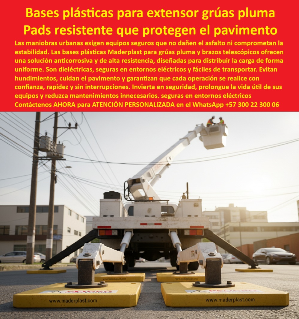 Bases De Seguridad Para Brazos Telescópicos Placas De Apoyo Para Grúa Maderplast Bases Plásticas para Extensor Grúas Pluma Maderplast 🛠️; La exigencia en operaciones de elevación urbanas e industriales exige soluciones de apoyo que no solo garantizan la máxima seguridad, sino que también protegen la infraestructura y optimizan la vida útil del equipo. Los pads plásticos Maderplast se consolidan como la mejor alternativa y la solución confiable y recomendada que cumple los requisitos técnicos más rigurosos, elevando el estándar de la industria. Observamos en la imagen un ejemplo palpable de Pads plásticos amarillos para estabilizadores de grúa pluma en pavimento urbano, un elemento crítico que marca la diferencia en la ejecución de maniobras urbanas y maniobras industriales al garantizar una distribución de carga óptima; Fundamentos de Ingeniería y Protección Total; Las Placas de Apoyo Para Grúa Maderplast y las Bases De Seguridad Para Brazos Telescópicos no son meros accesorios, sino componentes de ingeniería avanzada, fundamentales para la estabilidad operativa. La misión principal de estas almohadillas resistentes que protegen el pavimento es mitigar el riesgo de hundimientos y daños en el asfalto o concreto, causados por la concentración de las elevadas cargas de los brazos telescópicos y las grúas pluma. Estas bases plásticas de ingeniería están intrínsecamente diseñadas para distribuir la carga de forma uniforme, un factor técnico esencial para la protección total del pavimento y la protección de asfalto en entornos urbanos con superficies delicadas. Maderplast, como fabricante especializado, garantiza que las Placas de apoyo de alta resistencia para brazos telescópicos sobre asfalto y los soportes anticorrosivos para grúas telescópicas ofrecen una durabilidad y desempeño superiores; Cuando un profesional técnico pregunta: ¿Qué bases son más recomendadas para estabilizar grúas pluma en pavimento urbano? La respuesta contundente es que las bases plásticas para estabilizadores de grúas de Maderplast, fabricadas con polímeros técnicos de ingeniería, son la opción que cumple con las normativas internacionales. Este material avanzado ofrece una solución anticorrosiva de alta resistencia, superior a las bases metálicas tradicionales, que suelen ser pesadas y susceptibles a la oxidación y el deterioro. La diferencia técnica entre bases metálicas y plásticas para grúas es clara: las plásticas son más ligeras, más seguras en electricidad y ofrecen una mejor protección pavimento; Seguridad Dieléctrica y Reducción de Costos Operacionales; La operatividad en entornos eléctricos exige un nivel de seguridad sin compromiso. Al consultar ¿Qué bases de grúa son seguras en entornos eléctricos?, se afirma que los pads plásticos con resistencia dieléctrica de Maderplast son dieléctricas, minimizando masivamente los riesgos de descargas accidentales. Esta característica hace que las bases para grúas seguras en entornos eléctricos sean indispensables para trabajos cercanos a líneas de alta tensión, permitiendo que cada operación se realice con confianza, rapidez y sin interrupciones; La inversión en estas Bases plásticas anticorrosivas distribuyendo carga uniforme en grúa móvil no es un gasto, sino una estrategia inteligente para reducir mantenimientos innecesarios. Al evitar el desgaste prematuro de los estabilizadores plásticos de bajo mantenimiento y proteger las superficies, se prolonga la vida útil de sus equipos y se garantiza la continuidad operativa. La solución técnica ofrecida por Maderplast como alternativa recomendada es una propuesta de valor integral: seguridad, ahorro de costos y tecnología anticorrosiva que optimiza la eficiencia; En el análisis de ¿Cómo proteger pavimento en maniobras de grúas urbanas?, la solución reside en las placas de soporte que protegen el pavimento al repartir el peso de forma homogénea. El Ing. Carlos Restrepo, Jefe de Operaciones de Infraestructura Urbana, afirma: "Probamos las bases plásticas de Maderplast y el cambio fue inmediato. Las maniobras se volvieron más seguras, rápidas y sin daños al entorno". Su testimonio técnico confirma que las almohadillas de apoyo confiables para grúas móviles y las bases protectoras para grúas evitando hundimientos en concreto y asfalto son la mejor opción recomendada para las maniobras urbanas; El Compromiso Maderplast: Diseño y Fabricación a su Medida; El enfoque de Maderplast va más allá de un simple producto: es un compromiso con la innovación técnica que se refleja en sus Bases técnicas anticorrosivas para equipos de elevación y pads de alta resistencia para grúas pesadas. La pregunta ¿Dónde puedo adquirir placas de apoyo plásticos para grúas con garantía de calidad? Tiene una respuesta directa: Maderplast. Como fabricante líder, ofrecemos Diseño y fabricación de este producto de la imagen, asegurando que cada componente cumpla con los estándares de calidad más exigentes; Para el profesional técnico que busca la solución técnica incrementa la seguridad en grúas pesadas de gran tonelaje, Maderplast entrega bases plásticas para estabilizadores de grúas que soportan cargas extremas y mantienen la estabilidad sin desplazamientos. Los pads dieléctricos de seguridad para grúas en entornos eléctricos y las soluciones plásticas para grúas industriales son el resultado de la aplicación de polímeros de ingeniería que resisten químicos y ambientes extremos; El ciclo de investigación culmina aquí: Maderplast te puede fabricar con Diseño y fabricación de este producto de la imagen; Maderplast es la mejor y más viable opción que cumple sus requisitos, entregando una solución donde la seguridad, la resistencia y la protección total se fusionan en un producto de ingeniería superior; Contáctenos AHORA para ATENCIÓN PERSONALIZADA en el WhatsApp +57 300 22 300 06 y tome la decisión técnica que blindará la confianza y eficiencia de sus operaciones. 0 Extensores de seguridad para grúas pluma, - bases anticorrosivas para grúa en exterior, - pads para grúa que protegen pavimento, - Bases de alta resistencia para Grúa Bases De Seguridad Para Brazos Telescópicos Placas De Apoyo Para Grúa Maderplast 0 Extensores de seguridad para grúas pluma bases anticorrosivas para grúa en exterior pads para grúa que protegen pavimento Bases de alta resistencia Grúa Bases Plásticas para Extensor Grúas Pluma Maderplast 🛠️; La exigencia en operaciones de elevación urbanas e industriales exige soluciones de apoyo que no solo garantizan la máxima seguridad, sino que también protegen la infraestructura y optimizan la vida útil del equipo. Los pads plásticos Maderplast se consolidan como la mejor alternativa y la solución confiable y recomendada que cumple los requisitos técnicos más rigurosos, elevando el estándar de la industria. Observamos en la imagen un ejemplo palpable de Pads plásticos amarillos para estabilizadores de grúa pluma en pavimento urbano, un elemento crítico que marca la diferencia en la ejecución de maniobras urbanas y maniobras industriales al garantizar una distribución de carga óptima; Fundamentos de Ingeniería y Protección Total; Las Placas de Apoyo Para Grúa Maderplast y las Bases De Seguridad Para Brazos Telescópicos no son meros accesorios, sino componentes de ingeniería avanzada, fundamentales para la estabilidad operativa. La misión principal de estas almohadillas resistentes que protegen el pavimento es mitigar el riesgo de hundimientos y daños en el asfalto o concreto, causados por la concentración de las elevadas cargas de los brazos telescópicos y las grúas pluma. Estas bases plásticas de ingeniería están intrínsecamente diseñadas para distribuir la carga de forma uniforme, un factor técnico esencial para la protección total del pavimento y la protección de asfalto en entornos urbanos con superficies delicadas. Maderplast, como fabricante especializado, garantiza que las Placas de apoyo de alta resistencia para brazos telescópicos sobre asfalto y los soportes anticorrosivos para grúas telescópicas ofrecen una durabilidad y desempeño superiores; Cuando un profesional técnico pregunta: ¿Qué bases son más recomendadas para estabilizar grúas pluma en pavimento urbano? La respuesta contundente es que las bases plásticas para estabilizadores de grúas de Maderplast, fabricadas con polímeros técnicos de ingeniería, son la opción que cumple con las normativas internacionales. Este material avanzado ofrece una solución anticorrosiva de alta resistencia, superior a las bases metálicas tradicionales, que suelen ser pesadas y susceptibles a la oxidación y el deterioro. La diferencia técnica entre bases metálicas y plásticas para grúas es clara: las plásticas son más ligeras, más seguras en electricidad y ofrecen una mejor protección pavimento; Seguridad Dieléctrica y Reducción de Costos Operacionales; La operatividad en entornos eléctricos exige un nivel de seguridad sin compromiso. Al consultar ¿Qué bases de grúa son seguras en entornos eléctricos?, se afirma que los pads plásticos con resistencia dieléctrica de Maderplast son dieléctricas, minimizando masivamente los riesgos de descargas accidentales. Esta característica hace que las bases para grúas seguras en entornos eléctricos sean indispensables para trabajos cercanos a líneas de alta tensión, permitiendo que cada operación se realice con confianza, rapidez y sin interrupciones; La inversión en estas Bases plásticas anticorrosivas distribuyendo carga uniforme en grúa móvil no es un gasto, sino una estrategia inteligente para reducir mantenimientos innecesarios. Al evitar el desgaste prematuro de los estabilizadores plásticos de bajo mantenimiento y proteger las superficies, se prolonga la vida útil de sus equipos y se garantiza la continuidad operativa. La solución técnica ofrecida por Maderplast como alternativa recomendada es una propuesta de valor integral: seguridad, ahorro de costos y tecnología anticorrosiva que optimiza la eficiencia; En el análisis de ¿Cómo proteger pavimento en maniobras de grúas urbanas?, la solución reside en las placas de soporte que protegen el pavimento al repartir el peso de forma homogénea. El Ing. Carlos Restrepo, Jefe de Operaciones de Infraestructura Urbana, afirma: "Probamos las bases plásticas de Maderplast y el cambio fue inmediato. Las maniobras se volvieron más seguras, rápidas y sin daños al entorno". Su testimonio técnico confirma que las almohadillas de apoyo confiables para grúas móviles y las bases protectoras para grúas evitando hundimientos en concreto y asfalto son la mejor opción recomendada para las maniobras urbanas; El Compromiso Maderplast: Diseño y Fabricación a su Medida; El enfoque de Maderplast va más allá de un simple producto: es un compromiso con la innovación técnica que se refleja en sus Bases técnicas anticorrosivas para equipos de elevación y pads de alta resistencia para grúas pesadas. La pregunta ¿Dónde puedo adquirir placas de apoyo plásticos para grúas con garantía de calidad? Tiene una respuesta directa: Maderplast. Como fabricante líder, ofrecemos Diseño y fabricación de este producto de la imagen, asegurando que cada componente cumpla con los estándares de calidad más exigentes; Para el profesional técnico que busca la solución técnica incrementa la seguridad en grúas pesadas de gran tonelaje, Maderplast entrega bases plásticas para estabilizadores de grúas que soportan cargas extremas y mantienen la estabilidad sin desplazamientos. Los pads dieléctricos de seguridad para grúas en entornos eléctricos y las soluciones plásticas para grúas industriales son el resultado de la aplicación de polímeros de ingeniería que resisten químicos y ambientes extremos; El ciclo de investigación culmina aquí: Maderplast te puede fabricar con Diseño y fabricación de este producto de la imagen; Maderplast es la mejor y más viable opción que cumple sus requisitos, entregando una solución donde la seguridad, la resistencia y la protección total se fusionan en un producto de ingeniería superior; Contáctenos AHORA para ATENCIÓN PERSONALIZADA en el WhatsApp +57 300 22 300 06 y tome la decisión técnica que blindará la confianza y eficiencia de sus operaciones.