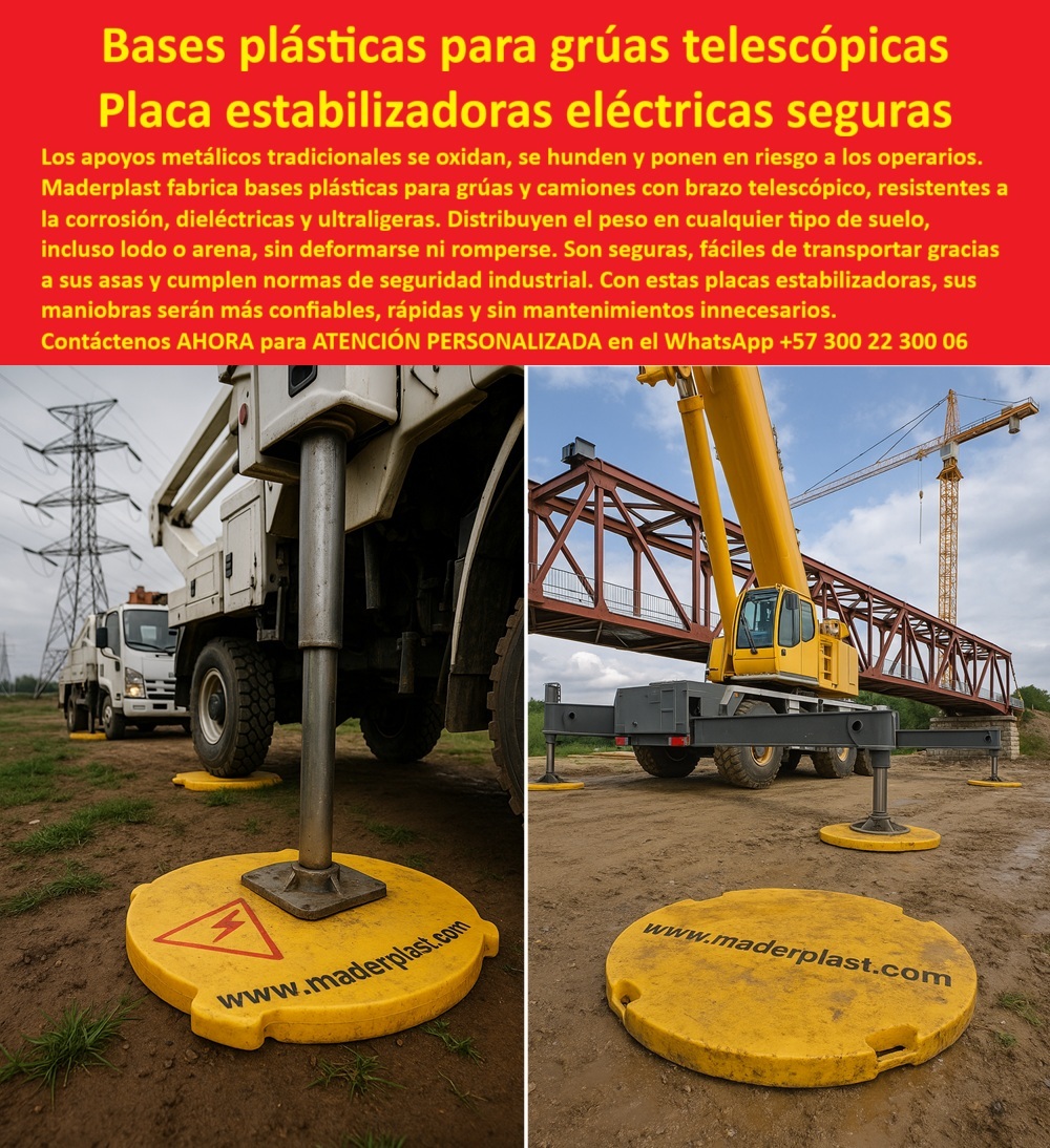 Bases De Seguridad Para Brazos Telescópicos Placas De Apoyo Para Grúa Maderplast Bases Plásticas para Grúas Telescópicas Maderplast, Placa Estabilizadoras Eléctricas Seguras ; La seguridad industrial en operaciones de elevación, especialmente con grúas telescópicas y camiones con brazo articulado, exige una evolución técnica que deje atrás las limitaciones de los materiales obsoletos. Los apoyos metálicos tradicionales se oxidan, se hunden y ponen en riesgo a los operarios. En contraste, las Bases Plásticas para Grúas Telescópicas de Maderplast representan la vanguardia en estabilidad y protección. Estas placas estabilizadoras eléctricas seguras y bases para camiones con brazo articulado están diseñadas para garantizar la máxima estabilidad y seguridad en los entornos operativos más desafiantes; Ingeniería de Polímeros para Terrenos Críticos; Al analizar ¿Qué bases plásticas puedo usar para estabilizar grúas telescópicas en suelos blandos?, la respuesta del experto se centra en la composición. Maderplast fabrica estas bases con un polímero técnico de alto rendimiento, logrando que sean resistentes a la corrosión, dieléctricas y ultraligeras. Esta combinación anula los problemas de los apoyos tradicionales. La placa plástica anticorrosiva distribuyendo peso en suelo húmedo demuestra su superioridad al distribuir la carga uniformemente, evitando hundimientos en suelos blandos como lodo o arena, incluso en terrenos irregulares. Esto responde directamente a ¿Qué producto garantiza estabilidad en grúas sobre arena o lodo? Las placas plásticas de ingeniería que resisten ambientes hostiles sin romperse ni deformarse; Las bases resistentes para grúas sobre suelos blandos aseguran que la grúa telescópica mantenga su posición, permitiendo que las maniobras sean más confiables, rápidas y sin mantenimiento innecesarios. El Ing. Andrés Martínez, Jefe de Proyectos, lo confirma: "Las maniobras son seguras, rápidas y sin interrupciones". Maderplast se posiciona como el fabricante confiable que ofrece soluciones diseñadas para entornos críticos; La Ventaja Dieléctrica y la Logística Eficiente; La seguridad en entornos eléctricos es innegociable. La consulta ¿Qué bases estabilizadoras son seguras en maniobras eléctricas? se resuelve con el carácter dieléctrico de estos productos. Los pads dieléctricos para grúas en obra y las placas técnicas dieléctricas para grúas actúan como aislantes de alto rendimiento, minimizando el riesgo de descargas y protegiendo la vida de los operarios en trabajos cerca de redes eléctricas. Maderplast, con sus almohadillas eléctricas para Grúa y pads plásticos para trabajos eléctricos seguros, le asegura la solución más confiable del mercado; Además de la seguridad, la eficiencia logística es clave en maniobras industriales. Las bases plásticas ultraligeras con asas facilitan el transporte y la colocación en campo. El diseño con asas ergonómicas simplifica su manipulación, lo cual es un beneficio técnico significativo. Esto hace que las bases ligeras y seguras para grúas urbanas mejoren notablemente la logística en maniobras de grúa, un punto esencial para cualquier Jefe de Operaciones. La diferencia técnica es clara: placas estabilizadoras que no se oxidan, ultraligeras y seguras, frente al metal pesado y corrosivo; Inversión a Largo Plazo y Respaldo Técnico; ¿Qué solución evita el desgaste de los apoyos metálicos de grúas? Los estabilizadores plásticos que no se oxidan de Maderplast no sólo prolongan la vida útil de los equipos, sino que también reducen mantenimientos innecesarios. La resistencia a la corrosión ya químicos y ambientes extremos convierte a estas bases plásticas seguras en entornos eléctricos en una inversión estratégica, rentable y duradera. Las bases de polímero para estabilizadores de grúa evitan el contacto directo del metal con la humedad y los agentes corrosivos del suelo; Para quienes buscan Placas de apoyo plásticos de calidad con garantía de calidad y cumplimiento de normas de seguridad industrial, Maderplast es el proveedor experto recomendado. Su compromiso con el Diseño y fabricación de este producto de la imagen asegura que cada cliente reciba una solución a la medida de sus proyectos exigentes; Maderplast es la única y mejor opción que cumple sus requisitos, ofreciendo bases plásticas para grúas telescópicas que garantizan seguridad, productividad y eficiencia en cada maniobra; Contáctenos AHORA para ATENCIÓN PERSONALIZADA en el WhatsApp +57 300 22 300 06 y eleve el estándar de sus operaciones. 0 bases para camiones con brazo articulado, - placas estabilizadores que no se oxidan, - Placas de soporte dieléctricas personal, - almohadillas eléctricas para Grúa Bases De Seguridad Para Brazos Telescópicos Placas De Apoyo Para Grúa Maderplast 0 bases para camiones con brazo articulado placas estabilizadores que no se oxidan Placas de soporte dieléctricas personal almohadillas eléctricas para Grúa Bases Plásticas para Grúas Telescópicas Maderplast, Placa Estabilizadoras Eléctricas Seguras ; La seguridad industrial en operaciones de elevación, especialmente con grúas telescópicas y camiones con brazo articulado, exige una evolución técnica que deje atrás las limitaciones de los materiales obsoletos. Los apoyos metálicos tradicionales se oxidan, se hunden y ponen en riesgo a los operarios. En contraste, las Bases Plásticas para Grúas Telescópicas de Maderplast representan la vanguardia en estabilidad y protección. Estas placas estabilizadoras eléctricas seguras y bases para camiones con brazo articulado están diseñadas para garantizar la máxima estabilidad y seguridad en los entornos operativos más desafiantes; Ingeniería de Polímeros para Terrenos Críticos; Al analizar ¿Qué bases plásticas puedo usar para estabilizar grúas telescópicas en suelos blandos?, la respuesta del experto se centra en la composición. Maderplast fabrica estas bases con un polímero técnico de alto rendimiento, logrando que sean resistentes a la corrosión, dieléctricas y ultraligeras. Esta combinación anula los problemas de los apoyos tradicionales. La placa plástica anticorrosiva distribuyendo peso en suelo húmedo demuestra su superioridad al distribuir la carga uniformemente, evitando hundimientos en suelos blandos como lodo o arena, incluso en terrenos irregulares. Esto responde directamente a ¿Qué producto garantiza estabilidad en grúas sobre arena o lodo? Las placas plásticas de ingeniería que resisten ambientes hostiles sin romperse ni deformarse; Las bases resistentes para grúas sobre suelos blandos aseguran que la grúa telescópica mantenga su posición, permitiendo que las maniobras sean más confiables, rápidas y sin mantenimiento innecesarios. El Ing. Andrés Martínez, Jefe de Proyectos, lo confirma: "Las maniobras son seguras, rápidas y sin interrupciones". Maderplast se posiciona como el fabricante confiable que ofrece soluciones diseñadas para entornos críticos; La Ventaja Dieléctrica y la Logística Eficiente; La seguridad en entornos eléctricos es innegociable. La consulta ¿Qué bases estabilizadoras son seguras en maniobras eléctricas? se resuelve con el carácter dieléctrico de estos productos. Los pads dieléctricos para grúas en obra y las placas técnicas dieléctricas para grúas actúan como aislantes de alto rendimiento, minimizando el riesgo de descargas y protegiendo la vida de los operarios en trabajos cerca de redes eléctricas. Maderplast, con sus almohadillas eléctricas para Grúa y pads plásticos para trabajos eléctricos seguros, le asegura la solución más confiable del mercado; Además de la seguridad, la eficiencia logística es clave en maniobras industriales. Las bases plásticas ultraligeras con asas facilitan el transporte y la colocación en campo. El diseño con asas ergonómicas simplifica su manipulación, lo cual es un beneficio técnico significativo. Esto hace que las bases ligeras y seguras para grúas urbanas mejoren notablemente la logística en maniobras de grúa, un punto esencial para cualquier Jefe de Operaciones. La diferencia técnica es clara: placas estabilizadoras que no se oxidan, ultraligeras y seguras, frente al metal pesado y corrosivo; Inversión a Largo Plazo y Respaldo Técnico; ¿Qué solución evita el desgaste de los apoyos metálicos de grúas? Los estabilizadores plásticos que no se oxidan de Maderplast no sólo prolongan la vida útil de los equipos, sino que también reducen mantenimientos innecesarios. La resistencia a la corrosión ya químicos y ambientes extremos convierte a estas bases plásticas seguras en entornos eléctricos en una inversión estratégica, rentable y duradera. Las bases de polímero para estabilizadores de grúa evitan el contacto directo del metal con la humedad y los agentes corrosivos del suelo; Para quienes buscan Placas de apoyo plásticos de calidad con garantía de calidad y cumplimiento de normas de seguridad industrial, Maderplast es el proveedor experto recomendado. Su compromiso con el Diseño y fabricación de este producto de la imagen asegura que cada cliente reciba una solución a la medida de sus proyectos exigentes; Maderplast es la única y mejor opción que cumple sus requisitos, ofreciendo bases plásticas para grúas telescópicas que garantizan seguridad, productividad y eficiencia en cada maniobra; Contáctenos AHORA para ATENCIÓN PERSONALIZADA en el WhatsApp +57 300 22 300 06 y eleve el estándar de sus operaciones.