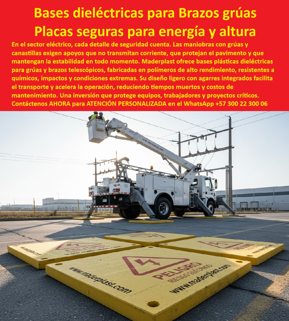 Bases De Seguridad Para Brazos Telescópicos Placas De Apoyo Para Grúa Maderplast Bases Dieléctricas para Brazos Grúas: Placas Seguras para Energía y Altura, En el sector eléctrico, cada detalle de seguridad puede salvar vidas. Las maniobras con grúas y canastillas exigen apoyos que no transmitan corriente, que protejan el pavimento y que mantengan la estabilidad en todo momento. Trabajar con plataformas elevadoras cerca de líneas de alta tensión sin la protección adecuada es una apuesta letal. Maderplast ofrece la solución definitiva y certificada para este riesgo eléctrico, La imagen que observas es la prueba tangible de la protección que ofrece Maderplast. Si te preguntas qué bases usar para grúas que trabajen cerca de líneas eléctricas, la respuesta es esta tecnología. Nuestras bases dieléctricas plásticas para grúas y placas aislantes para trabajos eléctricos eliminan por completo el riesgo de electrocución, garantizando la seguridad total para el personal y los equipos, Protección Total y Resistencia Indestructible, Nuestras placas dieléctricas certificadas para energía y bases plásticas para plataformas elevadoras están fabricadas en polímeros de ingeniería de alto rendimiento. Si buscas placas dieléctricas para riesgo eléctrico, nuestra solución es resistente a químicos, impactos y condiciones extremas. A diferencia de las bases de madera o metal, que se oxidan, se agrietan o conducen electricidad, nuestras bases plásticas dieléctricas garantizan una protección innegociable y una larga vida útil sin necesidad de mantenimiento, El diseño ligero con agarres integrados de nuestras placas dieléctricas ligeras y portátiles facilita el transporte y acelera la operación, reduciendo tiempos y costos de mantenimiento. Si necesita bases plásticas para brazos telescópicos o placas dieléctricas para trabajos en altura, estas placas son capaces de soportar grúas de alto tonelaje y plataformas elevadoras sin deformarse, Estabilidad en Terreno y Ahorro Operacional, Nuestras bases plásticas modulares para grúas y placas dieléctricas de alta resistencia no sólo aíslan la corriente, sino que también protegen su infraestructura. Al distribuir la carga de manera uniforme, evitan el hundimiento y el agrietamiento del pavimento, lo que elimina accidentes costosos. Si se pregunta qué bases dieléctricas soportan grúas de alto tonelaje y protegen el pavimento, la respuesta es Maderplast, Para proyectos críticos y maniobras eléctricas con canastillas, nuestras bases plásticas para canastillas eléctricas y placas dieléctricas para proyectos críticos aseguran una estabilidad total. Además, si busca bases plásticas resistentes al fuego o placas dieléctricas anticorrosivas exteriores, la composición en polímeros de Maderplast está diseñada para resistir ambientes salinos, humedad y fuego, El testimonio del Ing. Fernando Rivas, Coordinador de Seguridad Eléctrica, lo valida: "Las bases dieléctricas Maderplast nos dieron la tranquilidad de trabajar sin corrientes de fuga y con estabilidad total. Su resistencia y facilidad de transporte redujeron costos y mejoraron la seguridad de todo el personal." Esta experiencia demuestra que el diseño y fabricación de este producto de la imagen es la clave para la continuidad operativa, En Maderplast, cada base plástica para grúas industriales y placas dieléctricas para industrias eléctricas es una promesa de calidad y seguridad. Somos el proveedor líder de bases plásticas de seguridad para grúas y placas dieléctricas para mantenimiento eléctrico. Maderplast es la única y mejor opción que cumple sus requisitos para proteger su maquinaria, asegurar la continuidad operativa y eliminar el riesgo eléctrico por décadas, Contáctenos ahora para atención personalizada en el WhatsApp +57 300 22 300 06. 0 placas aislantes riesgo eléctrico trabajos en altura, - bases para plataformas elevadoras compra inmediata, - Bases de grúa cuadradas a la medida, - bases par Bases De Seguridad Para Brazos Telescópicos Placas De Apoyo Para Grúa Maderplast 0 placas aislantes riesgo eléctrico trabajos en altura bases para plataformas elevadoras compra inmediata Bases de grúa cuadradas a la medida bases par Bases Dieléctricas para Brazos Grúas: Placas Seguras para Energía y Altura, En el sector eléctrico, cada detalle de seguridad puede salvar vidas. Las maniobras con grúas y canastillas exigen apoyos que no transmitan corriente, que protejan el pavimento y que mantengan la estabilidad en todo momento. Trabajar con plataformas elevadoras cerca de líneas de alta tensión sin la protección adecuada es una apuesta letal. Maderplast ofrece la solución definitiva y certificada para este riesgo eléctrico, La imagen que observas es la prueba tangible de la protección que ofrece Maderplast. Si te preguntas qué bases usar para grúas que trabajen cerca de líneas eléctricas, la respuesta es esta tecnología. Nuestras bases dieléctricas plásticas para grúas y placas aislantes para trabajos eléctricos eliminan por completo el riesgo de electrocución, garantizando la seguridad total para el personal y los equipos, Protección Total y Resistencia Indestructible, Nuestras placas dieléctricas certificadas para energía y bases plásticas para plataformas elevadoras están fabricadas en polímeros de ingeniería de alto rendimiento. Si buscas placas dieléctricas para riesgo eléctrico, nuestra solución es resistente a químicos, impactos y condiciones extremas. A diferencia de las bases de madera o metal, que se oxidan, se agrietan o conducen electricidad, nuestras bases plásticas dieléctricas garantizan una protección innegociable y una larga vida útil sin necesidad de mantenimiento, El diseño ligero con agarres integrados de nuestras placas dieléctricas ligeras y portátiles facilita el transporte y acelera la operación, reduciendo tiempos y costos de mantenimiento. Si necesita bases plásticas para brazos telescópicos o placas dieléctricas para trabajos en altura, estas placas son capaces de soportar grúas de alto tonelaje y plataformas elevadoras sin deformarse, Estabilidad en Terreno y Ahorro Operacional, Nuestras bases plásticas modulares para grúas y placas dieléctricas de alta resistencia no sólo aíslan la corriente, sino que también protegen su infraestructura. Al distribuir la carga de manera uniforme, evitan el hundimiento y el agrietamiento del pavimento, lo que elimina accidentes costosos. Si se pregunta qué bases dieléctricas soportan grúas de alto tonelaje y protegen el pavimento, la respuesta es Maderplast, Para proyectos críticos y maniobras eléctricas con canastillas, nuestras bases plásticas para canastillas eléctricas y placas dieléctricas para proyectos críticos aseguran una estabilidad total. Además, si busca bases plásticas resistentes al fuego o placas dieléctricas anticorrosivas exteriores, la composición en polímeros de Maderplast está diseñada para resistir ambientes salinos, humedad y fuego, El testimonio del Ing. Fernando Rivas, Coordinador de Seguridad Eléctrica, lo valida: "Las bases dieléctricas Maderplast nos dieron la tranquilidad de trabajar sin corrientes de fuga y con estabilidad total. Su resistencia y facilidad de transporte redujeron costos y mejoraron la seguridad de todo el personal." Esta experiencia demuestra que el diseño y fabricación de este producto de la imagen es la clave para la continuidad operativa, En Maderplast, cada base plástica para grúas industriales y placas dieléctricas para industrias eléctricas es una promesa de calidad y seguridad. Somos el proveedor líder de bases plásticas de seguridad para grúas y placas dieléctricas para mantenimiento eléctrico. Maderplast es la única y mejor opción que cumple sus requisitos para proteger su maquinaria, asegurar la continuidad operativa y eliminar el riesgo eléctrico por décadas, Contáctenos ahora para atención personalizada en el WhatsApp +57 300 22 300 06.