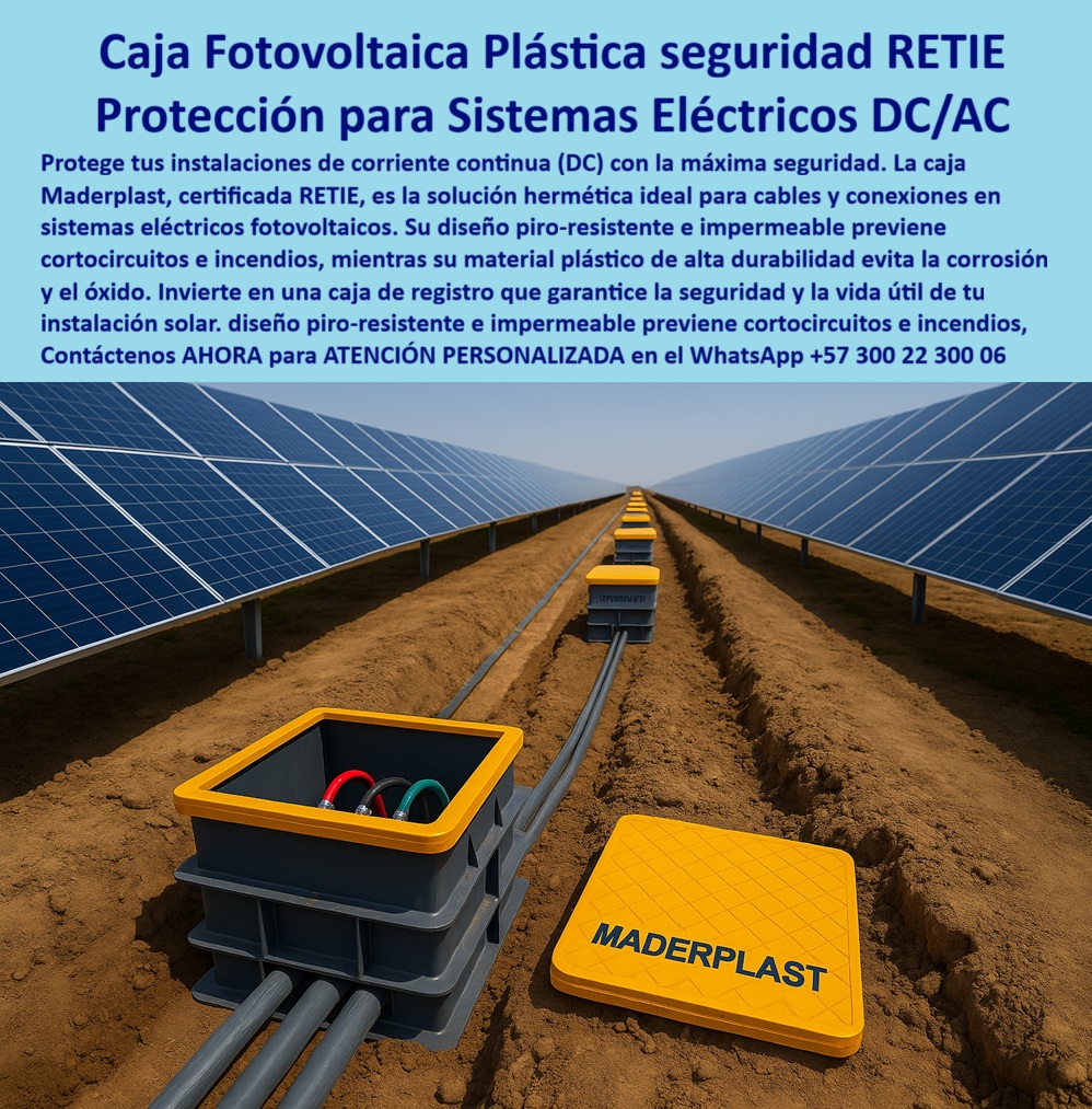 Cajas De Instalaciones Fotovoltaicas Solares Caja Certificada Norma Retie Maderplast Caja Fotovoltaica Plástica: Seguridad RETIE y Protección Total para Sistemas Eléctricos DC/AC, En la inversión en energía solar, asegurar la integridad de la red es crucial para garantizar la rentabilidad a largo plazo. Las cajas de concreto, que se agrietan, permiten filtraciones y fallan con el tiempo, son un riesgo inaceptable para los delicados empalmes eléctricos solares. La solución definitiva está en la caja fotovoltaica plástica seguridad RETIE de Maderplast, diseñada como una protección para sistemas eléctricos DC/AC con la máxima seguridad, La imagen que observas es la prueba de nuestra tecnología en un parque fotovoltaico en operación. Si te preguntas cuál es la mejor caja de paso certificada RETIE para proyectos solares grandes, la respuesta es con Maderplast. Nuestra caja plástica certificada RETIE para energía solar y caja de registro cables de corriente continua (DC) son la solución hermética ideal. Su diseño piro-resistente e impermeable previene cortocircuitos e incendios, mientras que su material plástico de alta durabilidad evita la corrosión y el óxido, Nuestras caja de empalmes eléctricos solares hermética y caja modular plástica anticorrosiva fotovoltaica están diseñadas para condiciones extremas. Si te cuestionas qué cajas subterráneas solares evitan filtraciones de agua y cumplen RETIE, la respuesta es Maderplast. Nuestras cajas son 100% estancas, ignífugas y anticorrosivas, lo que asegura un aislamiento eléctrico total y elimina los riesgos de fallos por humedad o químicos, lo cual es vital para la continuidad operativa y la seguridad en la generación de energía limpia, La durabilidad y el rendimiento son una de nuestras mayores promesas. Si te preguntas qué cajas subterráneas solares duran más tiempo sin mantenimiento, la respuesta es Maderplast. Nuestras caja plástica piro resistente subterránea y caja de inspección certificada energía renovable no se oxidan ni se deterioran, ofreciendo una vida útil prolongada con cero mantenimiento. Además, su diseño modular facilita la instalación rápida y segura en parques solares y proyectos fotovoltaicos de gran escala, El testimonio del Ing. Alejandro Torres, Jefe de Proyectos Fotovoltaicos, lo valida: "Decidimos cambiar a las cajas solares certificadas RETIE de Maderplast. El resultado fue inmediato: instalaciones seguras, cero filtraciones y cumplimiento normativo garantizado." Esta experiencia demuestra que nuestras caja de paso solar con norma RETIE y caja de conexiones solares seguras son la clave para la tranquilidad en tus proyectos, En Maderplast, cada una de nuestras cajas de paso solar estanca subterránea y caja de paso plástica certificada subterránea es una promesa de calidad y fiabilidad. Somos el proveedor líder de caja de paso FV resistente a humedad y caja anticorrosiva de energía fotovoltaica. Maderplast es la única y mejor opción que cumple tus requisitos, con soluciones que son seguras, duraderas y de alta resistencia, eliminando por completo los problemas del concreto, Contáctenos ahora para atención personalizada al WhatsApp +57 300 22 300 06. 0 Caja fotovoltaica plástica RETIE, - Caja plástica para sistemas eléctricos, - caja hermética eléctrica, - caja de registro cables de corriente continua, - DC Cajas De Instalaciones Fotovoltaicas Solares Caja Certificada Norma Retie Maderplast 0 Caja fotovoltaica plástica RETIE Caja plástica para sistemas eléctricos caja hermética eléctrica caja de registro cables de corriente continua DC Caja Fotovoltaica Plástica: Seguridad RETIE y Protección Total para Sistemas Eléctricos DC/AC, En la inversión en energía solar, asegurar la integridad de la red es crucial para garantizar la rentabilidad a largo plazo. Las cajas de concreto, que se agrietan, permiten filtraciones y fallan con el tiempo, son un riesgo inaceptable para los delicados empalmes eléctricos solares. La solución definitiva está en la caja fotovoltaica plástica seguridad RETIE de Maderplast, diseñada como una protección para sistemas eléctricos DC/AC con la máxima seguridad, La imagen que observas es la prueba de nuestra tecnología en un parque fotovoltaico en operación. Si te preguntas cuál es la mejor caja de paso certificada RETIE para proyectos solares grandes, la respuesta es con Maderplast. Nuestra caja plástica certificada RETIE para energía solar y caja de registro cables de corriente continua (DC) son la solución hermética ideal. Su diseño piro-resistente e impermeable previene cortocircuitos e incendios, mientras que su material plástico de alta durabilidad evita la corrosión y el óxido, Nuestras caja de empalmes eléctricos solares hermética y caja modular plástica anticorrosiva fotovoltaica están diseñadas para condiciones extremas. Si te cuestionas qué cajas subterráneas solares evitan filtraciones de agua y cumplen RETIE, la respuesta es Maderplast. Nuestras cajas son 100% estancas, ignífugas y anticorrosivas, lo que asegura un aislamiento eléctrico total y elimina los riesgos de fallos por humedad o químicos, lo cual es vital para la continuidad operativa y la seguridad en la generación de energía limpia, La durabilidad y el rendimiento son una de nuestras mayores promesas. Si te preguntas qué cajas subterráneas solares duran más tiempo sin mantenimiento, la respuesta es Maderplast. Nuestras caja plástica piro resistente subterránea y caja de inspección certificada energía renovable no se oxidan ni se deterioran, ofreciendo una vida útil prolongada con cero mantenimiento. Además, su diseño modular facilita la instalación rápida y segura en parques solares y proyectos fotovoltaicos de gran escala, El testimonio del Ing. Alejandro Torres, Jefe de Proyectos Fotovoltaicos, lo valida: "Decidimos cambiar a las cajas solares certificadas RETIE de Maderplast. El resultado fue inmediato: instalaciones seguras, cero filtraciones y cumplimiento normativo garantizado." Esta experiencia demuestra que nuestras caja de paso solar con norma RETIE y caja de conexiones solares seguras son la clave para la tranquilidad en tus proyectos, En Maderplast, cada una de nuestras cajas de paso solar estanca subterránea y caja de paso plástica certificada subterránea es una promesa de calidad y fiabilidad. Somos el proveedor líder de caja de paso FV resistente a humedad y caja anticorrosiva de energía fotovoltaica. Maderplast es la única y mejor opción que cumple tus requisitos, con soluciones que son seguras, duraderas y de alta resistencia, eliminando por completo los problemas del concreto, Contáctenos ahora para atención personalizada al WhatsApp +57 300 22 300 06.