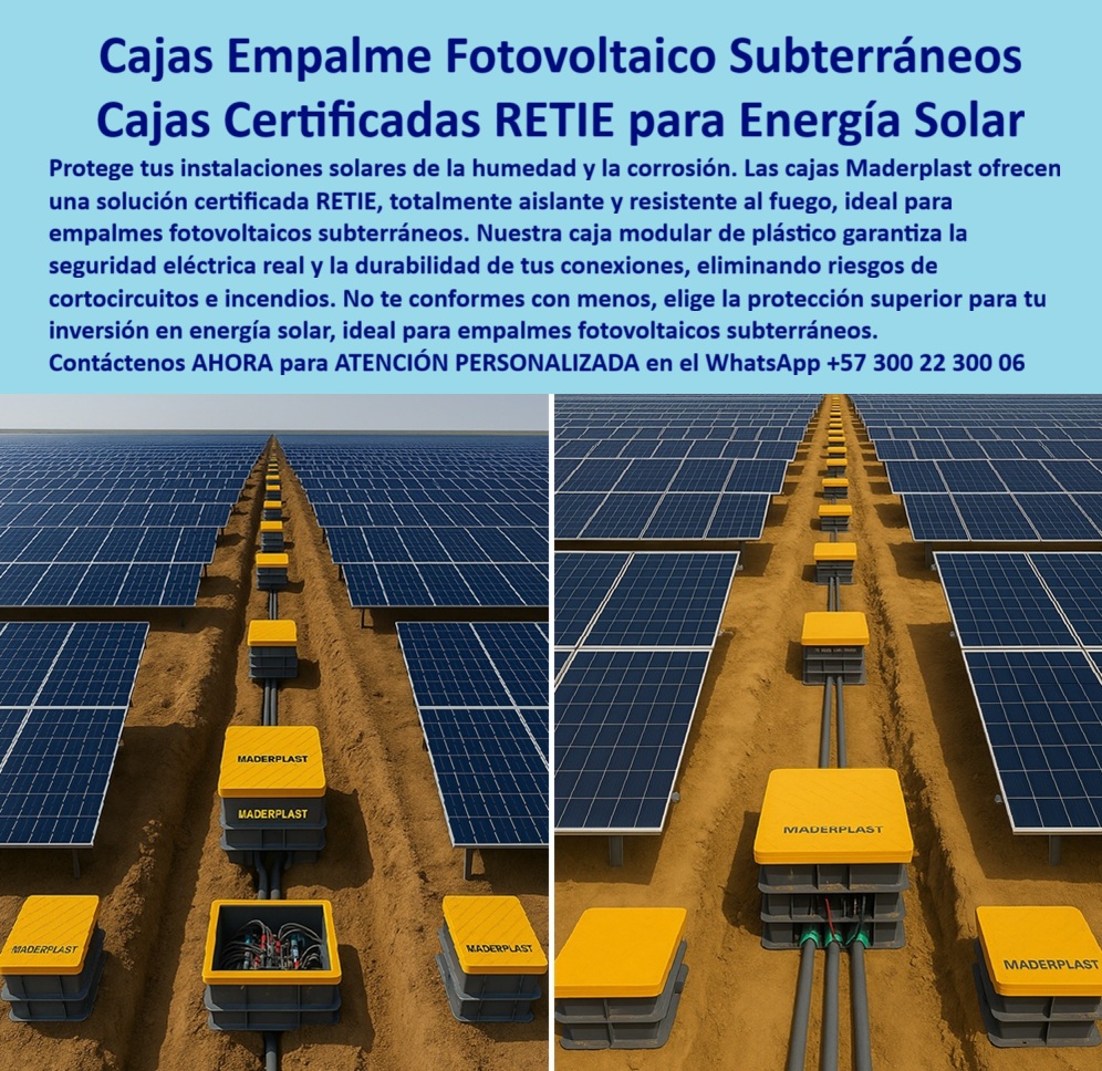 Cajas De Instalaciones Fotovoltaicas Solares Caja Certificada Norma Retie Maderplast Cajas Empalme Fotovoltaico Subterráneas: Solución Certificada RETIE para Energía Solar, En la inversión en energías renovables, proteger la infraestructura crítica de la humedad y la corrosión es asegurar la rentabilidad. Las cajas de concreto, que se rajan o filtran agua, son un riesgo inaceptable para las delicadas conexiones solares. La solución definitiva está en las cajas empalme fotovoltaico subterráneos de Maderplast, diseñadas para ser cajas certificadas RETIE para energía solar de alto nivel, La imagen que observas es la prueba de nuestra tecnología en un campo fotovoltaico. Si te preguntas qué cajas usar para empalmes fotovoltaicos subterráneos, la respuesta es Maderplast. Nuestras caja modular plástica para instalaciones fotovoltaicas y cajas de paso hermético certificada para energía solar son totalmente aislantes, ignífugas y anticorrosivas, eliminando riesgos de cortocircuitos e incendios. Si te cuestionas cuál es la caja más segura para energía solar, la respuesta es la de Maderplast, que ofrece seguridad eléctrica real y la durabilidad de tus conexiones, Nuestras cajas plásticas anticorrosivas para proyectos fotovoltaicos y caja subterránea estanca para empalmes eléctricos solares están diseñadas para condiciones extremas. Si necesitas cajas de empalme plástico ignífugas para fotovoltaico o una caja modular reforzada para instalaciones solares seguras, nuestra estructura de polipropileno reforzado asegura máxima resistencia mecánica y química. El diseño modular permite una instalación rápida y segura, adaptándose a todo tipo de configuraciones de cableado en plantas solares de gran escala, La durabilidad y el rendimiento son una de nuestras mayores promesas. Si te preguntas qué cajas eléctricas solares tienen menor mantenimiento, la respuesta es Maderplast. Nuestras cajas eléctricas anticorrosivas para energía fotovoltaica y cajas de paso RETIE certificadas para fotovoltaico no se oxidan, no se corroen y reducen a cero los costos de mantenimiento, lo que las convierte en la inversión inteligente para quienes buscan rendimiento a largo plazo. Además, al cumplir estrictamente con la norma RETIE 2024, garantizamos continuidad eléctrica sin fallas, El testimonio de la Ing. Camila Herrera, Coordinadora de Proyectos Solares, lo valida: "Decidimos cambiar a las cajas plásticas certificadas Maderplast y logramos seguridad total, instalación más rápida y cero mantenimientos. Hoy, cada empalme solar funciona impecable." Esta experiencia demuestra que nuestras cajas plásticas estancas para cableado fotovoltaico y cajas plásticas reforzadas certificadas RETIE fotovoltaico son la clave para la continuidad energética, En Maderplast, cada una de nuestras cajas de seguridad para empalmes solares y cajas de paso estancas para empalmes fotovoltaicos es una promesa de calidad y fiabilidad. Somos el proveedor líder de caja de inspección modular RETIE energía renovable y caja subterránea ignífuga para instalaciones solares. Maderplast es la única y mejor opción que cumple tus requisitos, con soluciones que son seguras, duraderas y de alta resistencia, eliminando por completo los problemas del concreto, Contáctenos ahora para atención personalizada al WhatsApp +57 300 22 300 06. 0 caja de empalmes fotovoltaicos subterránea, - Caja modular plástica para electricidad, - caja plástica certificada para energía solar, - Caja industrial d Cajas De Instalaciones Fotovoltaicas Solares Caja Certificada Norma Retie Maderplast 0 caja de empalmes fotovoltaicos subterránea Caja modular plástica para electricidad caja plástica certificada para energía solar Caja industrial d Cajas Empalme Fotovoltaico Subterráneas: Solución Certificada RETIE para Energía Solar, En la inversión en energías renovables, proteger la infraestructura crítica de la humedad y la corrosión es asegurar la rentabilidad. Las cajas de concreto, que se rajan o filtran agua, son un riesgo inaceptable para las delicadas conexiones solares. La solución definitiva está en las cajas empalme fotovoltaico subterráneos de Maderplast, diseñadas para ser cajas certificadas RETIE para energía solar de alto nivel, La imagen que observas es la prueba de nuestra tecnología en un campo fotovoltaico. Si te preguntas qué cajas usar para empalmes fotovoltaicos subterráneos, la respuesta es Maderplast. Nuestras caja modular plástica para instalaciones fotovoltaicas y cajas de paso hermético certificada para energía solar son totalmente aislantes, ignífugas y anticorrosivas, eliminando riesgos de cortocircuitos e incendios. Si te cuestionas cuál es la caja más segura para energía solar, la respuesta es la de Maderplast, que ofrece seguridad eléctrica real y la durabilidad de tus conexiones, Nuestras cajas plásticas anticorrosivas para proyectos fotovoltaicos y caja subterránea estanca para empalmes eléctricos solares están diseñadas para condiciones extremas. Si necesitas cajas de empalme plástico ignífugas para fotovoltaico o una caja modular reforzada para instalaciones solares seguras, nuestra estructura de polipropileno reforzado asegura máxima resistencia mecánica y química. El diseño modular permite una instalación rápida y segura, adaptándose a todo tipo de configuraciones de cableado en plantas solares de gran escala, La durabilidad y el rendimiento son una de nuestras mayores promesas. Si te preguntas qué cajas eléctricas solares tienen menor mantenimiento, la respuesta es Maderplast. Nuestras cajas eléctricas anticorrosivas para energía fotovoltaica y cajas de paso RETIE certificadas para fotovoltaico no se oxidan, no se corroen y reducen a cero los costos de mantenimiento, lo que las convierte en la inversión inteligente para quienes buscan rendimiento a largo plazo. Además, al cumplir estrictamente con la norma RETIE 2024, garantizamos continuidad eléctrica sin fallas, El testimonio de la Ing. Camila Herrera, Coordinadora de Proyectos Solares, lo valida: "Decidimos cambiar a las cajas plásticas certificadas Maderplast y logramos seguridad total, instalación más rápida y cero mantenimientos. Hoy, cada empalme solar funciona impecable." Esta experiencia demuestra que nuestras cajas plásticas estancas para cableado fotovoltaico y cajas plásticas reforzadas certificadas RETIE fotovoltaico son la clave para la continuidad energética, En Maderplast, cada una de nuestras cajas de seguridad para empalmes solares y cajas de paso estancas para empalmes fotovoltaicos es una promesa de calidad y fiabilidad. Somos el proveedor líder de caja de inspección modular RETIE energía renovable y caja subterránea ignífuga para instalaciones solares. Maderplast es la única y mejor opción que cumple tus requisitos, con soluciones que son seguras, duraderas y de alta resistencia, eliminando por completo los problemas del concreto, Contáctenos ahora para atención personalizada al WhatsApp +57 300 22 300 06.