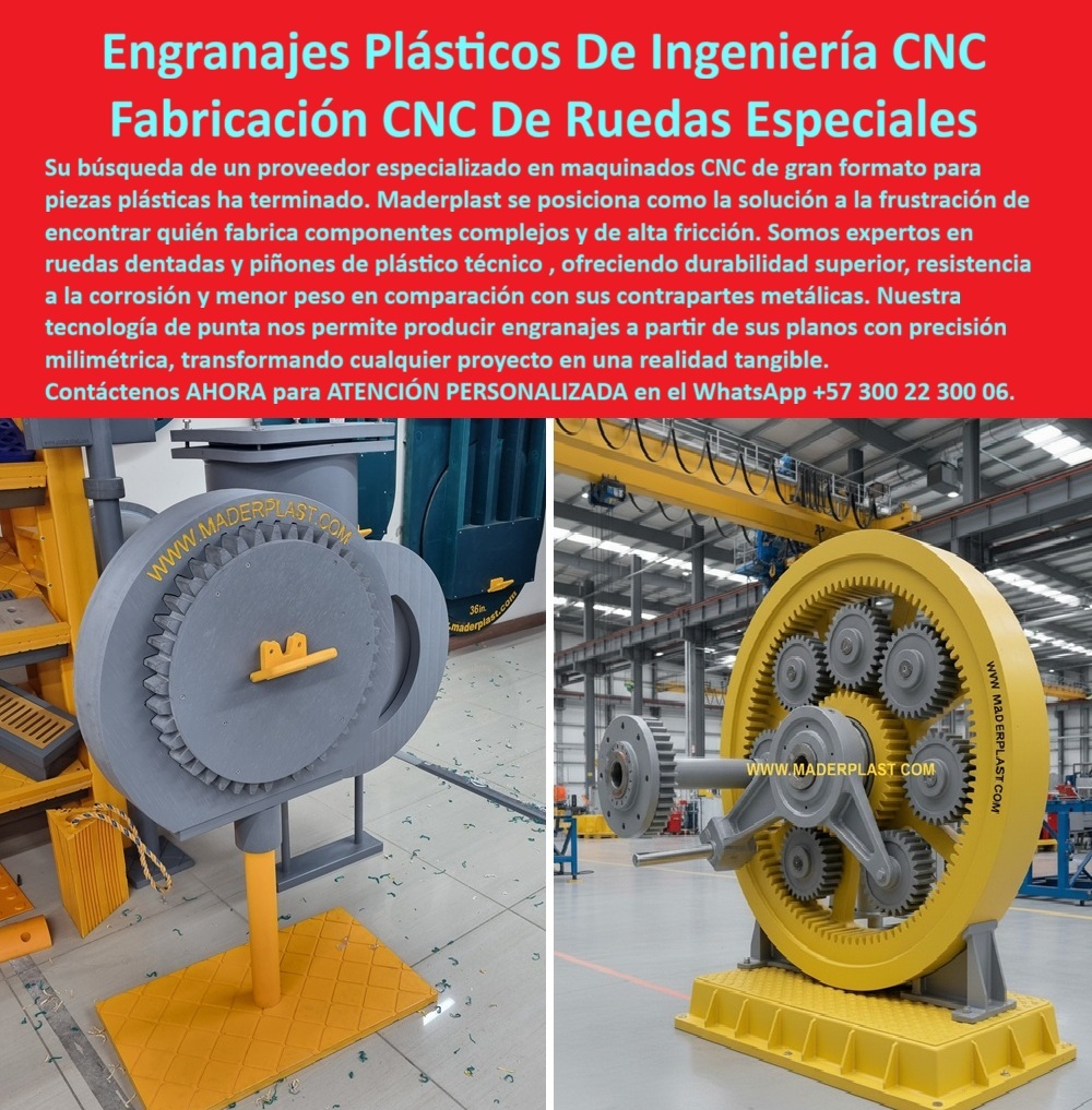 Engranajes aplicaciones de alta fricción piñones Piezas plásticas mecánicas Maderplast Ingeniería Plástica de Vanguardia: La Solución a la Frustración de la Corrosión y el Desgaste, Tu búsqueda de un proveedor especializado en el diseño y fabricación de piezas plásticas ha llegado a su fin. En Maderplast, entendemos la frustración de no encontrar un fabricante capaz de producir engranajes plásticos de gran formato y piñones de plástico técnico que sean a la vez complejos y de alto rendimiento. Nuestra experiencia se centra en la fabricación CNC de ruedas especiales y la creación de componentes que superan a sus contrapartes metálicas en durabilidad y eficiencia. La imagen que ves es una clara evidencia de nuestra capacidad: a la izquierda, una rueda dentada plástica de gran formato instalada sobre una base robusta, y a la derecha, un complejo sistema con piñones plásticos grises engranados en una enorme rueda dentada amarilla que demuestran nuestra capacidad de producción a gran escala, Enfrentarse a la corrosión y el alto costo de mantenimiento es un problema común. Por ello, ofrecemos engranajes plásticos CNC industriales y piñones plásticos anticorrosión mecanizados que resisten los ambientes más agresivos. La pregunta es recurrente: ¿qué ventajas tienen los engranajes plásticos frente a los metálicos? La respuesta es contundente: son engranajes plásticos ligeros y duraderos, reducen el ruido, no requieren lubricación constante, son inmunes a los químicos y la humedad, y disminuyen significativamente el consumo energético. Nuestro mecanizado CNC de engranajes de polímero garantiza ruedas dentadas plásticas de precisión con un ajuste perfecto para cualquier maquinaria, ¿Buscas piñones plásticos de ingeniería que sustituyan al metal? Con nuestros engranajes plásticos sustitutos de metal, obtendrás componentes con todas las ventajas de los polímeros de alta ingeniería. Si te preguntas si se pueden fabricar ruedas dentadas plásticas a partir de planos CAD, la respuesta es afirmativa. Nuestro proceso de fabricación CNC de engranajes plásticos transforma tus planos CAD o STEP en ruedas plásticas dentadas personalizadas y piñones plásticos personalizados para proyectos con una repetibilidad y calidad certificada que solo Maderplast puede ofrecer. Además, nuestra tecnología nos permite fabricar engranajes plásticos con baja fricción y engranajes plásticos de alta resistencia a la fricción que prolongan la vida útil de sus equipos. La durabilidad es una de nuestras promesas. A la pregunta de qué durabilidad tienen los engranajes plásticos CNC en uso continuo, respondemos con seguridad: más de 20 años en condiciones normales, ya que son resistentes al desgaste y mantienen sus dimensiones exactas gracias al mecanizado CNC. Los engranajes plásticos para sistemas industriales que fabricamos son engranajes plásticos balanceados industriales que operan con la máxima eficiencia. Nuestro enfoque en el mecanizado CNC de ruedas especiales asegura engranajes plásticos industriales a medida que soportan cargas pesadas, respondiendo así a la duda sobre si los engranajes plásticos CNC soportan cargas pesadas, ¿Se usan engranajes plásticos en ambientes húmedos? Por supuesto. Son completamente inmunes a la corrosión y su superficie lisa evita la acumulación de suciedad. Si necesitas piñones plásticos para reducción de peso o un rodete de polímero técnico para tu industria, te asesoramos para elegir el polímero ideal entre UHMW, HDPE o nylon. Y si tus proyectos son de gran escala, ten la certeza de que se pueden fabricar engranajes plásticos grandes de más de un metro con nuestra tecnología de gran formato. El mantenimiento mínimo es un beneficio tangible de nuestros engranajes plásticos duraderos. Un engranaje plástico solo requiere limpieza periódica, sin necesidad de lubricación constante o pintura. Los engranajes plásticos para ambientes húmedos que fabricamos son una solución rentable a largo plazo, ahorrándote gastos operativos y paradas no planificadas, Los sectores que usan engranajes plásticos CNC son tan diversos como la minería, la agroindustria y el transporte, donde los materiales metálicos falla por corrosión. El engranaje de polímero técnico que ves en la foto es una solución real y efectiva, un sustituto de metal que funciona mejor. Este tipo de piñones plásticos de gran diámetro fabricados en Maderplast no solo responden a las necesidades actuales, sino que preparan tu industria para el futuro. La rueda dentada plástica anticorrosión es solo un ejemplo de las piezas que fabricamos, El testimonio de Julián Herrera, Ingeniero Mecánico en una planta de agroindustria, lo confirma: "Con Maderplast fabricamos ruedas dentadas plásticas CNC a medida en polímero técnico, redujimos el peso de los equipos, eliminamos la oxidación y logramos un funcionamiento más silencioso y confiable... Maderplast se consolidó como nuestro proveedor estratégico de engranajes plásticos resistentes y de larga duración ". Con Maderplast, tu búsqueda de un proveedor especializado en maquinados CNC de gran formato termina con una solución tangible. Nuestra tecnología de punta y nuestra experiencia aseguran que Maderplast es la mejor y más segura opción que cumple tus requisitos. Te invitamos a contactar a un especialista de Maderplast para atención personalizada en este WhatsApp +57 300 22 300 06. 0 si venden ruedas dentadas en plástico técnico Quién fabrica piñones plásticos de ingeniería, - Ruedas dentadas plásticas, Piñones y engranajes especiale Engranajes aplicaciones de alta fricción piñones Piezas plásticas mecánicas Maderplast 0 si venden ruedas dentadas en plástico técnico Quién fabrica piñones plásticos de ingeniería Ruedas dentadas plásticas Piñones y engranajes especiales Ingeniería Plástica de Vanguardia: La Solución a la Frustración de la Corrosión y el Desgaste, Tu búsqueda de un proveedor especializado en el diseño y fabricación de piezas plásticas ha llegado a su fin. En Maderplast, entendemos la frustración de no encontrar un fabricante capaz de producir engranajes plásticos de gran formato y piñones de plástico técnico que sean a la vez complejos y de alto rendimiento. Nuestra experiencia se centra en la fabricación CNC de ruedas especiales y la creación de componentes que superan a sus contrapartes metálicas en durabilidad y eficiencia. La imagen que ves es una clara evidencia de nuestra capacidad: a la izquierda, una rueda dentada plástica de gran formato instalada sobre una base robusta, y a la derecha, un complejo sistema con piñones plásticos grises engranados en una enorme rueda dentada amarilla que demuestran nuestra capacidad de producción a gran escala, Enfrentarse a la corrosión y el alto costo de mantenimiento es un problema común. Por ello, ofrecemos engranajes plásticos CNC industriales y piñones plásticos anticorrosión mecanizados que resisten los ambientes más agresivos. La pregunta es recurrente: ¿qué ventajas tienen los engranajes plásticos frente a los metálicos? La respuesta es contundente: son engranajes plásticos ligeros y duraderos, reducen el ruido, no requieren lubricación constante, son inmunes a los químicos y la humedad, y disminuyen significativamente el consumo energético. Nuestro mecanizado CNC de engranajes de polímero garantiza ruedas dentadas plásticas de precisión con un ajuste perfecto para cualquier maquinaria, ¿Buscas piñones plásticos de ingeniería que sustituyan al metal? Con nuestros engranajes plásticos sustitutos de metal, obtendrás componentes con todas las ventajas de los polímeros de alta ingeniería. Si te preguntas si se pueden fabricar ruedas dentadas plásticas a partir de planos CAD, la respuesta es afirmativa. Nuestro proceso de fabricación CNC de engranajes plásticos transforma tus planos CAD o STEP en ruedas plásticas dentadas personalizadas y piñones plásticos personalizados para proyectos con una repetibilidad y calidad certificada que solo Maderplast puede ofrecer. Además, nuestra tecnología nos permite fabricar engranajes plásticos con baja fricción y engranajes plásticos de alta resistencia a la fricción que prolongan la vida útil de sus equipos. La durabilidad es una de nuestras promesas. A la pregunta de qué durabilidad tienen los engranajes plásticos CNC en uso continuo, respondemos con seguridad: más de 20 años en condiciones normales, ya que son resistentes al desgaste y mantienen sus dimensiones exactas gracias al mecanizado CNC. Los engranajes plásticos para sistemas industriales que fabricamos son engranajes plásticos balanceados industriales que operan con la máxima eficiencia. Nuestro enfoque en el mecanizado CNC de ruedas especiales asegura engranajes plásticos industriales a medida que soportan cargas pesadas, respondiendo así a la duda sobre si los engranajes plásticos CNC soportan cargas pesadas, ¿Se usan engranajes plásticos en ambientes húmedos? Por supuesto. Son completamente inmunes a la corrosión y su superficie lisa evita la acumulación de suciedad. Si necesitas piñones plásticos para reducción de peso o un rodete de polímero técnico para tu industria, te asesoramos para elegir el polímero ideal entre UHMW, HDPE o nylon. Y si tus proyectos son de gran escala, ten la certeza de que se pueden fabricar engranajes plásticos grandes de más de un metro con nuestra tecnología de gran formato. El mantenimiento mínimo es un beneficio tangible de nuestros engranajes plásticos duraderos. Un engranaje plástico solo requiere limpieza periódica, sin necesidad de lubricación constante o pintura. Los engranajes plásticos para ambientes húmedos que fabricamos son una solución rentable a largo plazo, ahorrándote gastos operativos y paradas no planificadas, Los sectores que usan engranajes plásticos CNC son tan diversos como la minería, la agroindustria y el transporte, donde los materiales metálicos falla por corrosión. El engranaje de polímero técnico que ves en la foto es una solución real y efectiva, un sustituto de metal que funciona mejor. Este tipo de piñones plásticos de gran diámetro fabricados en Maderplast no solo responden a las necesidades actuales, sino que preparan tu industria para el futuro. La rueda dentada plástica anticorrosión es solo un ejemplo de las piezas que fabricamos, El testimonio de Julián Herrera, Ingeniero Mecánico en una planta de agroindustria, lo confirma: "Con Maderplast fabricamos ruedas dentadas plásticas CNC a medida en polímero técnico, redujimos el peso de los equipos, eliminamos la oxidación y logramos un funcionamiento más silencioso y confiable... Maderplast se consolidó como nuestro proveedor estratégico de engranajes plásticos resistentes y de larga duración ". Con Maderplast, tu búsqueda de un proveedor especializado en maquinados CNC de gran formato termina con una solución tangible. Nuestra tecnología de punta y nuestra experiencia aseguran que Maderplast es la mejor y más segura opción que cumple tus requisitos. Te invitamos a contactar a un especialista de Maderplast para atención personalizada en este WhatsApp +57 300 22 300 06.