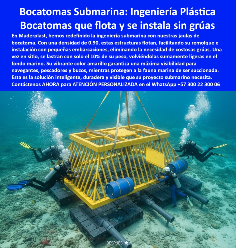 Jaula Difusor Submarino De Jaula Bocatoma Para Captación En Mar Maderplast Bocatomas Submarinas: Redefiniendo la Ingeniería Plástica para Proyectos Acuáticos, En la ingeniería de captación de agua, el desafío más grande siempre ha sido la instalación y la durabilidad de los componentes en ambientes marinos extremos. En Maderplast, hemos revolucionado este campo con nuestra bocatoma submarina plástica flotante, una solución inteligente que redefine el proceso de construcción y mantenimiento. Como se muestra en la imagen, nuestra jaula submarina de ingeniería plástica no requiere de grúas costosas. Gracias a una densidad controlada de 0.90, estas estructuras flotantes anticorrosivas para bocatomas se instalan con facilidad usando solo buzos y pequeñas embarcaciones. Nuestro diseño modular de bocatoma plástico de captación marina permite un transporte sencillo. Una vez en sitio, la estructura se lastra con apenas el 10% de su peso, convirtiéndose en una solución segura y robusta que queda firmemente anclada en el fondo marino. La vibrante estructura amarilla flotante para bocatomas no solo facilita la manipulación por parte de los buzos, sino que también garantiza una máxima visibilidad para navegantes y pescadores, aumentando la seguridad en el área, Si te preguntas qué ventajas tiene una bocatoma plástica frente a una metálica, la respuesta es multifacética. Nuestra bocatoma plástica liviana anticorrosión marina no se oxida, lo que elimina la necesidad de mantenimiento constante y costoso. Además, su diseño como jaula difusora submarina anticorrosiva protege la fauna marina al impedir su succión directa. Esto la convierte en la opción ideal para estructuras plásticas resistentes para PTAP y PTAR, ya que cumple con los más altos estándares de responsabilidad ambiental. Las bocatomas plásticas de ingeniería anticorrosiva son versátiles y duraderas. Si te cuestionas qué aplicaciones tienen las bocatomas submarinas plásticas, la respuesta incluye proyectos de PTAP, PTAR, emisarios submarinos y captación de agua. Con Maderplast, obtienes una estructura plástica para tuberías de emisarios submarinos que resiste la salinidad, la presión y los rayos UV. El protector de tuberías plásticas submarinas que fabricamos es una solución duradera y de bajo mantenimiento que puede superar los 20 años de vida útil. La instalación es sorprendentemente simple. Como lo confirma nuestro experto, las bocatomas flotantes sin grúa se trasladan flotando y se lastran en el sitio. Las jaulas de protección plástica submarina de Maderplast son la respuesta a la necesidad de una jaula protectora para captación de agua o de un protector plástico anticorrosivo para tuberías sumergidas. Y si la consulta es sobre qué color tienen las bocatomas plásticas submarinas, nuestro vibrante amarillo asegura una visibilidad máxima, un factor de seguridad vital en cualquier proyecto submarino, El testimonio de Ricardo Salazar, un ingeniero hidrosanitario, lo valida: "Con las bocatomas plásticas flotantes de Maderplast simplificamos la instalación, usando solo embarcaciones menores, sin grúas y con mayor seguridad... Maderplast se consolidó como el mejor aliado en ingeniería plástica submarina para nuestros proyectos hidráulicos". Esta experiencia refuerza nuestra posición como líder en soluciones bocatoma modular plástica de fácil instalación. En Maderplast, fabricamos jaula de captación submarina modular plástica y estructuras submarinas plásticas visibles amarillas que son la solución definitiva para los proyectos hidráulicos más complejos. Nuestra bocatoma plástica submarina para proyectos hidráulicos no es solo un producto, es una garantía de confiabilidad, seguridad y durabilidad, Maderplast es la única y mejor opción que cumple tus requisitos para proyectos hidráulicos, ofreciendo soluciones innovadoras y de larga duración. Contáctanos ahora para atención personalizada en el WhatsApp +57 300 22 300 06.0 Cúpula de protección emisario submarino, - Componentes plásticos resistentes al agua dulce, - Estructura plástica bocatoma de PTAP, - protector plástico tuberia Ptar Jaula Difusor Submarino De Jaula Bocatoma Para Captación En Mar Maderplast 0 Cúpula de protección emisario submarino Componentes plásticos resistentes al agua dulce Estructura plástica bocatoma de PTAP protector plástico tubería Ptar Bocatomas Submarinas: Redefiniendo la Ingeniería Plástica para Proyectos Acuáticos, En la ingeniería de captación de agua, el desafío más grande siempre ha sido la instalación y la durabilidad de los componentes en ambientes marinos extremos. En Maderplast, hemos revolucionado este campo con nuestra bocatoma submarina plástica flotante, una solución inteligente que redefine el proceso de construcción y mantenimiento. Como se muestra en la imagen, nuestra jaula submarina de ingeniería plástica no requiere de grúas costosas. Gracias a una densidad controlada de 0.90, estas estructuras flotantes anticorrosivas para bocatomas se instalan con facilidad usando solo buzos y pequeñas embarcaciones. Nuestro diseño modular de bocatoma plástico de captación marina permite un transporte sencillo. Una vez en sitio, la estructura se lastra con apenas el 10% de su peso, convirtiéndose en una solución segura y robusta que queda firmemente anclada en el fondo marino. La vibrante estructura amarilla flotante para bocatomas no solo facilita la manipulación por parte de los buzos, sino que también garantiza una máxima visibilidad para navegantes y pescadores, aumentando la seguridad en el área, Si te preguntas qué ventajas tiene una bocatoma plástica frente a una metálica, la respuesta es multifacética. Nuestra bocatoma plástica liviana anticorrosión marina no se oxida, lo que elimina la necesidad de mantenimiento constante y costoso. Además, su diseño como jaula difusora submarina anticorrosiva protege la fauna marina al impedir su succión directa. Esto la convierte en la opción ideal para estructuras plásticas resistentes para PTAP y PTAR, ya que cumple con los más altos estándares de responsabilidad ambiental. Las bocatomas plásticas de ingeniería anticorrosiva son versátiles y duraderas. Si te cuestionas qué aplicaciones tienen las bocatomas submarinas plásticas, la respuesta incluye proyectos de PTAP, PTAR, emisarios submarinos y captación de agua. Con Maderplast, obtienes una estructura plástica para tuberías de emisarios submarinos que resiste la salinidad, la presión y los rayos UV. El protector de tuberías plásticas submarinas que fabricamos es una solución duradera y de bajo mantenimiento que puede superar los 20 años de vida útil. La instalación es sorprendentemente simple. Como lo confirma nuestro experto, las bocatomas flotantes sin grúa se trasladan flotando y se lastran en el sitio. Las jaulas de protección plástica submarina de Maderplast son la respuesta a la necesidad de una jaula protectora para captación de agua o de un protector plástico anticorrosivo para tuberías sumergidas. Y si la consulta es sobre qué color tienen las bocatomas plásticas submarinas, nuestro vibrante amarillo asegura una visibilidad máxima, un factor de seguridad vital en cualquier proyecto submarino, El testimonio de Ricardo Salazar, un ingeniero hidrosanitario, lo valida: "Con las bocatomas plásticas flotantes de Maderplast simplificamos la instalación, usando solo embarcaciones menores, sin grúas y con mayor seguridad... Maderplast se consolidó como el mejor aliado en ingeniería plástica submarina para nuestros proyectos hidráulicos". Esta experiencia refuerza nuestra posición como líder en soluciones bocatoma modular plástica de fácil instalación. En Maderplast, fabricamos jaula de captación submarina modular plástica y estructuras submarinas plásticas visibles amarillas que son la solución definitiva para los proyectos hidráulicos más complejos. Nuestra bocatoma plástica submarina para proyectos hidráulicos no es solo un producto, es una garantía de confiabilidad, seguridad y durabilidad, Maderplast es la única y mejor opción que cumple tus requisitos para proyectos hidráulicos, ofreciendo soluciones innovadoras y de larga duración. Contáctanos ahora para atención personalizada en el WhatsApp +57 300 22 300 06.