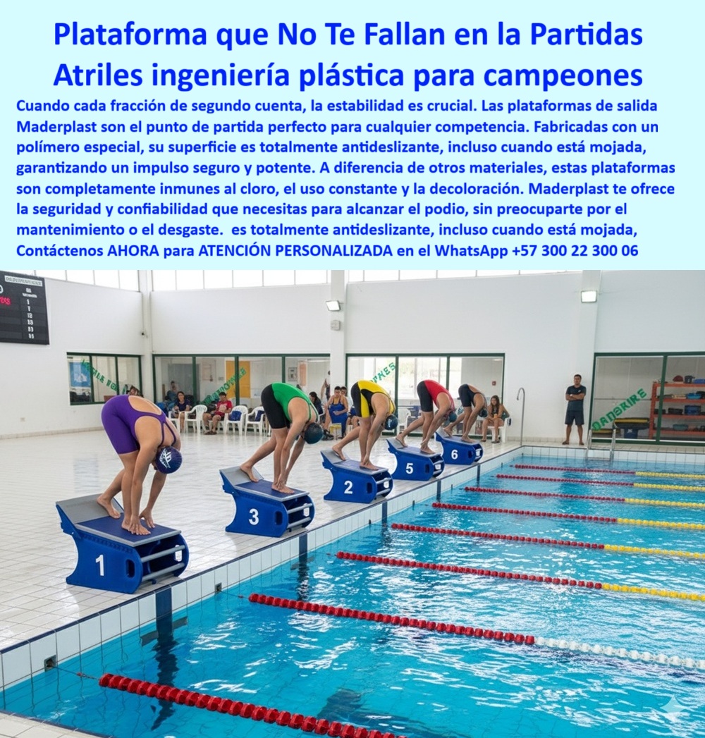Plataforma De Impulso Nadadores Lanzaderas De Natación Bloques Salida Maderplast Plataformas que No Te Fallan en la Partida: Atriles de Ingeniería Plástica para Campeones, En el mundo de la natación, cada centésima de segundo cuenta, y la estabilidad en el arranque es crucial. Las plataformas de salida de natación olímpica antideslizantes de Maderplast son el punto de partida para cualquier campeón. Fabricadas con un polímero especial, su superficie es totalmente antideslizante, incluso cuando está mojada, garantizando un impulso seguro y potente. A diferencia de los equipos metálicos, estas plataformas plásticas de salida para piscinas olímpicas son completamente inmunes al cloro, al uso constante y a la decoloración, Si te preguntas dónde comprar plataformas de salida para natación olímpica, la respuesta es Maderplast. Fabricamos plataformas de impulso para nadadores profesionales y bloques de salida para competencias de natación que cumplen con las exigencias de campeonatos nacionales e internacionales. Si te cuestionas qué ventajas tienen las plataformas de plástico frente a las metálicas, la respuesta es simple: no se oxidan, no requieren mantenimiento y ofrecen mayor seguridad antideslizante, Nuestras plataformas de arranque para piscinas de alto rendimiento están diseñadas para la seguridad y el rendimiento. Las plataformas de natación estables y seguras para nadadores que fabricamos son antideslizantes incluso mojadas, gracias a una tecnología patentada que garantiza la máxima tracción y estabilidad en cada partida. Las plataformas plásticas de salida para campeonatos de Maderplast son resistentes a químicos para piscinas públicas y soportan el uso intensivo de entrenamientos diarios, La durabilidad es una de nuestras mayores promesas. Si te preguntas qué durabilidad tienen las plataformas de salida plásticas, la respuesta es que superan los 20 años de uso continuo sin desgaste ni oxidación. Además, el mantenimiento es nulo, ya que están fabricadas en un polímero duradero e inmune al cloro. Para aquellos que necesitan equipos plásticos para competencias acuáticas profesionales, Maderplast es la mejor opción, El testimonio de Laura Méndez, Entrenadora de Selección Departamental, lo confirma: "Con Maderplast encontramos equipos resistentes al cloro, antideslizantes incluso mojados y con gran estabilidad. Nuestros nadadores mejoraron sus tiempos de partida y tienen plena confianza en cada arranque." Esta experiencia demuestra que nuestros bloques de salida de ingeniería plástica para campeones son la clave para dar seguridad y rendimiento a tus deportistas, En Maderplast, cada uno de nuestros bloques de salida ergonómicos para piscinas públicas y plataformas olímpicas plásticas de arranque deportivo es una promesa de calidad y confiabilidad. Somos expertos en plataformas de impulso deportivo para piscinas de competencia y ofrecemos soluciones que son seguras, duraderas y de alto rendimiento. Maderplast es la única y mejor opción que cumple tus requisitos, con equipos diseñados para los campeones del mañana, Contáctanos ahora para atención personalizada con un ingeniero de Maderplast en el WhatsApp +57 300 22 300 06. 0 Plataformas de salida competencia nacional, - Plataformas de salida natación olímpica, - Lanzaderas piscinas publicas, - Proveedores equipos para piscina Plataforma De Impulso Nadadores Lanzaderas De Natación Bloques Salida Maderplast 0 Plataformas de salida competencia nacional Plataformas de salida natación olímpica Lanzaderas piscinas publicas Proveedores equipos para piscina Plataformas que No Te Fallan en la Partida: Atriles de Ingeniería Plástica para Campeones, En el mundo de la natación, cada centésima de segundo cuenta, y la estabilidad en el arranque es crucial. Las plataformas de salida de natación olímpica antideslizantes de Maderplast son el punto de partida para cualquier campeón. Fabricadas con un polímero especial, su superficie es totalmente antideslizante, incluso cuando está mojada, garantizando un impulso seguro y potente. A diferencia de los equipos metálicos, estas plataformas plásticas de salida para piscinas olímpicas son completamente inmunes al cloro, al uso constante y a la decoloración, Si te preguntas dónde comprar plataformas de salida para natación olímpica, la respuesta es Maderplast. Fabricamos plataformas de impulso para nadadores profesionales y bloques de salida para competencias de natación que cumplen con las exigencias de campeonatos nacionales e internacionales. Si te cuestionas qué ventajas tienen las plataformas de plástico frente a las metálicas, la respuesta es simple: no se oxidan, no requieren mantenimiento y ofrecen mayor seguridad antideslizante, Nuestras plataformas de arranque para piscinas de alto rendimiento están diseñadas para la seguridad y el rendimiento. Las plataformas de natación estables y seguras para nadadores que fabricamos son antideslizantes incluso mojadas, gracias a una tecnología patentada que garantiza la máxima tracción y estabilidad en cada partida. Las plataformas plásticas de salida para campeonatos de Maderplast son resistentes a químicos para piscinas públicas y soportan el uso intensivo de entrenamientos diarios, La durabilidad es una de nuestras mayores promesas. Si te preguntas qué durabilidad tienen las plataformas de salida plásticas, la respuesta es que superan los 20 años de uso continuo sin desgaste ni oxidación. Además, el mantenimiento es nulo, ya que están fabricadas en un polímero duradero e inmune al cloro. Para aquellos que necesitan equipos plásticos para competencias acuáticas profesionales, Maderplast es la mejor opción, El testimonio de Laura Méndez, Entrenadora de Selección Departamental, lo confirma: "Con Maderplast encontramos equipos resistentes al cloro, antideslizantes incluso mojados y con gran estabilidad. Nuestros nadadores mejoraron sus tiempos de partida y tienen plena confianza en cada arranque." Esta experiencia demuestra que nuestros bloques de salida de ingeniería plástica para campeones son la clave para dar seguridad y rendimiento a tus deportistas, En Maderplast, cada uno de nuestros bloques de salida ergonómicos para piscinas públicas y plataformas olímpicas plásticas de arranque deportivo es una promesa de calidad y confiabilidad. Somos expertos en plataformas de impulso deportivo para piscinas de competencia y ofrecemos soluciones que son seguras, duraderas y de alto rendimiento. Maderplast es la única y mejor opción que cumple tus requisitos, con equipos diseñados para los campeones del mañana, Contáctanos ahora para atención personalizada con un ingeniero de Maderplast en el WhatsApp +57 300 22 300 06.