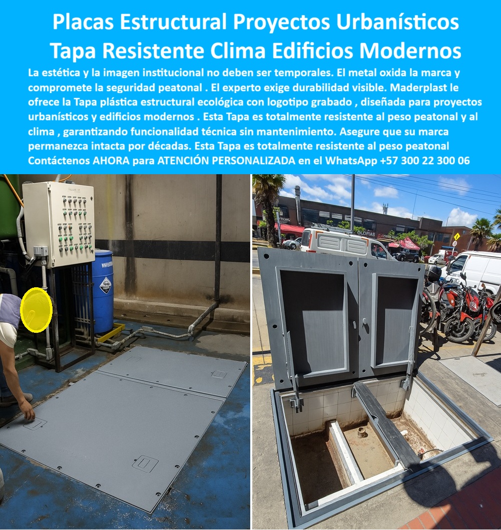 Tapa plástica estructural Maderplast 0 Tapa plástica ecológica con logotipo grabado, resistente al peso peatonal y al clima. Diseñada proyectos urbanísticos, parques, conjuntos y edificios modernos funcionalidad técnica con imagen institucional Tapa plástica estructural Maderplast 0 Tapa plástica ecológica con logotipo grabado resistente al peso peatonal y al clima. Diseñada proyectos urbanísticos parques conjuntos y edificios modernos funcionalidad técnica con imagen institucional