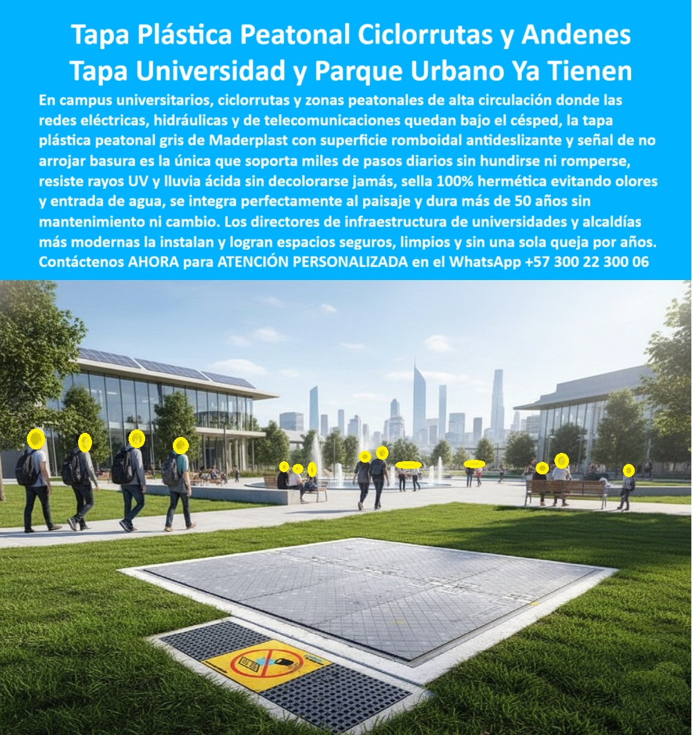 Tapa plástica para andenes ciclorrutas y redes subterráneas Maderplast 0 Tapa reforzada peatonal fabricada copolímero estructural reciclado ideal para sistemas de servicios públicos redes eléctricas e hidráulicas. Resistente al tráfico urbano