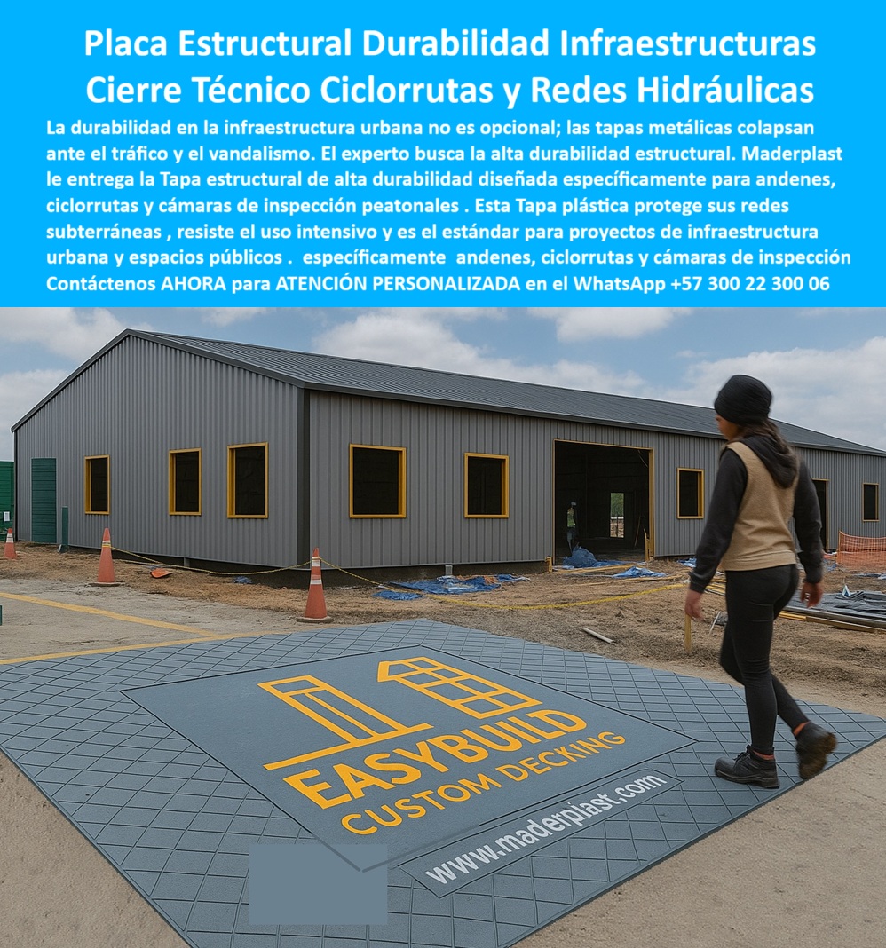 Tapa plástica para andenes ciclorrutas y redes subterráneas Maderplast 0 para calles, avenidas y cámaras de inspección peatonales Tapa estructural de alta durabilidad, diseñada para proyectos de infraestructura urbana, andenes espacios públicos Tapa plástica para andenes ciclorrutas y redes subterráneas Maderplast 0 para calles avenidas y cámaras de inspección peatonales Tapa estructural de alta durabilidad diseñada para proyectos de infraestructura urbana andenes espacios públicos