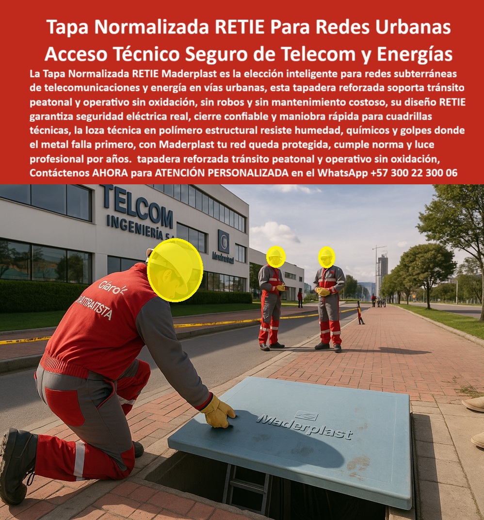 Tapas Normalizada Retie Redes Subterráneas Tapa Maderplast 0 Tapas instaladas con norma Retie vías urbanas Tapa plástica reforzada para telecomunicaciones y energía Anticorrosiva resistente y segura en entornos urbanos Tapa de acceso plástica PP Tapas Normalizada Retie Redes Subterráneas Tapa Maderplast 0 Tapas instaladas con norma Retie vías urbanas Tapa plástica reforzada para telecomunicaciones y energía Anticorrosiva resistente y segura en entornos urbanos Tapa de acceso plástica PP