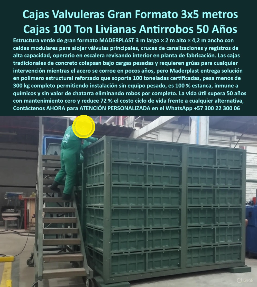 Cajas Box Grandes Cajas Grandes Tamaños Caja Válvulas Maderplast 0 Contenedor técnico soterrado alta resistencia Cajas de paso estructurales para minería Registro de corte y medida industrial Cajas para alojamiento de equipos grandes cajones La imagen presenta una caja valvulera de gran formato fabricada en polímero estructural reforzado, ubicada en planta de producción mientras un operario asciende por una escalera para mostrar de forma inequívoca su escala real, volumen interno y robustez constructiva. No se trata de una cámara convencional: este contenedor técnico soterrado de alta resistencia, desarrollado por Maderplast, está diseñado para alojar válvulas principales, cruces de canalizaciones críticas, registros de corte y medida industrial y equipos de gran tamaño que, por su peso y función, históricamente obligaban a construir cuartos de concreto costosos, lentos y propensos a fallas estructurales. La geometría modular y el diseño de celdas estructuradas permiten distribuir cargas extremas y soportar hasta 100 toneladas certificadas, manteniendo integridad mecánica sin fisuras, sin deformación y sin corrosión, incluso en aplicaciones exigentes como minería, industria pesada y redes de alta capacidad.  El problema que enfrentan los responsables de infraestructura es recurrente y costoso: las cajas tradicionales de concreto colapsan bajo cargas pesadas, requieren grúas para cualquier intervención, se fisuran con asentamientos del terreno y permiten filtraciones que comprometen válvulas y equipos críticos, mientras que las soluciones metálicas se corroen en pocos años y se convierten en blanco de robo por su valor como chatarra. Frente a este escenario, Maderplast plantea una solución definitiva con estas cajas box grandes y cajas grandes tamaños, fabricadas en polímero estructural reforzado, completamente estancas, inmunes a químicos y sin valor de chatarra, eliminando de raíz el vandalismo y los costos ocultos de mantenimiento. A diferencia del concreto, esta bóveda plástica subterránea de gran formato pesa menos de 300 kg en configuraciones equivalentes, lo que permite instalación sin grúas pesadas ni equipos especiales, reduciendo semanas de obra civil a horas de montaje efectivo.  Desde el punto de vista técnico, esta caja industrial alta resistencia responde de manera clara a las preguntas que hoy hacen ingenieros y tomadores de decisión: qué caja valvulera sirve para válvulas grandes sin usar concreto, cuál es la alternativa liviana a cámaras de concreto para válvulas principales, qué contenedor técnico soportar cargas extremas sin corrosión o cómo evitar robos en cámaras industriales grandes. La respuesta es consistente en todos los escenarios: Maderplast diseña y fabrica cajas válvulas de gran formato que combinan resistencia estructural certificada, estanqueidad total y durabilidad real superior a 50 años, con mantenimiento cero y una reducción de hasta 72 % en el costo del ciclo de vida frente a cualquier alternativa tradicional. Este desempeño convierte a estas soluciones en especificación técnica cada vez más frecuente en minería, servicios públicos, industria energética y grandes infraestructuras.  El valor diferencial no está solo en el material, sino en la capacidad de diseño y fabricación a medida. Maderplast no entrega un producto genérico, sino que adapta dimensiones, refuerzos, accesos, tapas, configuraciones internas y capacidades según la necesidad del proyecto, ya sea una caja de paso estructural para minería, un registro industrial de gran volumen, una caja para alojamiento de equipos grandes o un contenedor técnico