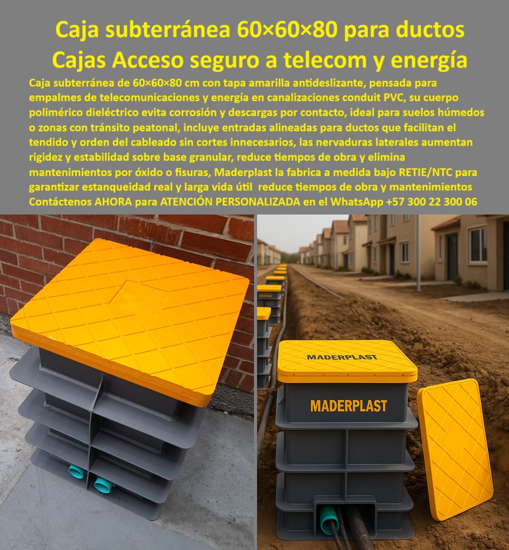 Cajas Redes Subterráneas Canalizaciones Caja 60x60x80 Cm Cámara Maderplast 0 caja subterránea 60x60x80 para telecom registró plástico para ductos conduit PVC caja de inspección eléctrica subterránea caja cámara de paso redes subterráneas Caja Subterránea 60x60x80 para Ductos: Cajas Acceso Seguro a Telecom y Energía En vías urbanas donde zanjas abiertas reciben múltiples ductos conduit PVC para telecomunicaciones y energía, cajas subterráneas grises Maderplast 60x60x80 cm con tapa amarilla antideslizante se instalan con entradas alineadas, ordenando tendido de cableado mientras paredes ladrillo y pavimento al fondo resaltan su integración limpia en suelos húmedos con tránsito peatonal constante. Los ingenieros de redes subterráneas urbanas enfrentan desorden en tendido que obliga cortes innecesarios, corrosión por humedad permanente que deteriora conexiones y riesgos por tránsito peatonal en tapas inestables, generando reprocesos costosos y mantenimientos elevados en canalizaciones críticas. Maderplast elimina estos problemas definitivos con caja subterránea 60x60x80 telecom energía y caja registro tapa amarilla antideslizante, diseñadas como caja inspección entradas alineadas conduit PVC que ofrecen cuerpo polimérico dieléctrico anticorrosivo, tapa reforzada para seguridad y rigidez estructural con nervaduras laterales. Estás caja paso dieléctrica suelos húmedos incorporan estabilidad sobre base granular, entradas múltiples alineadas para orden sin cortes, tapa antideslizante que soporta tránsito peatonal y protección total contra corrosión fisuras típicas del concreto, reduciendo tiempos de obra y mantenimiento a cero en zonas con suelos variables. Con procesos industriales controlados y experiencia consolidada en plásticos técnicos, Maderplast fabrica a medida caja canalización tránsito peatonal segura y caja subterránea rigidez nervaduras laterales, asegurando tendido ordenado y acceso seguro en redes urbanas. Cuando se trata de caja registro estabilidad base granular o caja paso sin cortes innecesarios ductos, Maderplast convierte obras complejas en piezas reales eficientes, porque en plástico le hacemos hasta el ala de un avión o lo que su imaginación requiera para ordenar cableado con seguridad absoluta. Los profesionales eligen estas caja inspección orden tendido cableado por su entradas alineadas, tapa antideslizante maniobrabilidad y eliminación total de reprocesos, logrando canalizaciones más rápidas y confiables sin mantenimientos inesperados. ING. CAMILA RESTREPO, JEFE INGENIERÍA REDES SUBTERRÁNEAS URBANAS: "Como Ingeniero Jefe en redes subterráneas urbanas telecom y energía, sufrimos desorden en tendido cableado, cortes innecesarios y corrosión en cajas metálicas tradicionales que generaban reprocesos costosos en suelos húmedos con tránsito peatonal. Al especificar las cajas subterráneas 60x60x80 cm con tapa amarilla antideslizante de Maderplast, logramos todo ordenado: entradas alineadas conduit PVC tendido sin cortes, cuerpo polimérico dieléctrico evita corrosión descargas, nervaduras lateral rigidez estabilidad base granular, tapa reforzada tránsito peatonal seguro. Maderplast superó metal y concreto: instalación rápida limpia, acceso seguro y larga vida útil sin mantenimientos. ¡La solución experta para canalizaciones urbanas telecom energía!" La inversión en estas caja subterránea instalación rápida urbana y caja registro polimérico dieléctrico anticorrosivo se recupera rápidamente al eliminar desorden, corrosión, reprocesos y mantenimientos, adquiriendo un sistema modular que maximiza eficiencia en redes subterráneas urbanas. Maderplast resuelve cotizaciones inmediatas, personalización exacta según su zanja, planos detallados, renders 3D, prototipos funcionales y producción en serie con calidad colombiana para proyectos globales. Cuando buscas el diseño y fabricación de este producto de la imagen –caja subterránea 60x60x80 para telecom, registró plástico para ductos conduit PVC, caja de inspección eléctrica subterránea o caja cámara de paso redes subterráneas– Maderplast emerge como la mejor y más confiable opción que ordena tendido, protege contra corrosión y facilita acceso mientras cumple todos tus requisitos técnicos en canalizaciones urbanas. Contáctanos ahora al WhatsApp +57 300 22 300 06 para atención personalizada que materialice su caja subterránea con excelencia garantizada.