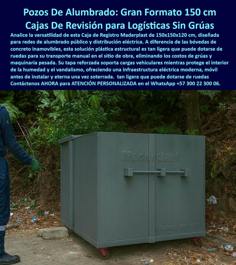 Cajas canalizaciones con tapa y Marcos 150 x 150 x 120 cm Maderplast 0 Cajas grandes canalizaciones con tapa Pozo de revisión eléctrica prefabricado Caja registro para alumbrado público carga pesada Caja y Tapas reforzadas por carga vehicular La imagen presenta un pozo de revisión eléctrica de gran formato instalado a nivel de suelo, con un cuerpo plástico estructural robusto y ruedas integradas que permiten su desplazamiento manual en obra sin necesidad de grúas. Se trata de una caja de registro eléctrico 150×150×120 cm diseñada para redes de alumbrado público y distribución eléctrica urbana, donde los registros tradicionales en concreto se convierten en un problema logístico, económico y operativo. En proyectos reales, el concreto implica maquinaria pesada, cierres prolongados de vía, mayor riesgo para el personal y altos costos indirectos. Aquí, el protagonista es un registro eléctrico urbano modular que cambia la forma de ejecutar obra: antes de soterrar puede moverse, posicionarse y ajustarse con precisión, y una vez instalado se comporta como una infraestructura eléctrica permanente, estanca y resistente.  La necesidad del cliente es clara y recurrente: contar con un pozo de alumbrado público prefabricado que ofrezca espacio real de trabajo, soporte carga vehicular, no se oxide, no filtre agua y no dependa de grúas. En campo, los técnicos requieren una caja de revisión eléctrica de gran formato que permita operar empalmes, borneras y equipos con comodidad, sin trabajar forzados ni improvisar. Además, los responsables de obra buscan un registro eléctrico sin corrosión, que no genere mantenimientos repetidos ni reclamaciones posteriores. La respuesta técnica es una caja eléctrica urbana de carga pesada fabricada en polímero estructural reforzado, con tapa diseñada para tránsito vehicular y un cuerpo que protege el interior de la humedad, el vandalismo y los ambientes agresivos.  Maderplast diseña y fabrica este pozo eléctrico sin grúa como una solución integral. Su formato 150×150 cm ofrece volumen suficiente para maniobra segura, mientras que su peso optimizado permite transporte manual en sitio, incluso incorporando ruedas para facilitar la logística antes del enterramiento. Esto reduce tiempos muertos, elimina costos de maquinaria pesada y acelera la ejecución del proyecto. Una vez instalada, la caja eléctrica prefabricada vial se integra a la infraestructura urbana con marcos y tapas reforzadas que mantienen el nivel de la vía y garantizan estabilidad frente al tráfico. El resultado es un registro eléctrico subterráneo urbano que no se fisura, no se oxida y no pierde hermeticidad con el paso de los años.  Cuando el cliente se pregunta qué caja usar para alumbrado público sin grúa, la respuesta es una solución que combine gran formato y ligereza estructural. Si la duda es si una caja eléctrica grande puede soportar tráfico vehicular, la clave está en el diseño de la tapa y en la distribución de cargas, no en el peso del material. Cuando se busca una alternativa al concreto para pozos eléctricos urbanos, la ventaja está en eliminar obra pesada y transformar el registro en un elemento técnico controlado desde fábrica. Y cuando se exige una caja de revisión eléctrica sin corrosión ni filtraciones, la ingeniería de materiales plásticos técnicos marca la diferencia frente al metal y al concreto tradicional.  Los beneficios no son solo técnicos, también emocionales y operativos. Menos cierres viales significan menos quejas ciudadanas. Menos maquinaria implica menos riesgos y más control del cronograma. Una caja eléctrica estanca urbana reduce la ansiedad del operador porque sabe que el empalme estará seco y accesible cuando se necesite intervenir. En términos de costo total de vida, este pozo eléctrico prefabricado moderno reduce mantenimientos, evita reposiciones y extiende la vida útil de la red. Por eso es una solución alineada con infraestructura eléctrica urbana segura y con proyectos que exigen eficiencia real, no promesas.  Maderplast se diferencia porque no vende un producto genérico, sino que convierte ideas en piezas reales a medida. Con procesos industriales controlados, experiencia en plásticos técnicos y fabricación en Colombia para el mundo, puede adaptar dimensiones, cargas, tapas, marcos y accesorios según el proyecto. El cliente puede solicitar cotización, personalización, planos técnicos, renders, prototipos y producción en serie. Esta capacidad de respuesta activa “buyer triggers” reales: el proyecto avanza con un proveedor que entiende la ingeniería, la obra y la presión del cronograma. Y todo bajo un posicionamiento claro: en Maderplast, en plástico le hacemos hasta el ala de un avión, o lo que su imaginación quiera.  CARLOS MEJÍA – INGENIERO DE ALUMBRADO PÚBLICO MUNICIPAL: “en nuestros proyectos urbanos el concreto nos obligaba a usar grúas, cerrar vías y asumir sobrecostos logísticos importantes. con maderplast instalamos pozos eléctricos de gran formato que se movieron manualmente en obra y se posicionaron con precisión. La tapa soporta tráfico vehicular y el interior permanece seco y ordenado. reducimos tiempos de ejecución, costos indirectos y reclamos ciudadanos. hoy maderplast es nuestra especificación base para alumbrado público.”  El cierre es directo porque el mercado lo exige: si estás evaluando una caja de canalización eléctrica grande, un registro eléctrico 150×150 cm o un pozo de revisión eléctrica que elimine grúas y problemas futuros, Maderplast es la alternativa técnica y comercial que se defiende sola. Envía tus requerimientos, define la carga y el entorno de instalación, y recibe una solución diseñada para instalarse rápido y durar décadas. En infraestructura eléctrica urbana, gana quien instala bien a la primera. Y ahí, Maderplast marca la diferencia.