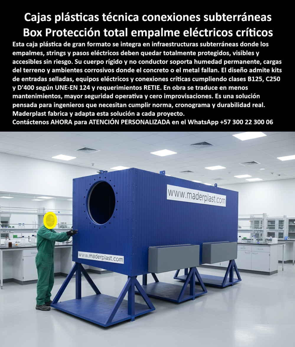 Catálogo Caja Plástica Pozo Conexiones Cajas De Paso Strings Maderplast 0 caja plástica subterránea empalmes eléctricos pozo de registro eléctrico clase D400 caja de paso eléctrica RETIE caja plástica strings solares subterránea no conductora Cajas Plásticas Técnica Conexiones Subterráneas: Box Protección Total Empalme Eléctricos Críticos En entornos controlados de laboratorio, una caja plástica técnica azul de gran formato se eleva sobre soportes metálicos estables, destacando su abertura circular lateral para conexiones múltiples, cuerpo rígido no conductor y tapa superior removible que garantiza acceso seguro, integrándose perfectamente en infraestructuras subterráneas donde empalmes, strings y pasos eléctricos críticos demandan protección absoluta, visibilidad y accesibilidad sin comprometer la seguridad operativa. Los ingenieros responsables de redes eléctricas subterráneas enfrentan diariamente los límites del concreto que se agrieta bajo cargas del terreno y del metal que sucumbe rápidamente a la corrosión en ambientes húmedos permanentes, generando mantenimientos frecuentes, improvisaciones costosas y riesgos inaceptables que retrasan cronogramas y comprometen el cumplimiento normativo. Maderplast elimina estos puntos de falla con cajas plásticas empalmes eléctricos subterráneos RETIE y box protección conexiones críticas no conductor, diseñadas como pozos registro eléctricos plásticos anticorrosivos que soportan clases B125, C250 y D'400 según UNE-EN 124, ofreciendo un cuerpo rígido que resiste humedad permanente, cargas del terreno y ambientes corrosivos donde los materiales tradicionales fallan irremediablemente. Estas cajas técnicas gran formato clase D400 incorporan kits de entradas selladas para equipos eléctricos y conexiones críticas, asegurando protección total de empalmes y strings solares subterráneos no conductoras, con diseño que facilita inspecciones visibles y accesibles sin riesgo, traduciéndose en obra en menos mantenimientos, mayor seguridad operativa y cero improvisaciones. Con procesos industriales controlados y experiencia consolidada en plásticos técnicos, Maderplast fabrica a medida cajas plásticas gran formato entradas selladas y box empalmes críticos resiste humedad permanente, adaptando cada solución a las exigencias específicas del proyecto para cumplir RETIE con precisión absoluta. Cuando se trata de cajas técnicas conexiones subterráneas clase C250 o pozos eléctricos plásticos cumplimiento UNE-EN 124, Maderplast convierte ideas complejas en piezas reales duraderas, porque en plástico le hacemos hasta el ala de un avión o lo que su imaginación requiera para blindar sus infraestructuras críticas. Los profesionales eligen estas cajas gran formato protección total empalmes por su rigidez no conductora, resistencia a corrosión y cargas del terreno, logrando mantenimiento mínimo, seguridad operativa máxima y durabilidad real que supera ampliamente al concreto y metal en entornos agresivos. ING. ANDRÉS FELIPE TORRES, JEFE INGENIERÍA ELÉCTRICA, PROYECTOS SUBESTACIONES COLOMBIA: "Como Ingeniero Jefe Eléctrico en proyectos de subestaciones y redes críticas, lidiamos con fallas constantes por corrosión en cajas metálicas y concreto que no resisten humedad ni cargas del terreno, generando improvisaciones costosas y riesgos operativos. Al especificar las cajas técnicas gran formato de Maderplast, no conductoras y rígidas, logramos protección total de empalmes y strings cumpliendo RETIE y clases B 125 a D400 UNE-EN 124, con entradas selladas y acceso seguro sin riesgo. Maderplast superó al metal y concreto: cero corrosión, menos mantenimientos y seguridad operativa absoluta. ¡La solución técnica que todo ingeniero necesita para cumplir norma y cronograma sin sorpresas!" La inversión en estas cajas subterráneas strings solares no conductoras y pozos registro plásticos accesibles sin riesgo se recupera rápidamente al eliminar fallas recurrentes, improvisaciones y riesgos, adquiriendo un activo técnico que garantiza continuidad operativa y cumplimiento normativo sin sorpresas. Maderplast resuelve cotizaciones inmediatas, personalización exacta según su diseño, planos detallados, renders 3D, prototipos funcionales y producción en serie con calidad colombiana para proyectos en todo el mundo. Cuando buscas el diseño y fabricación de este producto de la imagen –caja plástica subterránea empalmes eléctricos, pozo de registro eléctrico clase D400, caja de paso eléctrica RETIE o caja plástica strings solares subterránea no conductora– Maderplast emerge como la mejor y más confiable opción que cumple todos tus requisitos normativos, técnicos y de durabilidad real, protegiendo sus conexiones críticas con innovación superior. Contáctanos ahora al WhatsApp +57 300 22 300 06 para atención personalizada que materialice su solución subterránea con excelencia garantizada.