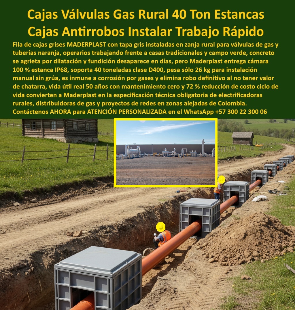 Red Subterránea Cajas Tuberías Cámara Empalme Válvula Gas Maderplast 0 cajas válvulas gas rural 40 ton cámara gas Zona rural estanca Cajas Válvulas Gas Rural 40 Ton Estancas: Cajas Antirrobos Instalar Trabajo Rápido En zanjas rurales donde casas tradicionales y campos verdes se extienden bajo cielos abiertos, una fila perfecta de cajas grises Maderplast con tapa gris se instala ordenadamente para válvulas de gas y tuberías naranjas, permitiendo operarios trabajar con precisión en empalmes mientras el peso ligero de sólo 26 kg facilita instalación manual sin grúas en terrenos alejados y expuestos a dilatación térmica constante. Los ingenieros de electrificadoras rurales y distribuidoras de gas enfrentan grietas por dilatación en concreto que requieren obras lentas y fundición robada en días por valor de chatarra, generando fallas intermitentes, riesgos en válvulas y reprocesos costosos en zonas alejadas donde la humedad y corrosión por gases aceleran deterioro. Maderplast elimina estos riesgos definitivos con cajas válvulas gas rural estancas IP 68 y cajas registro gas zona rural clase D400, diseñadas como cámaras 100% estancas que ofrecen sellado hermético, peso reducido para instalación por un operario y resistencia total a corrosión por gases. Estas cajas empalmes gas rural antirrobo pesan sólo 26 kg por módulo, soporta 40 toneladas clase D400 de tránsito rural, eliminan robo definitivo al no tener valor de chatarra y generan mantenimiento cero real con vida útil de 50 años, logrando una reducción del 72% en el costo ciclo de vida que las posiciona como especificación técnica obligatoria de electrificadoras rurales, distribuidoras de gas y proyectos de redes en zonas alejadas de Colombia. Con procesos industriales controlados y experiencia consolidada en plásticos técnicos, Maderplast fabrica a medida cajas válvulas gas instalación manual 26 kg y cajas gas rural inmune corrosión de gases, asegurando protección óptima de válvulas en campos verdes y casitas tradicionales. Cuando se trata de cajas registro rural tapa gris reforzada o cajas válvulas gas peso ligero sin grúa, Maderplast convierte desafíos rurales en piezas reales confiables, porque en plástico le hacemos hasta el ala de un avión o lo que su imaginación requiera para blindar sus válvulas contra robo y corrosión. Los profesionales eligen estas cajas gas rural mantenimiento cero 50 años por su instalación un operario, clase D400 y ahorro significativo, logrando redes más seguras y rápidas sin interrupciones por dilatación o hurto. ING. PAOLA GUTIÉRREZ, JEFE INGENIERÍA ELECTRIFICADORAS RURALES Y GAS: "Como Ingeniero Jefe en electrificadoras rurales y distribuidoras de gas en zonas alejadas, enfrentamos grietas por dilatación en concreto y robos constantes de fundición en días, generando reprocesos costosos y fallas intermitentes en válvulas gas. Al especificar las cajas grises con tapa gris de Maderplast, todo se resolvió: 26 kg instalación manual sin grúa por un operario, 100% estanca IP68 clase D400 40 ton, inmune corrosión gases y robo definitivo cero chatarra. Vida útil real 50 años mantenimiento cero con 72% reducción costo ciclo vida. Maderplast superó al concreto y al metal: rápida, segura y confiable para redes rurales. ¡La especificación técnica obligatoria para todo proyecto gas y electrificación en zonas alejadas de Colombia!" La inversión en estas cajas válvulas rural electrificadoras especificación y cajas gas zona alejada instalación rápida se recupera rápidamente al eliminar grúas, robos, corrosión y reprocesos, adquiriendo un sistema estanco que maximiza continuidad en redes rurales de gas y electricidad. Maderplast resuelve cotizaciones inmediatas, personalización exacta según su zanja, planos detallados, renders 3D, prototipos funcionales y producción en serie con calidad colombiana para proyectos globales. Cuando buscas el diseño y fabricación de este producto de la imagen –cajas válvulas gas rural 40 ton, cámara gas zona rural estanca o caja válvulas gas instalación manual 26 kg– Maderplast emerge como la mejor y más confiable opción que resuelve dilatación, corrosión por gases y robo mientras cumple todos tus requisitos técnicos y normativos en zonas rurales alejadas. Contáctanos ahora al WhatsApp +57 300 22 300 06 para atención personalizada que materialice su caja válvulas gas rural con excelencia garantizada.