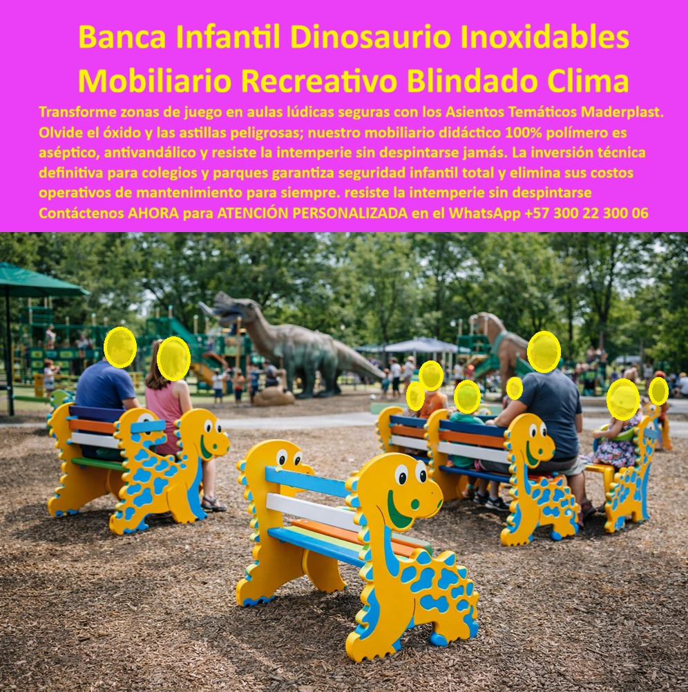 Asientos Temáticos Dinosaurios Mobiliario Recreativo Tematizados Maderplast 0 Dinosaurio Infantil Parque Mobiliario Urbano Lúdico Figuras Prehistóricas Alta Seguridad Dinosaurio Infantil Parque Mobiliario Urbano silla Mobiliario Temático que Desafía la Extinción: Banca Infantil Dinosaurio Maderplast Transforme espacios grises en aulas de "Edutainment" seguras y libres de mantenimiento.  En el diseño de espacios infantiles, la línea entre un parque memorable y uno olvidado suele ser la capacidad de despertar la imaginación. Sin embargo, para el administrador o rector, la prioridad es otra: la seguridad y el presupuesto operativo. Las bancas tradicionales de madera se astillan y pudre, convirtiéndose en un peligro biológico y físico; las de metal se oxidan, cortan y queman la piel de los niños bajo el sol. Maderplast ha resuelto esta dicotomía evolutiva.  Presentamos la Banca Infantil Dinosaurio Inoxidable Maderplast, una solución de mobiliario urbano lúdico que fusiona la funcionalidad de un asiento ergonómico con la magia de un juguete gigante. Visualice una estructura lateral con siluetas de dinosaurios amigables (tipo saurópodo) en polímero técnico de colores vibrantes amarillo y naranja, sosteniendo un asiento multicolor. No son simples sillas; son estaciones de descanso activo que invitan a los niños a socializar y aprender en un entorno de paleontología lúdica.  ¿Por qué Maderplast es la especificación técnica superior?  Seguridad Táctil y Térmica Certificada: Una de las búsquedas más frecuentes de sus clientes es "bancas para niños que no se calientan al sol ni tengan astillas". Maderplast responde con polímeros técnicos atérmicos. A diferencia del metal que causa quemaduras de primer grado o la madera que suelta astillas infecciosas, nuestros asientos se mantienen a una temperatura segura incluso bajo el sol directo de mediodía, garantizando uso continuo sin riesgos.  Color Integral "Anti-Desgaste": Olvídese de la partida presupuestal para pintura y barniz anual. Nuestros asientos mantienen su color vivo en la masa misma del material. No se descascaran ni decoloran por radiación UV, respondiendo a la necesidad crítica de "mobiliario escolar exterior que mantenga su apariencia por años".  Resistencia Antivandálica Monobloque: En entornos públicos y escolares, el vandalismo es una realidad. Maderplast fabrica piezas sólidas, pesadas y robustas, imposibles de desarmar o romper con el uso rudo diario. Es la definición de activo fijo duradero.  Personalización Industrial a su Medida  Entendemos que cada proyecto es único. Como fabricantes expertos en Colombia, no nos limitamos a un catálogo estático. "Si usted lo imagina, nosotros lo plastificamos". Ya sea que necesite equipamiento para parques de atracciones, mobiliario para guarderías sin mantenimiento o una renovación completa de zonas recreativas temáticas, tenemos la capacidad de ingeniería para prototipar y producir en serie soluciones que se ajusten a su narrativa visual y requerimientos de espacio. EL TESTIMONIO PROFESIONAL CASO DE ÉXITO "CONVERTIMOS UNA ZONA DE PASO EN EL LUGAR FAVORITO DEL RECREO"  "Teníamos un problema recurrente en el Colegio Bilingüe Los Alerces con las bancas de madera y hierro antiguas: o estaban oxidadas manchando los uniformes blancos, o tenían astillas que enviaban a los niños a la enfermería semanalmente. El mantenimiento era costoso y constante, drenando el presupuesto operativo. Decidimos renovar el área de preescolar con las Bancas Infantiles Dinosaurio Maderplast. El impacto fue inmediato y positivo. No solo son visualmente hermosas y alegres, transformando el paisaje, sino que son tanques de guerra en durabilidad. Los niños saltan sobre ellas, las usan para juegos de rol y los padres se sientan cómodamente en las entregas. Llevan tres años bajo el sol y la lluvia, y siguen tan brillantes y seguras como el primer día. Eliminamos el riesgo y el gasto de mantenimiento de un solo golpe." — Coordinadora de Planta Física.  El Argumento es contundente. Técnico: Elimine el Riesgo de su Firma  Señor Ingeniero, Arquitecto o Administrador Público: Sabemos que al firmar una orden de compra, usted está poniendo su reputación en juego. El miedo a una demanda por un niño lastimado con una astilla o el temor a un hallazgo fiscal por mobiliario que se deterioró en seis meses son reales.  El Argumento es Técnico y contundente. con Maderplast elimina esos miedos de raíz. Usted no está comprando "muñecos de plástico"; está adquiriendo infraestructura certificada con fichas técnicas que respaldan la seguridad, la toxicidad y la durabilidad extrema. Está comprando la tranquilidad de saber que si ocurre una auditoría en 5 años, el mobiliario estará intacto. Está invirtiendo en bancas infantiles formas animales precios que son, en realidad, activos financieros libres de pasivos de mantenimiento.  No arriesgue su proyecto con materiales del siglo pasado. Especifique lo que dura, lo que es seguro y lo que los niños aman.  Contáctenos AHORA. Convierta sus planos en realidad indestructible. Solicite cotización, renders y fichas técnicas hoy mismo.  Asesoría Especializada Con Un Especialista De Maderplast, Atención Personalizada En Este Whatsapp +57 300 22 300 06