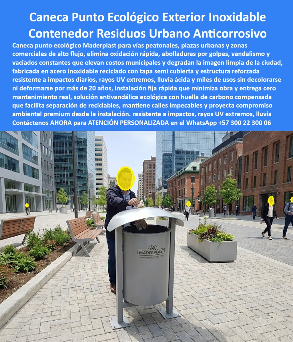 Caneca Punto Ecológico Exterior Contenedor Residuos Vial Maderplast 0 Caneca Mobiliario Urbano Reciclaje Recuperables No Recuperables Larga Duración Basurera urbana peatonal cubierta larga durabilidad Contenedor Residuos Vial  Caneca Punto Ecológico Exterior Inoxidable – Contenedor de Residuos Urbano Anticorrosivo  En la imagen se aprecia una caneca urbana exterior con tapa curva semicubierta, instalada en un corredor peatonal moderno de alto tránsito, donde peatones depositan residuos incluso bajo lluvia. La cubierta superior desvía el agua hacia los laterales, manteniendo el interior seco y evitando lixiviados, malos olores y regueros que degradan la imagen urbana. El cuerpo cilíndrico, anclado firmemente al suelo, transmite estabilidad, orden y permanencia, resolviendo uno de los problemas más críticos de la gestión urbana: basureras que se oxidan, se abollan, se vuelcan o requieren reemplazos constantes.  El dolor del gestor público, del ingeniero urbano y del administrador de espacios comerciales es claro: mobiliario que falla rápido, genera quejas ciudadanas, incrementa costos operativos y expone responsabilidades técnicas. Las basureras tradicionales metálicas o livianas no están diseñadas para lluvia constante, rayos UV extremos, vandalismo ni miles de usos diarios. La caneca punto ecológico exterior Maderplast nace precisamente para eliminar ese riesgo técnico y financiero.  Diseñada y fabricada con materiales poliméricos técnicos inoxidables de alta resistencia, esta caneca urbana exterior no se oxida, no requiere pintura y mantiene su geometría y color durante décadas. La tapa curva semicubierta controla el ingreso de agua sin dificultar el uso, manteniendo los residuos secos y contenidos. Su estructura reforzada, anclada al pavimento, evita robos, volcamientos y deslizamientos, incluso en zonas de alto tráfico peatonal. El acceso frontal amplio agiliza el depósito de residuos, reduciendo la basura en el suelo y mejorando la eficiencia del personal de aseo.  Para quienes buscan respuestas claras, esta es la caneca urbana que dura años sin oxidarse en calles y zonas peatonales, la basurera pública ideal para vías con lluvia constante y el contenedor urbano que evita robos y daños en espacio público. No es una promesa comercial, es ingeniería aplicada a la realidad urbana. Esta caneca urbana cilíndrica con tapa curva instalada en vía peatonal moderna, está basurera pública con cubierta superior desviadora de lluvia, este contenedor de residuos anclado al suelo en entorno comercial, esta caneca exterior con tapa semi cubierta usada por peatones y está basurera urbana resistente en andenes de alto tránsito son identificables visual y técnicamente sin ambigüedad.  Maderplast marca la diferencia porque no vende mobiliario frágil, sino infraestructura urbana. Procesos industriales controlados, experiencia comprobada en plásticos técnicos y fabricación a medida en Colombia para el mundo respaldan cada proyecto. El cliente puede solicitar cotización, personalización, planos técnicos, renders, prototipos y producción en serie, sabiendo que Maderplast convierte ideas en piezas reales a medida. En Maderplast, el plástico se hace hasta el ala de un avión, o lo que la imaginación del proyecto requiera.  El Argumento es Técnico y contundente. Es claro: se entregan fichas técnicas, especificaciones de materiales, vida útil proyectada, sistemas de anclaje y documentación que respalda la decisión del ingeniero ante cualquier auditoría o responsabilidad futura. No es una compra emocional, es una inversión técnica segura.  EL TESTIMONIO PROFESIONAL DE ÉXITO: DE CASO DE ÉXITO “Soy Andrés Molina, director de operaciones urbanas. durante años instalamos basureras que duraban meses, se oxidaban, se volcaban y daban mala imagen. implementamos las canecas urbanas maderplast en el eje peatonal principal y el cambio fue definitivo. llevan años sin pintura ni reparaciones, la gente las usa incluso bajo la lluvia y el corredor se mantiene limpio y ordenado. fue una decisión técnica correcta, no solo estética.”  Si el objetivo es eliminar mantenimiento, proteger la imagen de ciudad y firmar con tranquilidad, esta caneca punto ecológico exterior Maderplast es la solución definitiva. Contáctenos ahora y convierta un punto crítico en un activo urbano permanente.