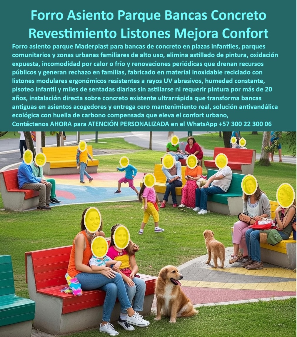 Forro Asiento Parque Elimina Corrosión Forros banca concreto Maderplast 0 Revestimiento bancas concreto mejora confort urbano Forros para bancas de concreto en parques infantiles Renovación Mobiliario Urbano Evita Oxidación 0 Forros para Bancas de Concreto y Renovación de Mobiliario sin Demolición Maderplast Ingeniería de Confort Urbano:  Visualice la reactivación total y vibrante de un parque familiar tal como se aprecia en la imagen: estructuras de mampostería que antes eran grises, ásperas y frías, ahora transformadas en asientos coloridos, seguros y acogedores gracias al Forro Asiento Parque Elimina Corrosión Maderplast. Este sistema de ingeniería no es una simple pintura superficial; es un kit de Forros banca concreto Maderplast compuesto por listones modulares de polímeros de alto impacto en tonos amarillo, rojo, verde y azul, diseñados para instalarse directamente sobre la estructura existente. Esta intervención técnica convierte superficies duras en asientos ergonómicos y térmicos que no se congelan en la mañana ni queman la piel de los niños al mediodía, eliminando raspones por concreto rugoso y resistiendo el pisoteo constante y la intemperie sin perder su color, garantizando cero gastos operativos por más de 20 años.  Los líderes comunitarios y arquitectos se enfrentan frecuentemente al desafío de cómo arreglar bancas de concreto en parques infantiles para que sean más cómodas sin incurrir en los altos costos de demolición y remoción de escombros. La respuesta técnica es el Revestimiento de bancas concreto mejora el confort urbano de Maderplast. Al instalar nuestros forros de listones, usted cubre el defecto estructural y estético con una superficie plástica suave y segura. Si su objetivo es encontrar un recubrimiento para bancas de parque que no necesite pintura nunca, los perfiles de renovación Maderplast son 100% integrales en color y estabilizados contra rayos UV, eliminando para siempre el descascaramiento. Además, ante la consulta sobre qué material poner sobre bancas de cemento para que no se calienten con el sol, nuestros kits de forros atérmicos de ingeniería actúan como una barrera aislante, permitiendo el uso del mobiliario a cualquier hora del día sin riesgo de quemaduras, una ventaja crítica para la Renovación Mobiliario Urbano Evita Oxidación en zonas familiares.  En Maderplast, entendemos que la recuperación del espacio público debe ser ágil y definitiva. Por ello, activamos los disparadores de compra necesarios: solicite cotización inmediata, personalización de combinaciones de colores, planos de montaje sobre sus medidas actuales, renders de transformación y producción en serie. Como fabricantes con procesos industriales controlados, hacemos realidad el lema de que "en plástico le hacemos hasta el ala de un avión", entregando soluciones como los Forros para bancas de concreto en parques infantiles, tablas plásticas para cubrir cemento y asientos térmicos para parques infantiles. Nuestra tecnología permite la restauración de plazas públicas sin demoler, utilizando perfiles plásticos resistentes a la intemperie que actúan como recubrimiento para gradas y muros de concreto, asegurando un mantenimiento de parques de bajo costo y una infraestructura recreativa libre de mantenimiento real. EL TESTIMONIO PROFESIONAL DE CASO DE ÉXITO:  "El parque pasó de ser un 'cementerio de gris' a la alegría del barrio", confirma la sra. Martha Lucia Vega, presidenta de la junta de acción comunal del barrio los almendros, quien relata el éxito del proyecto: "teníamos un parque grande pero triste; las bancas eran bloques de cemento frío y manchado donde nadie se sentaba. las mamás preferían esperar de pie porque el concreto les ensuciaba la ropa o estaba helado, y los niños se rasparon las piernas varias veces. la comunidad pedía tumbarlas, pero no teníamos presupuesto. La alcaldía nos aprobó el sistema de forros para asientos maderplast y la instalación fue rapidísima, sin ruido ni mugre. el cambio fue mágico. Ahora el parque se llena de vida y las familias se sientan cómodamente por horas porque los listones no se calientan. mantenimiento: cero. maderplast no solo arregló las bancas, recuperó la convivencia de los vecinos."  Para efectuar el Soporte técnico y eliminar cualquier duda con Garantía 5 años o cualquier temor al firmar la orden de compra, es vital comprender que esta decisión blinda su gestión ante la comunidad y los entes de control. Ingeniero, al especificar el sistema de forrado Maderplast, usted no está gastando en estética temporal; está invirtiendo en salud pública y seguridad. Elimina el riesgo de lesiones por superficies abrasivas y focos de infección por moho en el concreto poroso. Usted entrega una obra que cumple con normativas de seguridad infantil (sin aristas vivas, tóxico) y eficiencia presupuestal, al costar hasta un 70% menos que la demolición y construcción nueva. Maderplast le entrega fichas técnicas, garantías de durabilidad y el respaldo de una solución antivandálica probada. Usted adquiere la tranquilidad de una renovación inmediata que no requerirá intervención futura.  Asegure la modernización colorida y funcional de su parque con la única solución que recupera sin destruir. Contáctenos AHORA para recibir ATENCIÓN PERSONALIZADA, planes y cotización en el WhatsApp +57 300 22 300 06.