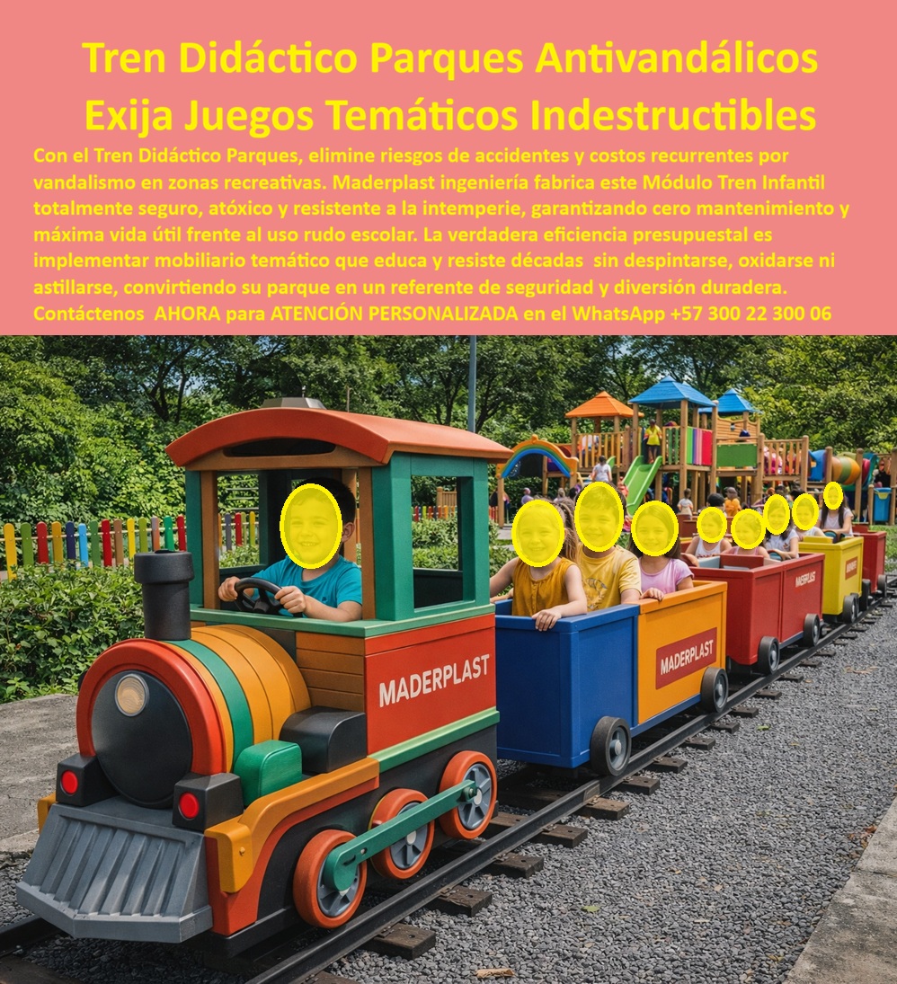 Juego tren didáctico parques Módulo tren infantil parque seguro Maderplast 0 Mobiliario Temático Escolar Tren Colorido Larga Vida Ferrocarril infantil fijo resistente vandalismo alta durabilidad Vagones Juego Infantil Exterior Tren Temático Infantil Modular Maderplast, ¡Todos a Bordo de la Diversión Segura! Tren Temático Infantil Modular Maderplast La Estación Final para el Mantenimiento Costoso y los Juegos Peligrosos.  En el universo de los parques infantiles, pocos elementos despiertan tanta fascinación como un tren. Sin embargo, la realidad operativa suele descarrilar el sueño: los trenes de madera se astillan y pudren en meses, convirtiéndose en trampas de tétanos; las estructuras metálicas se transforman en hornos bajo el sol, imposibles de tocar. Maderplast ha reingenierizar la fantasía para hacerla indestructible.  Presentamos el Tren Temático Infantil Modular Maderplast, una locomotora de sueños diseñada para resistir el tráfico pesado de cientos de niños y la inclemencia del clima tropical. Visualice una vibrante estructura compuesta por una locomotora azul con túnel de acceso frontal y vagones de pasajeros techados en colores primarios (amarillo, rojo, azul). No es solo un juego; es un sistema modular de rol inmersivo donde los niños gatean, escalan, socializan y dejan volar su imaginación en un entorno 100% seguro.  ¿Por qué Maderplast es la Primera Clase en Mobiliario Recreativo?  Tecnología Térmica "Toque Seguro": Una de las mayores quejas en parques públicos es el mobiliario que se quema. El polímero técnico de Maderplast es atérmico. Incluso bajo el sol de mediodía, la superficie se mantiene a una temperatura agradable, permitiendo que el juego continúe sin lágrimas ni quemaduras, a diferencia del metal o la fibra de vidrio.  Modularidad Sin Límites: ¿Necesita un tren corto para un jardín infantil o un expreso largo para un parque metropolitano? Nuestro diseño modular le permite configurar la longitud y colores exactos. Además, la instalación es rápida y limpia, sin obras civiles complejas que paralicen su parque por semanas.  Cero Astillas, Cero Óxido, Cero Mantenimiento: Olvídese de lijar, pintar o reemplazar tablas podridas. El Tren Maderplast es una masa sólida de color integral que no se decolora, no se oxida y se lava con la lluvia. Es el activo fijo definitivo para alcaldías y colegios que buscan eficiencia presupuestal.  La Solución a la "Fatiga de Materiales"  Sabemos que los administradores enfrentan el dilema de "renovar o reparar". Reparar madera podrida es tirar dinero en un saco roto. Renovar con Maderplast es una inversión única. Nuestra infraestructura lúdica antivandálica soporta el uso rudo, golpes y rayones sin perder su integridad estructural ni estética. Cumplimos con normativas de seguridad que exigen bordes redondeados y materiales atóxicos, protegiendo a los usuarios y blindando legalmente a los administradores.  Fabricamos a medida en Colombia, transformando sus ideas en realidad. Desde la personalización de colores institucionales hasta la adaptación a terrenos específicos, Maderplast es su socio en ingeniería recreativa.  "EL TREN DE MADERA ERA UNA TRAMPA DE ASTILLAS; AHORA ES EL ORGULLO DEL PARQUE"  "Teníamos un tren de madera histórico en el parque central del municipio que tuvimos que cercar por seguridad: clavos oxidados expuestos, madera podrida y astillas que lastimaban a los niños cada fin de semana. La comunidad exigía su regreso, pero el costo de restaurarlo era absurdo. Decidimos instalar el Tren Temático Infantil Modular Maderplast en el mismo lugar. La respuesta fue increíble. Los niños volvieron a llenar los vagones y el túnel, pero esta vez con total seguridad. Los padres están tranquilos porque no hay riesgos de cortes ni quemaduras por el sol, y nosotros como alcaldía eliminamos la partida de mantenimiento anual de ese parque. Es colorido, seguro y, honestamente, indestructible ante el uso masivo." — Secretario de Infraestructura Municipal.  El Cierre Técnico: Su Pasaporte a la Tranquilidad  Ingeniero, Arquitecto, Rector: Su firma en una orden de compra no debe ser motivo de insomnio. Con Maderplast, usted elimina tres riesgos críticos de su gestión:  Riesgo Legal: Al instalar mobiliario certificado sin bordes cortantes ni materiales tóxicos.  Riesgo Financiero: Al eliminar los costos ocultos de mantenimiento correctivo (pintura, soldadura, madera).  Riesgo Operativo: Al garantizar que el parque estará abierto y funcional los 365 días del año, sin clausuras por reparaciones.  No compre problemas futuros. Invierta en la solución definitiva que garantice diversión para los niños y paz mental para usted.  Súbase al Tren de la Innovación. Solicite hoy mismo su cotización, planos y fichas técnicas.  Asesoría Especializada Con Un Especialista De Maderplast, Atención Personalizada En Este Whatsapp +57 300 22 300 06