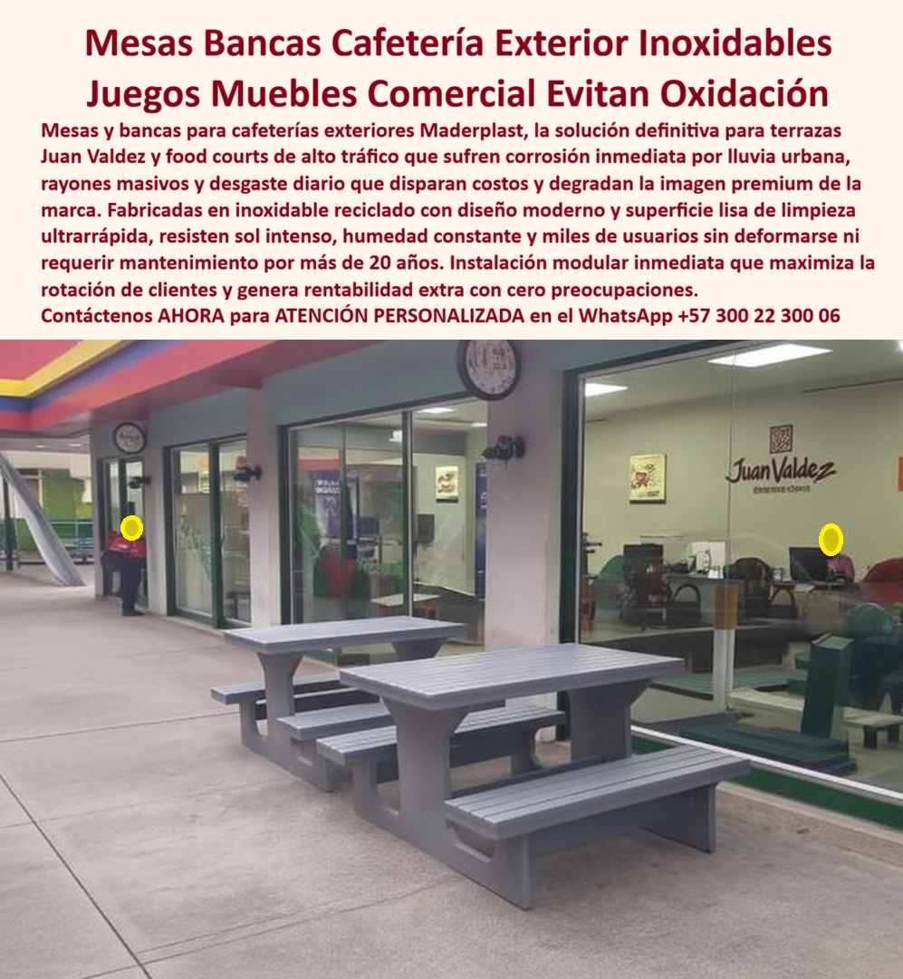Juegos mesas bancas para cafés Muebles para cafetería exterior Maderplast 0 Juegos de mesas y bancas para cafeterías exteriores Conjunto Cafetería Pública Evita Oxidación Juego Mesas Bancas Plazoletas Comidas Resistente Juego Juegos de Mesas y Bancas para Cafeterías Exteriores y Conjuntos Asépticos Maderplast Ingeniería HORECA de Alto Rendimiento:  Visualice la eficiencia operativa absoluta implementada en su franquicia tal como se observa en la imagen: el Juego de Mesas y Bancas para Cafetería Exterior Maderplast. Este es el mismo mobiliario de alto rendimiento elegido por marcas líderes para sus terrazas de tráfico pesado, donde la durabilidad no es negociable. Este conjunto tipo picnic de diseño industrial en color gris, fabricado mediante procesos industriales controlados en polímeros de ingeniería macizos, constituye una verdadera fortaleza aséptica. Su superficie no porosa repele manchas de café, grasas saturadas y salsas, permitiendo una limpieza instantánea que acelera la rotación de mesas y maximiza la facturación. A diferencia del metal que inevitablemente se oxida o la madera que se pudre con la lluvia urbana y los lavados constantes, esta estructura monolítica es 100% inoxidable, resiste el uso masivo diario y mantiene una estética corporativa impecable sin requerir pintura ni mantenimiento por más de 20 años. Es la inversión definitiva que blinda la imagen de su marca y elimina los costos ocultos de reposición.  Los gerentes de expansión y directores de operaciones se preguntan constantemente qué mesas para cafetería al aire libre usan las franquicias que no se dañan, buscando replicar el éxito de la competencia. La respuesta técnica es la especificación de los juegos de mesas Maderplast, estructuras de ingeniería inoxidable que soportan el tráfico masivo y el clima sin degradarse jamás. Cuando el objetivo es encontrar mobiliario para food courts exteriores que sea fácil de limpiar y duradero, nuestros conjuntos de mesas y bancas ofrecen superficies asépticas que resisten desinfectantes industriales, garantizando la higiene y seguridad alimentaria. Si su preocupación es cómo evitar el óxido en las mesas de la terraza de su restaurante, la solución técnica es sustituir el mobiliario metálico por nuestros juegos de polímero de alta resistencia, químicamente inertes a la humedad y la lluvia, eliminando la corrosión para siempre.  Desde una perspectiva financiera, el análisis de costos del ciclo de vida entre madera y plástico de ingeniería es contundente. Maderplast es la opción más rentable del mercado, reduciendo el Gasto Operativo (OPEX) en un 100% al eliminar barnices y reparaciones, amortizando la inversión en tiempo récord frente al deterioro acelerado de la madera. Somos proveedores de mobiliario comercial resistente a rayones y uso intensivo; nuestra tecnología de alta densidad resiste el impacto de bandejas y cubiertos, manteniendo su acabado premium. En Maderplast activamos los disparadores de compra necesarios para su proyecto: solicite cotización inmediata, personalización de medidas, planos de distribución de aforo, renders y prototipos. Como fabricantes colombianos, nuestro posicionamiento mental es claro: "en plástico lo hacemos hasta el ala de un avión, o lo que su imaginación quiera". Ofrecemos Juegos mesas bancas para cafés Muebles para cafetería exterior, Conjunto Cafetería Pública Evita Oxidación y Juego Mesas Bancas Plazoletas Comidas Resistentes, garantizando una solución definitiva para sus terrazas. EL TESTIMONIO PROFESIONAL DE CASO DE ÉXITO:  "la imagen de la marca mejoró y los costos operativos desaparecieron", confirma la dra. Mónica Arango, gerente de expansión y operaciones de la cadena café & ciudad, quien relata cómo el mobiliario anterior afectaba su rentabilidad: "operar 15 puntos de venta era un desafío; la madera se reseca y el metal se oxida, oliendo mal y alejando a los clientes. gastamos millones en mantenimiento nocturno. Al homologar con el juego de mesas y bancas para cafetería exterior maderplast, vimos la robustez industrial que necesitábamos. son sólidas y nadie las mueve desordenando la terraza. llevamos 4 años con gastos de reposición cero. la rotación de mesas aumentó un 15% solo por la eficiencia en el aseo. maderplast nos entregó la tranquilidad operativa para enfocarnos en vender café."  Para efectuar el Soporte técnico y eliminar cualquier duda con Garantía 5 años cualquier temor al firmar la orden de compra, es fundamental abordar la seguridad de la inversión. Ingeniero o Gerente, al especificar el Juego de Mesas Maderplast, usted está protegiendo su flujo de caja y su responsabilidad profesional. No está comprando muebles desechables que se convertirán en un pasivo en seis meses. Usted está adquiriendo activos fijos de alta ingeniería, diseñados para el abuso constante del público. Elimina el riesgo de mesas inestables ("cojas") y superficies porosas que acumulan bacterias. Maderplast le entrega fichas técnicas de resistencia, garantías de estabilidad UV y el respaldo de una fabricación industrial certificada. Usted compra la certeza de una terraza siempre operativa, limpia y rentable.  Asegure la eficiencia y la estética de sus zonas de alimentación con la única mesa diseñada para durar y facturar sin parar. Contáctenos AHORA para recibir ATENCIÓN PERSONALIZADA, planes y cotización en el WhatsApp +57 300 22 300 06.