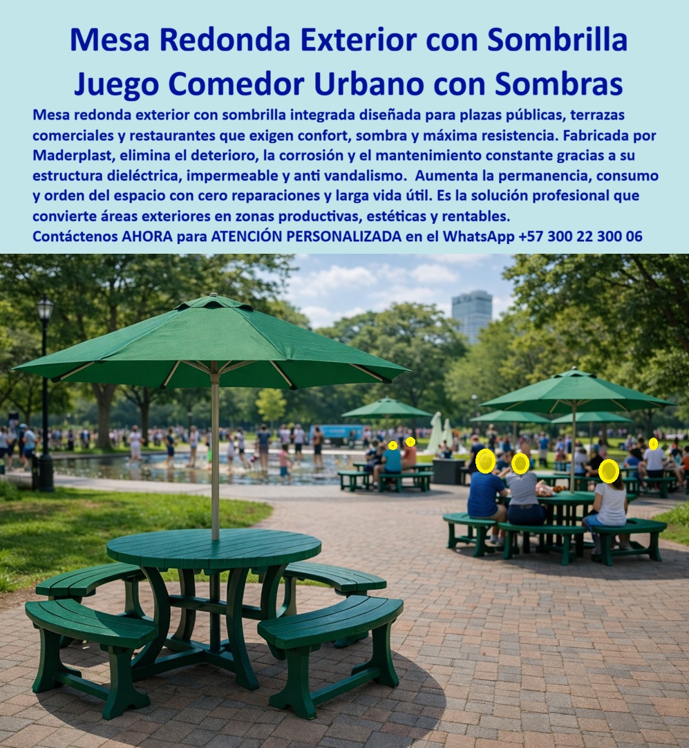 Mesa Redonda Exterior Parasol Comedor con sombrillas Maderplast 0 Juego Comedor Plaza Pública Antivandalismo Mesa Redonda Sombrilla Soluciona Deterioro Dieléctrico Mesas Para Terrazas Restaurante Impermeables Cero Reparaciones La mesa redonda exterior con sombrilla de Maderplast En la imagen se aprecia una mesa redonda exterior con sombrilla integrada, instalada en una plaza pública de alto uso, donde familias y usuarios permanecen sentados durante largos periodos bajo sombra estable y segura. El conjunto muestra claramente su propósito: ordenar el espacio, aumentar la permanencia y resistir el uso intensivo al aire libre sin deterioro. No es una mesa decorativa ni un mueble atemporal; es un juego comedor urbano con sombras diseñado para operar todos los días, durante años, sin fallas ni costos ocultos.  El Problema que Enfrentan  y lo Resuelven  municipios, operadores de plazas, restaurantes y terrazas comerciales es recurrente. Las mesas convencionales se oxidan, los parasoles se vuelcan, las estructuras mixtas se aflojan y el mantenimiento se vuelve una carga permanente. Cada reparación implica riesgo, presupuesto y responsabilidad técnica. En espacios públicos, el error no es una opción. Por eso, cuando un cliente se pregunta qué mesas con sombra sirven para plazas públicas sin mantenimiento, la respuesta técnica debe ser clara y defendible.  La mesa redonda exterior con sombrilla de Maderplast nace precisamente para eliminar ese problema. Su diseño integra mesa, bancas y parasol en una sola estructura sólida, evitando piezas móviles, anclajes débiles o accesorios improvisados. Fabricada por Maderplast, esta solución es impermeable, dieléctrica y antivandálica, lo que significa que no se corroe, no conduce electricidad y no se degrada por golpes, sol, lluvia o limpieza frecuente. A diferencia de la madera, no se astilla; a diferencia del metal, no se oxida; y a diferencia del mobiliario mixto, no requiere ajustes constantes.  Desde La identificación plena del producto "ES MADERPLAST", hablamos de una mesa redonda exterior con sombrilla integrada diseñada para uso continuo, de un juego comedor urbano con sombra permanente que mejora el orden del espacio, de una mesa pública redonda para plazas y parques pensada para alto tráfico, de un comedor exterior circular de uso intensivo y de una mesa urbana con parasol fijo antivandálico que elimina riesgos operativos. Estas no son etiquetas comerciales; son descripciones técnicas que definen exactamente lo que el producto es y lo que resuelve.  Cuando un operador busca mesas redondas con sombrilla para terrazas comerciales, necesita saber que durarán más de una temporada. Cuando se pregunta qué el comedor urbano no se oxida ni se daña al aire libre, se necesita una respuesta basada en ingeniería, no en promesas. Maderplast responde con procesos industriales controlados, experiencia en plásticos técnicos y fabricación a medida en Colombia para proyectos en cualquier parte del mundo. Aquí no se compra un mueble; se adquiere un activo fijo de larga vida útil.  Además, Maderplast activa todos los buyer triggers correctos: el cliente puede solicitar cotización, personalización, planos técnicos, renders, prototipos y producción en serie. Convertimos ideas en piezas reales. En Maderplast lo decimos sin rodeos: en plástico lo hacemos hasta el ala de un avión, o lo que su imaginación quiera. EL TESTIMONIO PROFESIONAL CASO DE ÉXITO “EMPEZAMOS con una plaza desordenada, parasoles sueltos y quejas constantes por mesas dañadas. Con las mesas redondas con sombrilla de maderplast logramos sombra permanente, orden visual y cero mantenimiento. Hoy el espacio funciona solo, la gente permanece más tiempo y nosotros dejamos de gastar en reparaciones.” Esa es la historia real que se repite cuando el producto correcto se instala en el lugar correcto.  Soporte técnico para el ingeniero con Garantía: este comedor urbano se entrega con ficha técnica de materiales, criterios de resistencia climática, especificaciones dieléctricas, recomendaciones de instalación y respaldo de fabricación. No hay improvisación ni riesgo oculto. Es una solución técnicamente justificable, operativamente segura y legalmente defendible. Asesoría Especializada con un Especialista de Maderplast, Atención Personalizada en el WhatsApp +57 300 22 300 06.