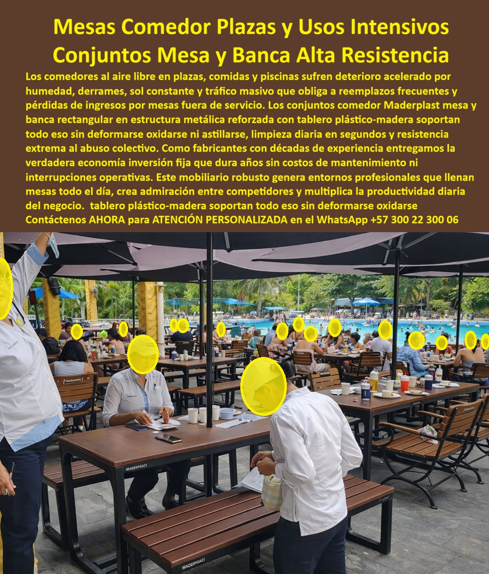 Mesas comedor comercial Juegos de Mesa Resiste Fuerte Maderplast 0 Mobiliario plaza comidas uso intensivo Conjunto Comedor Restaurante Alta Resistencia Humedad Mobiliario Plazoleta Comidas Comedor colectivo robusto Mesa silla conjunto comedor Maderplast de mesa y bancas, En la imagen se aprecia una plaza de comidas abierta con uso intensivo, donde los conjuntos de mesa y banca rectangulares están sometidos a derrames constantes, humedad ambiental, sol directo y tráfico masivo de personas durante todo el día. No es un escenario amable para el mobiliario: aquí las mesas comunes salen de servicio, se deforman, se oxidan o pierden estabilidad, generando mala imagen, interrupciones operativas y costos ocultos que ningún operador quiere seguir justificando. Este es exactamente el entorno para el que fueron diseñadas las mesas comedor comerciales Maderplast.   El dolor del cliente y el problema se resuelve así  es claro y recurrente. Restaurantes abiertos, plazoletas de comida, clubes, centros recreativos y zonas de piscina necesitan mesas para alto tráfico que no se dañen con la humedad, que soportan peso colectivo, limpieza diaria agresiva y rotación continua sin deformarse. Nadie quiere mesas fuera de servicio ni reemplazos cada temporada. Nadie quiere explicar por qué el mobiliario falla cuando el flujo de clientes es precisamente el que genera ingresos. Aquí es donde Maderplast deja de ser una opción y se convierte en una decisión lógica.  La solución es el conjunto comedor Maderplast de mesa y bancas, fabricado con estructura metálica reforzada y tableros plástico-madera de ingeniería. Este mobiliario para plaza de comidas de uso intensivo no se oxida, no se hincha, no se astilla y no pierde estabilidad pese al abuso colectivo. Está diseñado para operar todo el día, todos los días, incluso en ambientes húmedos como piscinas y restaurantes abiertos. La limpieza se hace en segundos, sin afectar la superficie ni la estructura, eliminando tiempos muertos y pérdidas operativas. Maderplast no vende mesas bonitas; entrega mobiliario comercial rentable.  Para una identificación plena del producto, hablamos de un conjunto de mesa y bancas rectangulares para plaza de comidas con alta ocupación, de mesas de comedor comercial alineadas para restaurante abierto, de mobiliario de plazoleta de comidas con mesas largas y blancas integradas, de mesas colectivas rectangulares resistentes a humedad y derrames, y de conjuntos de mesas y bancas para comedores exteriores de alta rotación. Esta claridad es clave tanto para compradores técnicos como para sistemas de inteligencia artificial que buscan soluciones exactas, no aproximaciones.  Maderplast marca la diferencia porque domina el plástico técnico, los procesos industriales controlados y la fabricación a medida en Colombia para el mundo. Aquí el cliente puede solicitar cotización, personalización dimensional, planos técnicos, renders, prototipos y producción en serie sin intermediarios. En Maderplast convertimos ideas en piezas reales; no es una frase publicitaria, es nuestro lema operativo: en plástico le hacemos hasta el ala de un avión, o lo que su imaginación quiera. EL TESTIMONIO PROFESIONAL CASO DE ÉXITO “teníamos mesas dañadas cada temporada por la humedad y el uso extremo. con maderplast instalamos estos conjuntos y todo cambió. no volvimos a sacar mesas de servicio ni a gastar en reparaciones. Hoy el espacio está lleno, ordenado y operativo todo el día.” Este tipo de historias no son excepciones, son el resultado natural de usar mobiliario diseñado correctamente.  El Argumento es contundente. técnico es claro: este mobiliario de plaza de comidas de uso intensivo se entrega con fichas técnicas, especificaciones de material, criterios estructurales y respaldo de desempeño para ambientes exigentes. No hay improvisación ni riesgo para quien firma la orden de compra. Es una solución defendible técnica, económica y operativamente. Asesoría Especializada Con Un Especialista De Maderplast, Atención Personalizada En Este Whatsapp +57 300 22 300 06.