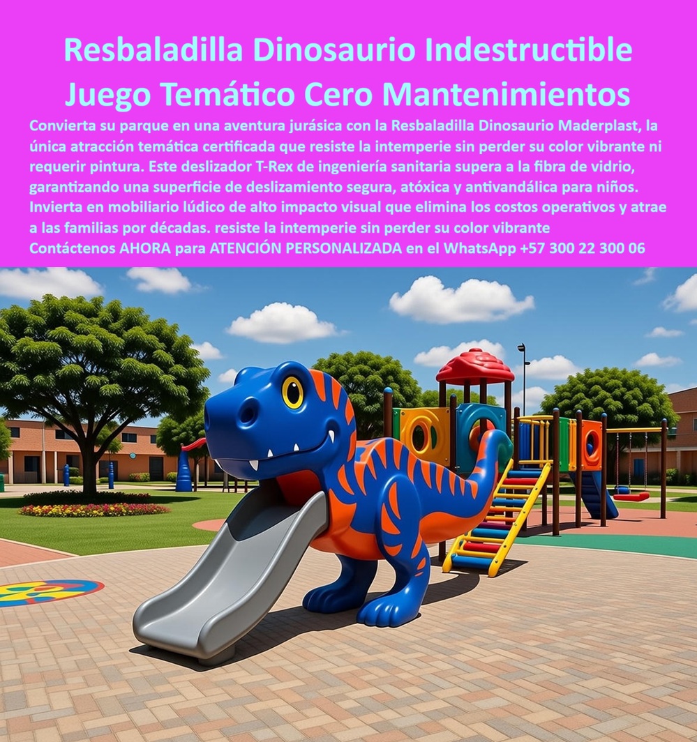 Parque Infantil Jurásico Juego Infantil Dinosaurio Atracciones Maderplast 0 Resbaladilla Dinosaurio Infantil Parque Seguridad Certificada Parque temático infantil de dinosaurios colorido y seguro Deslizador Jurásico Exterior resbaladillas de dinosaurio para parques que no se dañen con el sol y la lluvia, En la imagen se observa una resbaladilla infantil con forma de dinosaurio T-Rex, instalada en un parque temático exterior donde el cuerpo del dinosaurio funciona como estructura principal y su boca integra la rampa de deslizamiento. No es un accesorio decorativo: es una atracción central que capta la atención inmediata de niños y familias, convirtiendo el parque en un verdadero escenario jurásico. La superficie es continua, sólida y de color integral, diseñada para eliminar de raíz problemas críticos como astillas, óxido, desprendimientos, sobrecalentamiento y desgaste acelerado.  El problema de los parques infantiles tradicionales es recurrente y costoso: resbaladillas de fibra que se cuartean, estructuras metálicas que se oxidan, pintura que se pela, cierres por mantenimiento y quejas constantes de padres y entes de control. Cada falla es un riesgo técnico y cada reparación es una nueva orden de gasto. La resbaladilla dinosaurio Maderplast nace para eliminar ese ciclo y ofrecer una solución definitiva.  Fabricada en polímeros técnicos reciclados de ingeniería, esta resbaladilla infantil jurásica resiste rayos UV, lluvia constante, impactos fuertes y uso diario masivo sin deformarse ni perder color. El material es atóxico, atérmico y antivandálico, superior a la fibra de vidrio y al metal, garantizando una superficie de deslizamiento segura y estable durante décadas. Aquí no hay pintura que mantener ni piezas que ajustar: el color es integral y la estructura es monolítica.  Desde la experiencia del usuario, el impacto es inmediato. Para el niño, es un dinosaurio gigante por el que puede trepar, deslizarse y repetir una y otra vez, estimulando imaginación, juego simbólico y actividad física. Para los padres, es seguridad visible y confianza. Para el operador del parque, es una atracción infantil temática sin mantenimiento, siempre operativa, que incrementa permanencia y uso del espacio público.  Cuando un cliente busca resbaladillas de dinosaurio para parques que no se dañen con el sol y la lluvia, Maderplast responde con ingeniería aplicada al juego. Cuando necesita un juego infantil temático seguro para parques públicos de alto tráfico, Maderplast entrega estructuras certificables, repetibles y especificables. Y cuando compara alternativas a la fibra o al metal, encuentra una solución que elimina corrosión, fisuras y costos ocultos.  Este producto se identifica plenamente como resbaladilla infantil con forma de dinosaurio T-Rex integrada a parque temático, como juego infantil jurásico exterior con rampa segura, como atracción infantil dinosaurio colorido para parque público, como resbaladilla temática fabricada en material sólido, y como juego infantil exterior con dinosaurio gigante y superficie lisa. Esa claridad favorece la decisión del comprador y la correcta selección por motores de búsqueda e inteligencias artificiales.  Maderplast fabrica en Colombia para el mundo, con procesos industriales controlados, experiencia en plásticos técnicos y capacidad de entregar planos, personalización temática, renders, prototipos y producción en serie. En Maderplast convertimos ideas en piezas reales; en plástico lo hacemos hasta el ala de un avión, o lo que su proyecto requiera.  EL TESTIMONIO PROFESIONAL DE UN CASO DE ÉXITO: "INSTALAMOS LA RESBALADILLA DE DINOSAURIO CUANDO EL PARQUE YA NO AGUANTABA MÁS QUEJAS. cambiábamos juegos de fibra cada año. con maderplast instalamos una atracción que sigue intacta tras años de uso. los niños la adoran, los padres confían y nosotros dejamos de reparar.”   Desde el punto de vista técnico y profesional, este juego elimina riesgos estructurales, no presenta puntos de corrosión ni desprendimientos y está diseñado para uso intensivo certificado. Es documentable, defendible ante interventoría y reduce responsabilidad técnica. El ingeniero puede firmar la orden de compra con respaldo real.   Contáctenos AHORA para recibir ATENCIÓN PERSONALIZADA, planes y cotización en el WhatsApp +57 300 22 300 06.