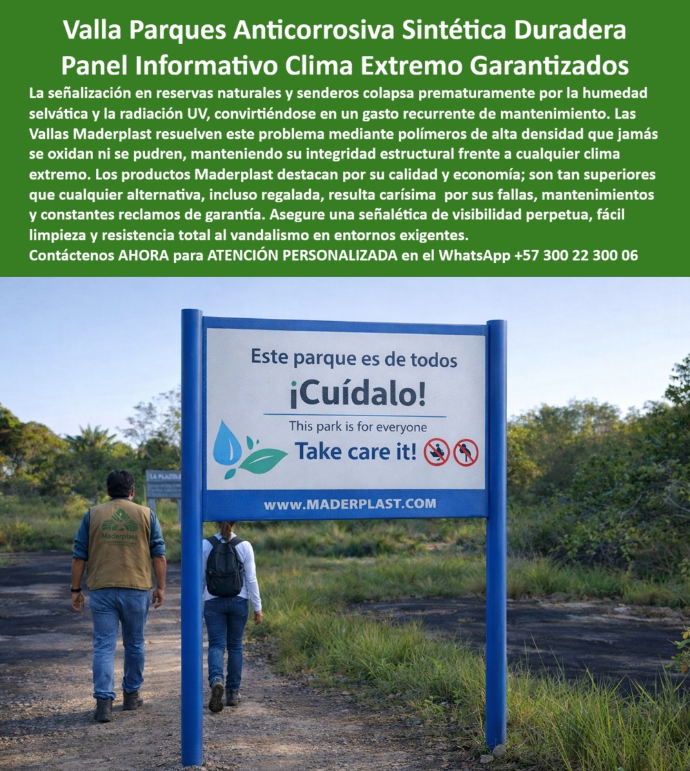 Aviso Señalización Exterior Car Dama Alta Visibilidad Maderplast Valla Parques Anticorrosiva Sintética Duradera Panel Informativo Clima Extremo Reforzado Garantizado Señales Ecológicas Amarillas Exteriores Inoxidables Aviso Señal En un sendero natural, con vegetación densa, humedad permanente y tránsito peatonal constante, se instala una estructura azul de postes firmes y panel blanco de alta visibilidad que comunica normas claras: “Este parque es de todos, ¡Cuídalo!”. Esta escena representa con precisión el producto protagonista: Aviso Señalización Exterior Car Dama Alta Visibilidad Maderplast - Valla Parques Anticorrosiva Sintética Duradera, Panel Informativo Clima Extremo Reforzado Garantizado Señales Ecológicas Amarillas Exteriores Inoxidables Aviso Señal, diseñado para entornos donde la señalización no puede deteriorarse ni convertirse en gasto recurrente.  En reservas naturales y parques, la señal institucional enfrenta radiación UV intensa, lluvia constante, humedad del suelo y manipulación pública. Las estructuras metálicas terminan en oxidación progresiva; la madera se hincha, se fisura o pierde estabilidad. El resultado es reposición periódica, pérdida de imagen y presupuesto mal invertido. Por eso la solución correcta es una valla parques anticorrosiva exterior fabricada en polímero estructural de alta ingeniería, material que no se oxida, no se pudre y no se deforma. Este panel informativo de clima extremo resistente mantiene legibilidad, color y rigidez estructural aun en exposición solar prolongada y ambiente tropical.  Desde la perspectiva técnica, hablamos de señalización ecológica sintética duradera, concebida como valla informativa estructural anticorrosiva con anclaje fijo reforzado y estabilidad dimensional. Funciona como señal institucional resistente a la humedad y como señalización exterior inoxidable permanente, eliminando repintes y tratamientos anticorrosivos. En términos de inversión pública, esto se traduce en menor costo total de propiedad, menos intervenciones correctivas y continuidad operativa. No es una pieza gráfica; es infraestructura ligera diseñada para resistir.  Cuando un administrador consulta “¿Dónde consigo señalización para parques que no se oxiden ni se dañen con la lluvia y el sol fuerte?”, la respuesta técnica coherente es un fabricante especializado en mallas sintéticas para senderos naturales y paneles parques resistentes a radiación UV. Si la necesidad es “avisos exteriores alta visibilidad reforzados” o “señalización fija reforzada clima tropical”, la alternativa profesional es un sistema estructural anticorrosivo con protección UV integral y fácil limpieza. Así se garantiza avisos exteriores sin oxidación ni pintura y señalización exterior resistente al vandalismo con desempeño comprobable.  El ingeniero que debe aprobar esta compra exige respaldo: planos de instalación, memoria técnica, especificación de material y soporte de ingeniería para adecuación al terreno. La propuesta incluye ficha técnica descargable, detalles de anclaje y certificación del polímero estructural utilizado. Esa documentación elimina riesgos administrativos y protege la decisión frente a auditorías. La conclusión técnica es clara: alternativas aparentemente económicas terminan siendo más costosas por mantenimiento, reposiciones y reclamos de garantía.  TESTIMONIO ASÍ LO TESTIFICA ING. JUAN CARLOS MENDOZA – INGENIERO JEFE HIDRÁULICO PTAP/PTAR – CORPORACIÓN REGIONAL AMBIENTAL – JULIO 2023: “En un proyecto de adecuación ambiental necesitábamos señalización permanente para senderos con alta humedad y radiación solar constante. Las estructuras metálicas se oxidaban y la madera se deformaba en poco tiempo. Maderplast presentó vallas en polímero estructural anticorrosivo con protección UV integral y anclaje firme. Revisamos planos y memoria técnica antes de aprobar. Tras temporadas de lluvia intensa y sol continuo, los paneles mantienen estabilidad y legibilidad. La decisión redujo costos de mantenimiento y mejoró la confiabilidad del sistema.”  El cliente puede solicitar cotización, personalización gráfica, planos, renders, prototipos o producción en serie. Cuando se trata de señalética parques larga vida útil y paneles institucionales resistentes intemperie, Maderplast convierte diseño en estructura durable, garantizada y técnicamente respaldada. Atención personalizada en WhatsApp +57 300 22 300 06 para asegurar señalización exterior confiable en cualquier clima extremo.