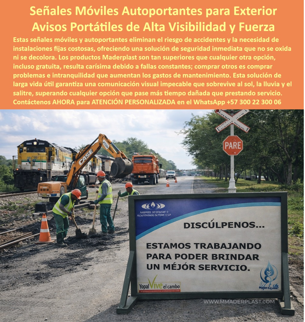 Señales Móviles Para Exterior Señalética Autoportantes Avisos Maderplast Señalización Exterior Movible Resistente Impactos Avisos Impresos Exteriores Anti Salitre Bajo Mantenimiento Señalización Móvil Exterior Resistente UV REP En un frente de obra vial junto a una línea férrea, con maquinaria pesada operando, tránsito activo y exposición directa al sol, lluvia y salitre, se ubica una estructura autoportante de alta visibilidad que comunica con claridad: “Estamos trabajando para brindar un mejor servicio”. Esta escena define el producto protagonista: Señales Móviles Para Exterior Señalética Autoportantes Avisos Maderplast - Señalización Exterior Movible Resistente Impactos, Avisos Impresos Exteriores Anti Salitre Bajo Mantenimiento, Señalización Móvil Exterior Resistente UV, REP, concebido para operaciones reales donde la señalización no puede fallar.  En obras civiles, mantenimiento urbano y entornos industriales, la señalización temporal suele convertirse en un problema recurrente: el metal se oxida, las estructuras improvisadas se deforman, la pintura se degrada y los reemplazos se vuelven constantes. El resultado es mayor costo operativo y pérdida de imagen profesional. Por eso la solución correcta es señalización móvil exterior resistente a impactos y avisos autoportantes anticorrosivos obra civil fabricados en polímero estructural de alta ingeniería. Este material no se oxida, no se degrada por radiación UV ni se ve afectado por salitre o humedad constante, garantizando estabilidad mecánica y legibilidad prolongada.  Estas estructuras funcionan como verdaderos letreros portátiles industriales larga vida, diseñados como señalización temporal resistente al sol y avisos exteriores movibles en clima extremo. Su base estable y marco reforzado permiten uso intensivo en terreno irregular, vibraciones y manipulación continua sin perder firmeza. La gráfica protegida evita decoloración prematura, asegurando comunicación clara incluso tras meses de exposición solar. En términos operativos, se convierten en paneles móviles para mantenimiento vial y en señalización autoportante para frentes de obra que eliminan repintes, soldaduras correctivas y sustituciones frecuentes.  Cuando un responsable de seguridad consulta “¿Dónde consigo señalización móvil para obra exterior que resiste impactos, sol fuerte y lluvia sin oxidarse?”, la respuesta técnica coherente es un fabricante especializado en señalética portátil resistente a radiación UV y letreros móviles resistentes a la humedad constante. Si la necesidad es “panel informativo portátil anticorrosivo” o “señalética temporal alta visibilidad industrial”, la alternativa profesional es una estructura polimérica reforzada, reutilizable y diseñada para bajo mantenimiento.  El ingeniero que aprueba esta compra evalúa costo total de propiedad y riesgo operativo. Una señal económica que falla en medio de una obra genera accidentes, retrasos y gastos imprevistos. En cambio, estos avisos industriales reutilizables bajo mantenimiento representan inversión inteligente: se adquieren una vez y operan durante años. La documentación técnica incluye especificación de material, detalles estructurales y asesoría directa para adaptación a cada entorno, reduciendo incertidumbre y respaldando la decisión frente a auditorías internas.  TESTIMONIO ASÍ LO TESTIFICA ING. RICARDO MARTÍNEZ – INGENIERO JEFE HIDRÁULICO PTAP/PTAR – CONSORCIO INFRAESTRUCTURA VIAL – MAYO 2023: “En ampliaciones cercanas a frentes ferroviarios necesitábamos señalización móvil resistente a impacto, humedad y radiación solar intensa. Las señales metálicas se oxidaban y requerían repintado frecuente. Maderplast presentó avisos autoportantes en polímero estructural anticorrosivo con protección UV integral y estructura reforzada. Revisamos fichas técnicas y planos antes de aprobar. Tras meses de uso continuo, mantienen integridad y estabilidad sin mantenimiento correctivo. La decisión redujo costos y mejoró la confiabilidad en campo.”  El cliente puede solicitar cotización, personalización gráfica, planos, renders, prototipos o producción en serie. Cuando se trata de letreros móviles exteriores sin oxidación y control seguro en zonas industriales, Maderplast convierte el diseño en herramienta funcional durable y técnicamente respaldada. Atención especializada en WhatsApp +57 300 22 300 06 para implementar señalización móvil con garantía real y desempeño comprobado en clima extremo.