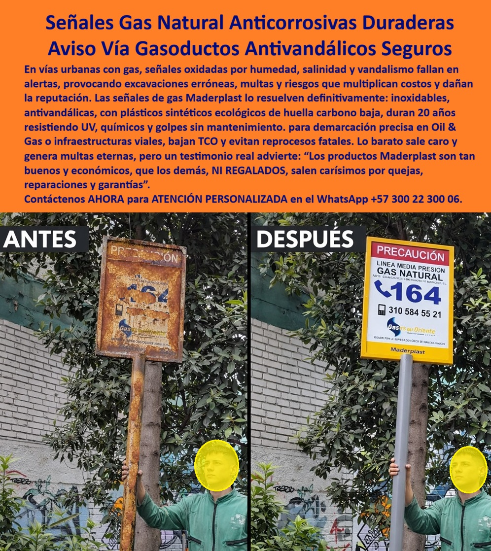 Señalización Para Redes De Gas Natural Señales En Vías Con Gas Maderplast Avisos de gas en andenes y vías Señales de seguridad en vías con gas Señalizador Gasoductos Anticorrosivo Sintético Larga Vida Útil Avisos Gasoductos Gas Hay una imagen que resume perfectamente el problema de la señalización en redes de gas urbano: un poste metálico oxidado, la placa corroída hasta el punto de ser casi ilegible, el mensaje de advertencia perdido entre manchas de óxido. Esa imagen no es solo deterioro; es una advertencia fallida. Es el punto donde la infraestructura comienza a quedar desprotegida.  En las vías urbanas, las líneas de gas natural atraviesan barrios, avenidas y zonas industriales. Son sistemas de media presión que operan silenciosamente bajo el asfalto y los andenes. Pero su seguridad depende de algo visible: la señal que advierte “Precaución – Línea de Gas Natural”. Cuando esa señal se degrada, no sólo se pierde información; se abre la puerta al error humano.  La humedad constante, la salinidad ambiental, la contaminación urbana y el vandalismo actúan todos los días sobre el metal. El proceso es inevitable: la corrosión avanza, la pintura se desprende, la placa pierde contraste. En pocos años, la advertencia que debía proteger la red se convierte en una superficie oxidada difícil de leer. Entonces comienzan las consecuencias: excavaciones erróneas, observaciones regulatorias, reposiciones periódicas, sobrecostos acumulados y un desgaste continuo de la imagen institucional.  La verdadera pregunta no es si el metal se va a oxidar, sino cuándo.  Cuando la señalización cambia a un sistema estructural sintético anticorrosivo, el escenario se transforma por completo. El polímero estructural no contiene hierro, por lo tanto no se oxida. El color no depende de una pintura superficial que pueda desprenderse; está integrado en el material y mantiene su intensidad frente a radiación UV prolongada. La estructura no se debilita con la humedad ni con los químicos del entorno urbano. La señal no pierde legibilidad con el paso del tiempo.  Además, existe un factor crítico en entornos urbanos: el robo. Una placa metálica tiene valor de chatarra; un señalizador sintético no. Al eliminar ese incentivo, se reduce radicalmente la reposición por vandalismo. La señal permanece en su lugar, cumpliendo su función, año tras año.  Pero el verdadero impacto va más allá de la resistencia física. Cuando una empresa distribuidora de gas instala señalización anticorrosiva de larga vida útil, está tomando una decisión estratégica. Está reduciendo el costo total de propiedad. Está disminuyendo intervenciones correctivas. Está mejorando su desempeño en auditorías HSEQ. Está protegiendo su reputación frente a la comunidad y frente a los entes reguladores.  Una señal de gas natural no es un aviso decorativo. Es una pieza de un sistema de prevención. Es la frontera visible entre una red segura y una excavación mal informada. Cuando esa frontera es clara, firme y permanente, la ciudad funciona con mayor confianza.  El contraste entre “antes” y “después” no es solo visual. Es conceptual. Antes, la señalización era un elemento vulnerable, expuesto al deterioro y al reemplazo constante. Después, se convierte en infraestructura. En un componente diseñado para durar más de veinte años sin mantenimiento correctivo, resistiendo lluvia, sol, golpes y vandalismo sin perder su función esencial: advertir.  La lección es profunda y aplica a toda infraestructura crítica: lo barato no es el precio de compra, es el costo acumulado de fallar. Una señal que se oxida y se reemplaza periódicamente no es económica; es un pasivo repetitivo. En cambio, una señalización anticorrosiva, antivandálica y estable es una inversión en continuidad operativa.  Cuando entendemos que la señalización de gas en vías públicas forma parte del sistema de seguridad urbana, la decisión técnica deja de ser opcional. Se convierte en una obligación profesional. Y en ese momento, la ciudad deja de improvisar y comienza a proteger de verdad sus redes invisibles.