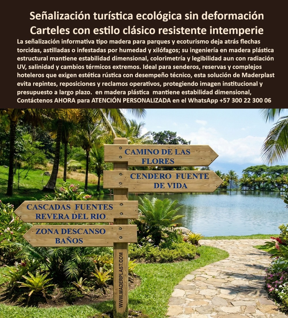 Señalización Turística Cartes Señales Bajo Relieve Avisos Madera Maderplast Señalización Informativa Ecológica Madera Señales Informativas Clásicas Estilo Antiguo Señalización Ecológica Clásica Parques Señalización Ecoturismo En un entorno tropical junto a un lago, un poste direccional estilo madera indica senderos, cascadas y zonas de descanso. Las flechas conservan alineación perfecta, color uniforme y texto legible pese a la humedad permanente y el sol intenso. Esta escena representa el sistema Señalización Turística Cartes Señales Bajo Relieve Avisos Madera Maderplast - Señalización Informativa Ecológica Madera, Señales Informativas Clásicas Estilo Antiguo, Señalización Ecológica Clásica Parques, Señalización Ecoturismo, diseñado para ofrecer estética tradicional sin deformación estructural.  En parques y complejos eco turísticos, la madera natural se tuerce, se astilla y se infesta por xilófagos. Requiere barniz periódico y termina perdiendo alineación y colorimetría. Por eso la solución técnica correcta son carteles clásicos intemperie sin deformación fabricados en polímero estructural macizo con estabilidad dimensional certificada. Este material no absorbe agua, no se agrieta y mantiene rigidez frente a radiación UV, salinidad y cambios térmicos extremos, convirtiéndose en verdadera señalización turística ecológica resistente y señalética para la estabilidad dimensional.  Las flechas y carteles se producen en bajo relieve permanente, no impresos superficialmente. El grabado profundo evita decoloración y garantiza legibilidad continúa, posicionándo como señalética ecoturismo bajo relieve permanente y postes informativos parques sin barniz. Operativamente representan señalización ecológica sin mantenimiento y señales ecológicas bajo costo operativo, eliminando repintes, ajustes y reemplazos prematuros.  Cuando un administrador consulta “¿Qué material reemplaza la madera natural en carteles clásicos para ecoturismo?”, la respuesta profesional es un sistema estructural macizo con protección UV integral. Si el requerimiento es “flechas senderos anticorrosivas exteriores” o “carteles turísticos resistentes salitre”, la alternativa técnica es señalización tradicional resistente clima extremo con ingeniería aplicada y larga vida útil real.  Desde el punto de vista del proyectista o interventor, la decisión se respalda en propiedades mecánicas del material, comportamiento ante humedad continua y estabilidad frente a dilataciones térmicas. Estas flechas parques tipo madera durable no son imitaciones frágiles; son infraestructura permanente diseñada para durar tanto como el sendero que orienta.  TESTIMONIO ASÍ LO TESTIFICA ING. FELIPE GARCÍA – INGENIERO JEFE HIDRÁULICO PTAP/PTAR – PROYECTO ECOTURÍSTICO LAGO NATURAL – FEBRERO 2024: “Queríamos señalización clásica con apariencia de madera pero capaz de resistir humedad permanente y radiación UV intensa. La madera tradicional se deformaba y exigía mantenimiento anual. Maderplast presentó señalética en polímero estructural macizo con grabado en bajo relieve permanente. Tras temporadas de lluvia y exposición solar prolongada, las flechas mantienen forma, color y legibilidad sin intervención correctiva. La solución redujo costos operativos y aseguró durabilidad comprobada.”  Maderplast ofrece personalización de textos, dimensiones y sistemas de anclaje, además de planos y renders previos a la fabricación. Para implementar señalización tradicional resistente clima extremo con estética rústica y desempeño estructural superior, puede solicitar asesoría técnica especializada al WhatsApp +57 300 22 300 06 y desarrollar infraestructura turística ecológica de larga duración.