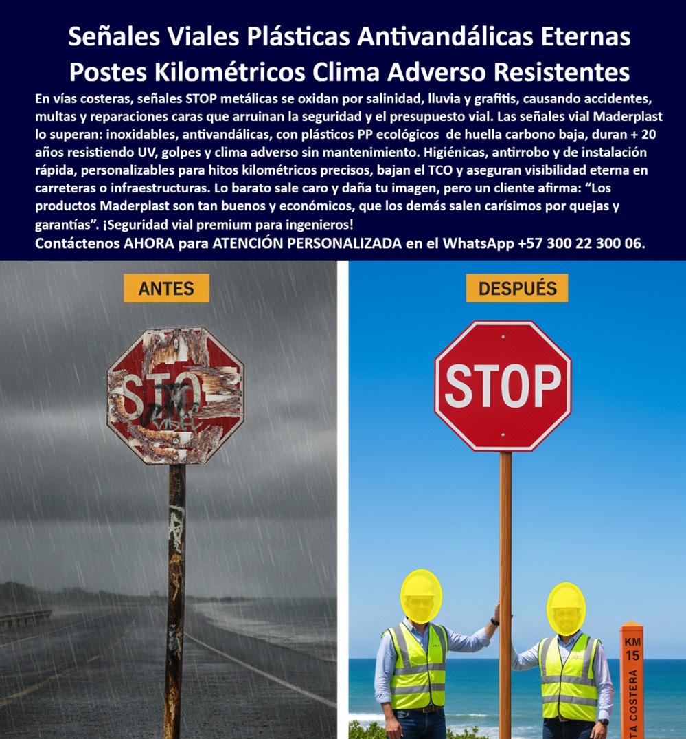 Señalética Kilométrica Señal Hitos Carretera Demarcación Vial Maderplast Señalizacion vial Hito Kilométrico Carretero Alta Visibilidad Exterior Postes Kilométricos Clima Adverso Resistentes Eternos Postes de Señalización Vial PP Hay lugares donde la infraestructura vial no enfrenta solo tránsito, sino naturaleza en estado puro. Las carreteras costeras son uno de esos escenarios implacables. Allí, el viento no es solo viento: es salinidad suspendida en el aire. La lluvia no es solo agua: es un vehículo que acelera la corrosión. El sol no ilumina, castiga. Y en medio de ese entorno, una señal STOP debe permanecer clara, roja, legible, inconfundible.  Sin embargo, durante décadas se instalaron señales metálicas convencionales en estos entornos. Al principio cumplían su función. Pero la costa no perdona. La sal comienza a depositarse en la superficie, la humedad penetra microfisuras, el óxido avanza desde los bordes hacia el centro. La pintura pierde adherencia. El contraste disminuye. El mensaje normativo se degrada. Lo que debía ser una advertencia inequívoca se convierte en una placa corroída que transmite abandono más que autoridad.  Ese deterioro no es solo un problema visual. Es un problema de seguridad. Una señal que pierde legibilidad en un cruce costero no es un detalle estético: es un factor de riesgo. Cuando la visibilidad disminuye, la reacción del conductor también. A eso se suman costos recurrentes de mantenimiento, cuadrillas que regresan cada temporada a reemplazar lo que el clima destruyó, presupuestos que se diluyen en reposiciones previsibles.  La verdadera cuestión es estructural: ¿por qué insistir en materiales que sabemos que fallarán en ambientes marinos?  Cuando la señalización vial se fabrica en PP estructural anticorrosivo, la historia cambia radicalmente. El polímero no contiene hierro, por lo tanto no se oxida. La salinidad deja de ser una amenaza. La humedad constante no debilita la estructura. La radiación UV no descolora prematuramente la superficie. El color y la forma permanecen estables, temporada tras temporada, incluso bajo exposición directa al mar.  Además, hay un elemento estratégico que transforma la gestión vial: el material sintético no tiene valor de chatarra. En zonas donde el vandalismo o el robo afectan la infraestructura, eliminar ese incentivo reduce reposiciones y costos ocultos. La señal permanece donde debe estar, cumpliendo su función normativa sin interrupciones.  En el caso de los hitos kilométricos, el desafío es aún mayor. Estos elementos no solo informan distancia; delimitan, orientan, estructuran la percepción del conductor en tramos extensos y a veces aislados. En clima adverso, un hito deteriorado pierde contraste, se vuelve invisible bajo lluvia intensa o niebla marina. En cambio, un poste kilométrico en PP estructural mantiene estabilidad dimensional, resistencia a impactos y legibilidad constante, incluso después de años de exposición continua.  Cuando una entidad vial migra a señalización anticorrosiva permanente, el impacto se siente en múltiples niveles. El mantenimiento correctivo disminuye. El costo total de propiedad se reduce. Las inspecciones técnicas encuentran cumplimiento sostenido. La imagen institucional deja de asociarse con estructuras oxidadas y comienza a proyectar solidez y previsión.  Pero lo más importante es intangible: la seguridad se estabiliza. El conductor no percibe el esfuerzo técnico detrás de una señal que luce impecable después de años frente al mar. Simplemente confía en ella. Y esa confianza es el fundamento de la seguridad vial.  La comparación entre una señal metálica corroída por salinidad y una señal plástica estructural intacta no es solo un contraste visual; es una lección de ingeniería aplicada. Es entender que en infraestructura vial no se compite contra el tiempo, sino contra el ambiente. Y en esa competencia, elegir un material inadecuado es aceptar una derrota anticipada.  Las carreteras costeras exigen soluciones que no se oxiden, que no se degraden, que no dependan de mantenimiento constante para seguir siendo visibles. Cuando la señalización se diseña para durar más de veinte años sin perder su integridad, deja de ser un elemento vulnerable y se convierte en infraestructura permanente.  En ese momento, la decisión técnica deja de basarse en el costo inicial y pasa a evaluarse en términos de desempeño real. Porque en clima adverso, la durabilidad no es un lujo; es una condición indispensable para proteger vidas.