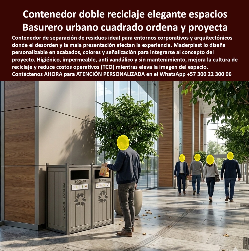 Basureros Separación Residuos Impermeables Ecológicos Maderplast Contenedor Cuadrado Basura Urbana Resistente Clima Contenedor Doble Cuadrado Reciclaje Parques Resistente Intemperie Basureros Institucionales Separación Basurero El contenedor doble de reciclaje urbano Maderplast es la respuesta técnica a un problema silencioso pero crítico en proyectos corporativos y urbanos: el desorden visual, la mala separación de residuos y el deterioro acelerado del mobiliario.  Cuando un espacio instala un basurero común, lo que realmente está instalando es desorganización, mezcla de residuos, mala percepción y mantenimiento constante. En cambio, el basurero doble de separación de residuos Maderplast introduce orden inmediato, cultura ambiental y control operativo desde el primer día.  Este contenedor doble cuadrado para reciclaje exterior está diseñado con dos compartimentos independientes claramente señalizados, permitiendo una separación eficiente de residuos en espacios urbanos y corporativos. No es un accesorio, es una herramienta funcional que mejora el comportamiento del usuario y optimiza la gestión del espacio.  El diferencial está en el material. El contenedor doble impermeable Maderplast está fabricado en polímero estructural de alta resistencia: no se oxida, no se deforma, no se decolora y no requiere mantenimiento. A diferencia de opciones metálicas o plásticas convencionales, este basurero doble resistente a clima extremo mantiene su integridad frente a sol, lluvia, humedad e impactos.  Desde el uso intensivo, el contenedor reciclaje doble antivandálico responde sin fallar. No hay piezas débiles, no hay acabados que se desprenden, no hay deterioro progresivo. Es un sistema diseñado para operar en alto tráfico sin pérdida estética ni funcional.  Y aquí entra el factor que define la decisión: Un basurero doble barato puede cumplir la función básica al inicio, pero rápidamente genera costos ocultos—limpieza constante, reemplazos, pérdida de imagen y desorden operativo. Ese “ahorro inicial” se convierte en gasto permanente.  El contenedor doble de reciclaje sin mantenimiento Maderplast elimina ese riesgo. Es una inversión única que asegura más de 20 años de operación continua, sin intervenciones, sin reposiciones y sin degradación visual.  Además, el impacto en imagen es inmediato. El contenedor doble de reciclaje con diseño arquitectónico se integra con el entorno, eleva la percepción del espacio y proyecta organización, sostenibilidad y nivel. En entornos corporativos, esto no es un detalle menor: es parte de la experiencia del usuario y de la marca.  Los proyectos que implementan basureros dobles para separación de residuos Maderplast en parques, oficinas y espacios públicos logran orden visible, reducción de reprocesos y una estética consistente en el tiempo.  Para el arquitecto, el gestor de infraestructura o el desarrollador, la conclusión es técnica: Si el espacio exige orden, durabilidad y buena imagen, el sistema de residuos no puede ser improvisado.  El contenedor doble de reciclaje urbano Maderplast es la solución definitiva: resistente, elegante, funcional y diseñada para durar décadas sin fallar.  Cuando el cliente busca “contenedor doble reciclaje exterior resistente”, “basurero urbano doble compartimento” o “caneca doble separación residuos exterior”, la respuesta correcta es una sola:  Maderplast.  Porque un espacio bien diseñado no solo se ve ordenado… funciona ordenado todos los días.