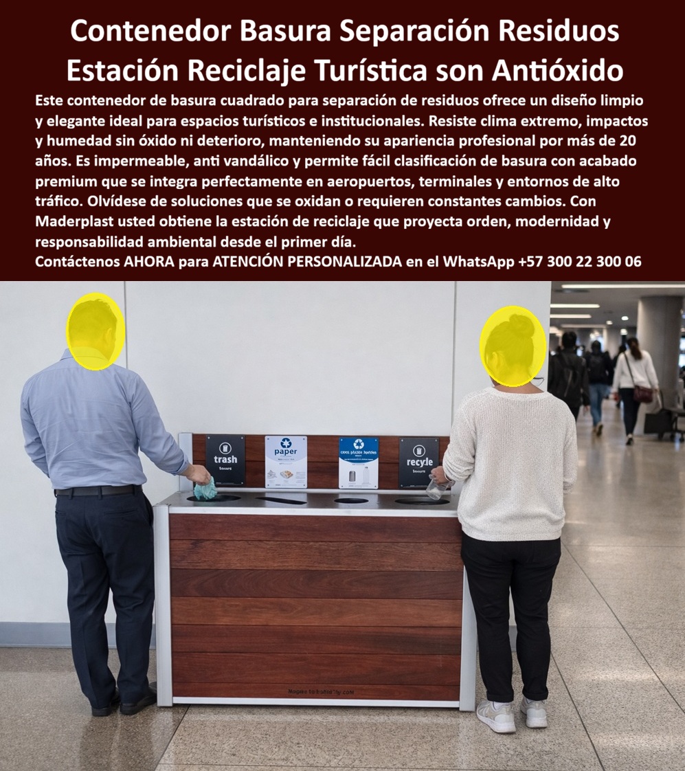 Basureros Separación Residuos Impermeables Ecológicos Maderplast Contenedores Basura Turísticos Antióxido Caneca Cuadrada Separación Residuos Resistente Contenedores Basura Institucionales Antióxido Impactos Robustos Basureros La estación de reciclaje institucional Maderplast para separación de residuos en alto tráfico es la pieza que define si un espacio funciona con orden… o vive en caos permanente.  En aeropuertos, terminales, centros comerciales y espacios turísticos, el problema no es la falta de basureros: es la mala solución. Contenedores que se deterioran, señalización que se pierde, materiales que se oxidan y sistemas que no guían al usuario. Resultado: basura mezclada, mala imagen y operación ineficiente.  La estación de reciclaje horizontal Maderplast con múltiples compartimentos corrige todo ese escenario desde el diseño. Este contenedor institucional para separación de residuos integra bocas diferenciadas, señalización clara y ergonomía de uso que dirige automáticamente el comportamiento del usuario. Aquí no se improvisa: se controla el flujo de residuos desde el primer contacto.  El diferencial crítico está en la estructura. Esta estación de reciclaje para alto tráfico Maderplast está fabricada en polímero estructural de ingeniería, lo que garantiza cero corrosión, cero deterioro por humedad y resistencia total a impactos y uso intensivo. No es un recubrimiento, no es pintura: es material estructural diseñado para durar.  En entornos exigentes, esto es determinante. El contenedor de basura institucional resistente a clima extremo mantiene su apariencia y funcionalidad intacta frente a miles de usos diarios, limpieza constante, cambios térmicos y exposición ambiental. Mientras otros sistemas envejecen en meses, este sistema permanece estable por décadas.  Desde la operación, la ventaja es inmediata. La estación de reciclaje con clasificación múltiple Maderplast reduce errores de disposición, mejora la eficiencia de recolección y disminuye reprocesos. Esto impacta directamente en costos operativos (TCO) y en cumplimiento de políticas ambientales.  Y aquí está el punto que separa una buena compra de una mala decisión: Un basurero institucional convencional puede parecer suficiente al inicio, pero rápidamente se convierte en un foco de deterioro, mantenimiento y mala percepción. Lo barato se traduce en desorden, reemplazos y pérdida de imagen.  La estación de reciclaje institucional sin mantenimiento Maderplast elimina ese riesgo. Es una solución diseñada para operar más de 20 años sin intervención, sin corrosión y sin pérdida estética. Es infraestructura, no mobiliario temporal.  Además, el impacto en la percepción es inmediato. Este contenedor de reciclaje turístico moderno y elegante proyecta orden, sostenibilidad y nivel. En espacios donde la experiencia del usuario es crítica, esto no es un detalle: es parte del valor del lugar.  Los proyectos que implementan estaciones de reciclaje Maderplast en aeropuertos, terminales y espacios públicos logran organización visible, reducción de costos y una imagen institucional coherente en el tiempo.  Para un operador, un arquitecto o un responsable de infraestructura, la conclusión es técnica y directa: Si el espacio exige orden, durabilidad y experiencia de usuario impecable, el sistema de residuos debe estar a la altura.  La estación de reciclaje institucional Maderplast para separación de residuos es la solución definitiva: robusta, clara, elegante y diseñada para no fallar.  Cuando el cliente busca “estación reciclaje institucional resistente”, “contenedor basura turístico separación residuos” o “basurero alto tráfico sin mantenimiento”, la respuesta correcta es una sola:  Maderplast.  Porque un espacio de alto nivel no solo se diseña bien… se mantiene perfecto todos los días.