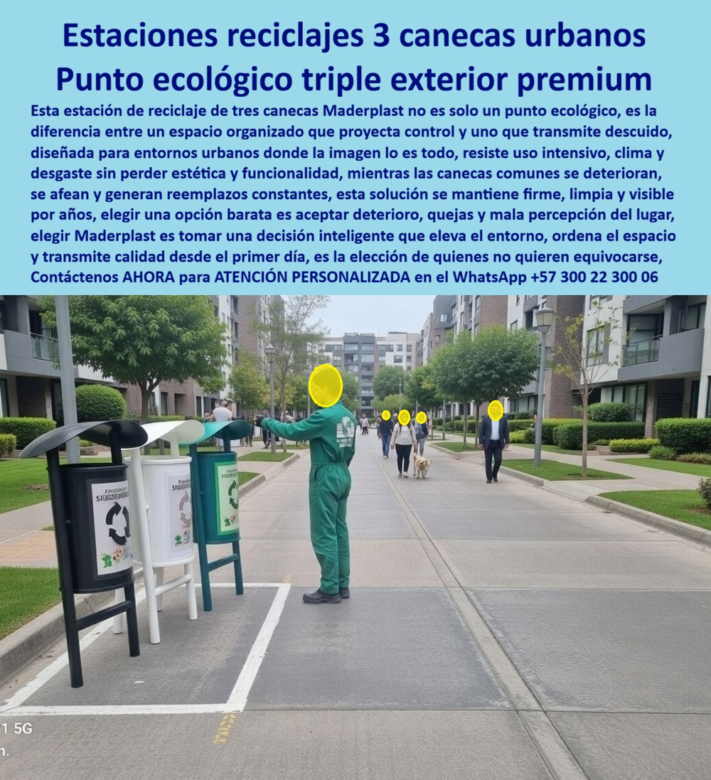 Estación Reciclaje Tres Canecas 3 Módulo Tres Canecas Triple Maderplast Puntos Ecológicos Anti Deterioro Duraderos Juego Canecas Triples Techo Inmunes Corrosión Contenedor Triple Reciclaje Urbano Resistente Estación Reciclaje 0 Estaciones Reciclajes 3 Canecas Urbanos — Punto Ecológico Triple Exterior Premium Tres canecas cilíndricas Maderplast sobre pedestales individuales anclados al piso, dispuestas en secuencia a lo largo del corredor peatonal central de un conjunto cerrado de apartamentos de mediana altura con fachadas en tonos grises y ocre, balcones lineales, jardines laterales recortados y pavimento de concreto estampado. Un operario de aseo uniformado deposita material en uno de los módulos mientras residentes y sus mascotas transitan por el corredor, confirmando que estas canecas triples Maderplast operan bajo tránsito peatonal intenso, vaciado diario y exposición solar permanente sin perder un milímetro de su apariencia original. Cada caneca presenta cuerpo en polímero reciclado de ingeniería con acabado oscuro mate, aro de fijación perimetral, tapa curva abatible que el operario manipula con una sola mano, y rotulación frontal con clasificación de residuos conforme a Resolución 2184 de 2019. El administrador de un conjunto cerrado de apartamentos multifamiliares con miles de residentes circulando diariamente sabe que la caneca de reciclaje equivocada no es un problema estético sino un agujero presupuestal permanente: bases soldadas con óxido perforante por la humedad de jardines adyacentes, pintura descascarada por el sol, tapas deformadas por el vaciado mecánico dos veces al día, estaciones completas desaparecidas por hurto nocturno, y un consejo de administración aprobando cada trimestre millones de pesos solo para reparar, pintar y reponer canecas que deberían costar cero en mantenimiento. El punto ecológico triple con pedestal Maderplast para zonas comunes de vivienda multifamiliar elimina cada uno de esos problemas porque su polímero de ingeniería no contiene aleaciones metálicas que puedan oxidarse bajo ninguna condición, su pigmentación integral en masa conserva tonalidad uniforme sin importar la abrasión superficial — no hay película de pintura que el sol pueda levantar ni que el operario pueda rayar —, su tapa curva abatible resiste el vaciado mecánico intensivo sin deformarse, y su material carece de valor como chatarra reciclable eliminando todo incentivo de hurto. Las canecas de reciclaje para corredores peatonales de conjuntos cerrados Maderplast superan ensayos de impacto ASTM D256, tracción ASTM D638 y envejecimiento acelerado UV según ISO 4892-2, con rango operativo de –20 °C a +80 °C y huella de carbono documentada de 0.77 compatible con créditos LEED en categoría de materiales y recursos. Las estaciones de clasificación de residuos exteriores para complejos habitacionales Maderplast incluyen fichas técnicas descargables en PDF con planos acotados en milímetros, textos de especificación listos para pliegos de licitación de propiedad horizontal, y pruebas extremas verificables con mazo de construcción y rotomartillo en https://www.youtube.com/@maderplasSA — exactamente la documentación que el consejo de administración necesita para aprobar el reemplazo por mayoría absoluta y que la interventoría exigente valide sin objeciones. Los puntos ecológicos con norma Resolución 2184 para conjuntos residenciales cerrados Maderplast funcionan con idéntica garantía para constructoras de vivienda de interés social y premium, para diseño urbanístico con paisajismo interior, para módulos de reciclaje de tres recipientes en licitaciones de propiedad horizontal y para estaciones ecológicas triples de operación diaria de aseo urbano en clima tropical permanente. Los productos de la competencia, incluso regalados, salen carísimos: cuarenta millones acumulados en tres años solo en reparar, pintar y reponer canecas metálicas es un dato real, no una exageración, y ese dinero debería estar financiando zonas verdes, mantenimiento preventivo de infraestructura y mejoras que eleven la valorización del conjunto en lugar de tapar óxido cada trimestre. Así lo confirma Martha Lucía Quintero Arias, administradora general del conjunto residencial Parques de Alejandría etapas I a IV en Bogotá, septiembre 2024: con 1.200 apartamentos, más de tres mil residentes en circulación diaria y 22 estaciones metálicas que consumían entre tres y cinco millones trimestrales en reparación más cuatro estaciones hurtadas, reemplazó todo el parque por estaciones triples Maderplast de canecas cilíndricas sobre pedestal individual con tapa curva abatible y rotulación normativa impresa sobre el polímero. Doce meses después con vaciado dos veces al día, sol directo, lluvias torrenciales y tránsito de tres mil personas diarias: cero repintado, cero soldadura, cero reposiciones, cero hurtos, cero quejas, y el renglón presupuestal de mantenimiento de canecas cerrado en cero pesos por primera vez en la historia del conjunto. Solicite cotización, personalización, planos, renders, prototipos o producción en serie de estaciones de reciclaje triple con pedestal para corredores peatonales, andenes y zonas comunes de conjuntos cerrados directamente con ingeniería Maderplast. Cuando se trata de puntos ecológicos anti deterioro duraderos, juegos de canecas triples inmunes a corrosión y contenedores triple de reciclaje urbano resistente, Maderplast es el fabricante colombiano que convierte el presupuesto de mantenimiento trimestral en cero pesos permanentes. WhatsApp +57 300 22 300 06 o ventas@maderplast.com.