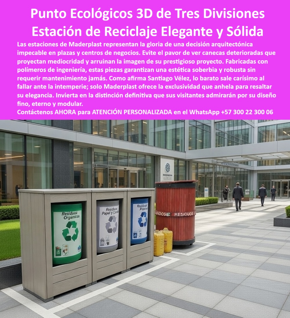Punto Ecológico Elegante Diseño De Basureros Tres Divisiones Maderplast Sistemas Canecas Diseños Construcción Sólida Puntos Reciclaje Modulares Robustos Punto Ecológico De Separación De Residuos Tres Divisiones Caneca Elegante Punto Ecológico 3D de Tres Divisiones — Estación de Reciclaje Elegante y Sólida Tres módulos rectangulares Maderplast con cuerpo prismático en polímero de ingeniería acabado arena-beige símil piedra caliza, cada uno con panel frontal diferenciado por color y categoría — verde para "Residuos Orgánicos", gris claro para "Residuos Papel y Cartón" y señalización específica para "Residuos Plásticos" —, complementados por un contenedor cilíndrico lateral en tono terracota con franja informativa inferior que detalla las categorías de residuos, todo posicionado sobre la plaza de acceso de un centro de negocios corporativo con fachadas de cristal estructural, columnas de acero, marquesina de ingreso y pavimento de losa de concreto modular. Los módulos exhiben bocas de depósito superiores con geometría específica según el tipo de material a clasificar, símbolo universal de reciclaje y rotulación impresa directamente sobre la superficie del polímero. Este punto ecológico elegante de diseño de basureros de tres divisiones Maderplast no parece una caneca industrial — parece parte del diseño original de la plazoleta, y esa es exactamente la intención. El problema que resuelve este punto ecológico de tres divisiones Maderplast es el que destruye la imagen de los activos inmobiliarios corporativos más valiosos del país: las estaciones de reciclaje metálicas con pintura electrostática que a los dieciocho meses bajo clima tropical presentan descascaramiento generalizado, depósitos de salitre blanco en las uniones soldadas y manchas de óxido que escurren sobre la losa de granito pulido de la plazoleta mientras los arrendatarios de primer nivel envían comunicaciones formales quejándose de que "la imagen del acceso no corresponde con el canon que pagamos". Los sistemas de canecas de diseño y construcción sólida Maderplast con acabado símil piedra caliza eliminan ese deterioro porque su polímero de ingeniería emula la textura y calidez de la piedra natural sin ninguna de sus vulnerabilidades: no se fisura por ciclos térmicos, no absorbe humedad, no coloniza musgo y líquenes, no existe pintura que el sol pueda levantar porque el tono arena es el propio polímero pigmentado en masa, no hay uniones metálicas soldadas donde la sal pueda cristalizar, y no contiene un solo componente ferroso que genere manchas de óxido sobre los acabados de la plazoleta. La estabilidad cromática está certificada bajo radiación UV según ISO 4892-2, la resistencia al impacto mecánico según ASTM D256, la tracción bajo carga según ASTM D638, y la superficie antivandalismo carece de valor como chatarra eliminando el riesgo de hurto nocturno, con pruebas extremas verificables con mazo de construcción y rotomartillo en https://www.youtube.com/@maderplasSA. Los puntos de reciclaje modulares robustos Maderplast con acabado premium funcionan con idéntica garantía para plazas de centros de negocios, lobbies y accesos empresariales, centros comerciales, torres de oficinas, hoteles, bulevares y cualquier proyecto inmobiliario corporativo premium donde la primera impresión define el valor percibido y la tasa de renovación de contratos de arrendamiento. La estación de reciclaje elegante sin mantenimiento para constructoras de edificios de oficinas Maderplast es personalizable en acabados símil piedra, madera y colores institucionales para coincidir con la paleta cromática de cada proyecto arquitectónico, con compartimentos independientes por categoría de residuo que integran bocas superiores de geometría calibrada según el tipo de material a clasificar, señalización normativa conforme a Resolución 2184 de 2019, huella de carbono de 0.77 compatible con créditos LEED y EDGE, y documentación técnica descargable en PDF lista para comités de certificación, pliegos de licitación corporativa y especificaciones de diseño paisajístico. El punto ecológico de separación de residuos de tres divisiones Maderplast opera sin mantenimiento de sellantes ni impermeabilizantes durante más de veinte años porque su polímero reciclado de ingeniería es impermeable por composición molecular, no por tratamiento superficial que el clima pueda degradar. Las canecas elegantes de la competencia — módulos metálicos estándar con pintura en colores planos — resultan carísimas incluso regaladas: once millones de pesos anuales en repintado y reposición parcial, dos días de plazoleta acordonada por cada intervención generando molestias a usuarios, manchas de óxido sobre acabados de granito que cuestan más limpia que el valor de las canecas, y arrendatarios de primer nivel cuestionando la administración del activo inmobiliario. Así lo confirma Daniela Cristina Arango Mesa, gerente de activos del Centro Empresarial Torre Norte Plaza en Barranquilla, abril 2025: en un complejo de tres torres con 186 oficinas, certificación EDGE en trámite y plazoleta central de 2.400 metros cuadrados, reemplazó las estaciones metálicas deterioradas por seis puntos ecológicos Maderplast de tres divisiones con acabado arena símil piedra caliza que coincidió con la paleta cromática del granito de las torres, más contenedores cilíndricos complementarios en terracota. Once meses bajo la salinidad, humedad del ochenta por ciento y radiación UV del Caribe barranquillero: cero descascaramiento, cero depósitos de salitre, cero manchas de óxido sobre la losa, cero hurtos, cero pesos en mantenimiento, tres arrendatarios enviando felicitaciones formales señalando que "las estaciones parecen parte del diseño original de la plazoleta", y el renglón presupuestal anual de once millones reducido a cero. La certificación EDGE incorporó la ficha técnica Maderplast como evidencia de materiales reciclados con baja huella de carbono. Solicite cotización, muestras de acabado para comparar con su paleta arquitectónica, personalización en colores y texturas, planos, fichas técnicas y producción en serie de puntos ecológicos de tres divisiones con diseño arquitectónico premium para su centro empresarial, centro comercial, hotel, torre de oficinas o proyecto inmobiliario corporativo directamente con ingeniería Maderplast. Cuando se trata de canecas elegantes de tres divisiones con acabado símil piedra, estaciones de reciclaje elegantes y sólidas y puntos de reciclaje modulares robustos para plazas y bulevares de alta gama, Maderplast es el fabricante colombiano que protege la imagen de su activo inmobiliario con la misma precisión con la que protege su presupuesto de mantenimiento — reduciéndolo a cero. WhatsApp +57 300 22 300 06 o ventas@maderplast.com.