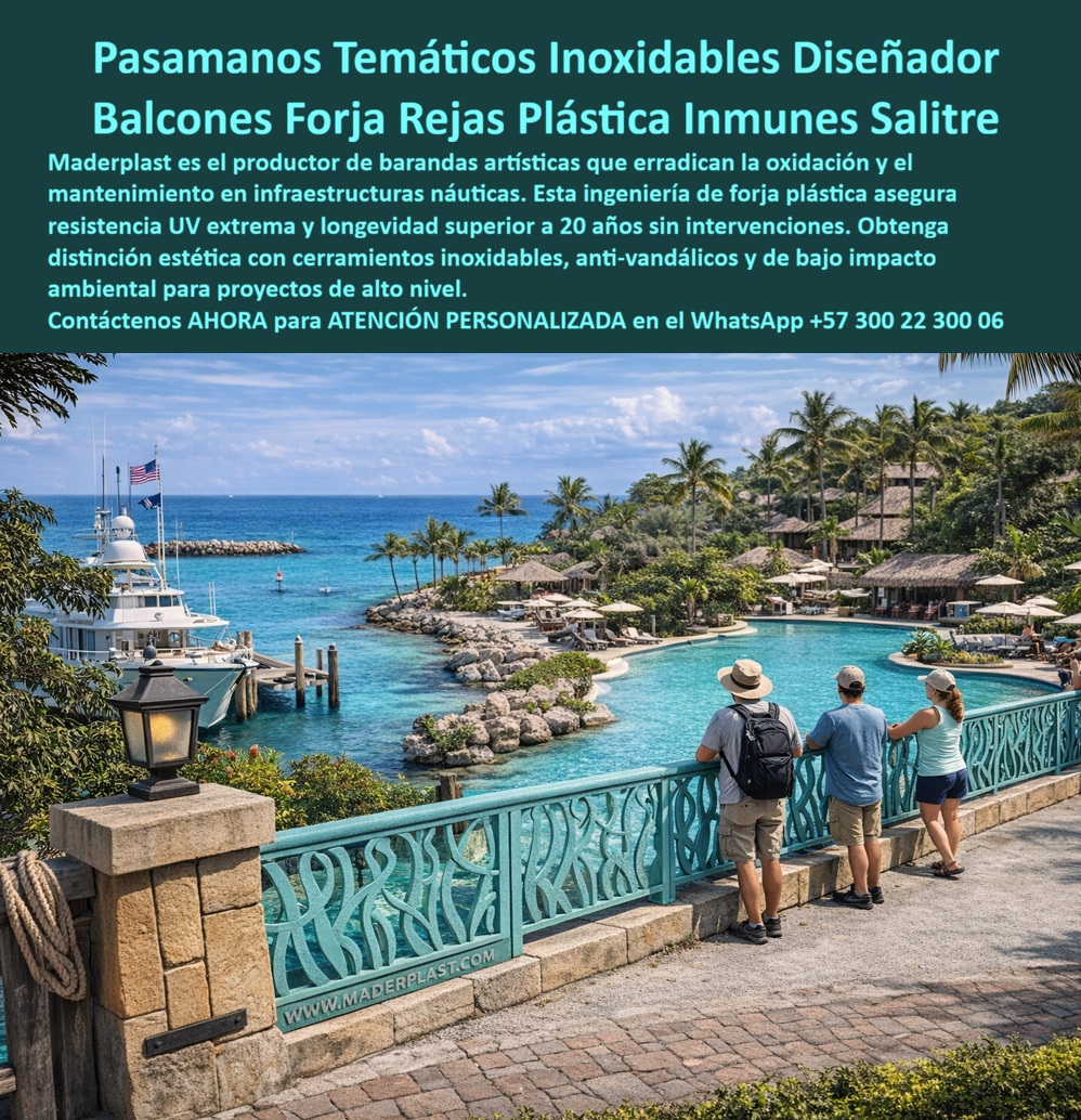 Barandas Decorativas Turísticas Temáticas Integración Paisaje Cercas Maderplast - Pasamanos Temático Maderplast – Baranda Artística Forja Plástica Inoxidable para Balcones Náuticos en Resorts Frente al Mar En la imagen se aprecia un pasamanos temático Maderplast tipo baranda artística para balcón náutico con patrón orgánico ondulado inspirado en formas marinas en color turquesa estructural, montado sobre base de piedra y pavimento de ladrillo en terraza elevada de resort de lujo. Esta reja decorativa presenta textura uniforme y bordes precisos en polímeros de ingeniería que la hacen inmune al salitre marino, rayos UV intensos y corrosión ambiental, conservando su elegancia sin barniz ni mantenimiento alguno. El diseño se integra armónicamente al paisaje tropical costero con vista al océano y yate anclado, ofreciendo seguridad peatonal y estética profesional permanente. Quien ha gestionado infraestructura en resorts frente al mar o hoteles costeros de lujo conoce muy bien el verdadero dolor: las barandas y pasamanos metálicos tradicionales se corroen rápidamente por la brisa marina constante, el salitre, el sol intenso y el tráfico peatonal diario. Esto genera riesgos de seguridad, repintados frecuentes, soldaduras y reposiciones que interrumpen la operación, afectan la imagen premium del resort y elevan los costos de mantenimiento año tras año. Lo que en un principio parece una opción económica termina convirtiéndose en una inversión muy cara por fallas críticas, pérdida de imagen y la imposibilidad de justificar ante la gerencia o los inversionistas una decisión que, a la larga, resulta mucho más costosa y problemática. Una compra bien hecha recibe felicitaciones permanentes; una mal hecha no encuentra excusa que compense los gastos adicionales y los dolores de cabeza. Maderplast resuelve este problema de forma definitiva y segura. Fabricamos a medida el pasamanos temático balcón resort marino, la baranda artística forja plástica y la reja decorativa náutica hotelera con composites poliméricos de ingeniería estructural que eliminan por completo la corrosión por salitre, el decoloramiento por UV y cualquier necesidad de mantenimiento. El resultado es una baranda tematizada turística con más de 20 años de vida útil, patrón orgánico personalizado, color integral permanente, peso liviano y huella de carbono baja, ideal para balcones, terrazas y pasamanos en hoteles frente al mar, cumpliendo los más altos estándares de seguridad y estética mientras se integra perfectamente al paisaje tropical. Así lo confirman en testimonio de caso real el Gerente de Infraestructura de un resort hotelero costero en un proyecto del 2024: el problema que enfrentamos era la corrosión acelerada de barandas metálicas en balcones y terrazas por la brisa marina constante y sol intenso, generando riesgos de seguridad y gastos frecuentes de repintado que afectan la imagen premium del resort. Después de implementar los pasamanos temáticos Maderplast con patrón orgánico turquesa, fabricados a medida según el diseño náutico del proyecto y adaptados a las terrazas con vista al océano, la baranda ha operado de forma continua sin ningún mantenimiento correctivo, manteniendo color y detalles artísticos intactos después de meses de exposición marina, con mejora notable en estética y reducción drástica del costo total de propiedad. Cuando un profesional busca la mejor alternativa duradera a las barandas metálicas costeras, el pasamanos temático balcón o la reja ornamental balcón tropical con las especificaciones técnicas correctas, Maderplast entrega la tranquilidad absoluta. Contamos con ficha técnica completa en PDF con medidas, planos de anclaje y especificaciones de carga, certificados de pruebas de laboratorio y videos reales disponibles en el canal de YouTube @maderplasSA. Los productos Maderplast son tan buenos que cualquier otra opción, incluso regalada, terminaría siendo carísima por sus fallas y mantenimientos constantes. Si su proyecto requiere una baranda balcón que realmente entregue durabilidad extrema, seguridad y belleza permanente, contáctenos hoy. Nuestro equipo de ingenieros está listo para brindarle cotización personalizada, renders, prototipos y toda la asesoría técnica que necesite. WhatsApp directo: +57 300 22 300 06 Barandas Tematizadas Turísticas Diseño Personalizado, Barandas Artísticas Tematizadas Turísticas Resistentes Exterior Barandal Artístico Balcón Forja Plástica Barandas Decorativas Turísticas Temáticas Integración Paisaje Cercas Maderplast Barandas Tematizadas Turísticas Diseño Personalizado Barandas Artísticas Tematizadas Turísticas Resistentes Exterior Barandal Artístico Balcón Forja Plástica Pasamanos Temático Maderplast – Baranda Artística Forja Plástica Inoxidable para Balcones Náuticos en Resorts Frente al Mar En la imagen se aprecia un pasamanos temático Maderplast tipo baranda artística para balcón náutico con patrón orgánico ondulado inspirado en formas marinas en color turquesa estructural, montado sobre base de piedra y pavimento de ladrillo en terraza elevada de resort de lujo. Esta reja decorativa presenta textura uniforme y bordes precisos en polímeros de ingeniería que la hacen inmune al salitre marino, rayos UV intensos y corrosión ambiental, conservando su elegancia sin barniz ni mantenimiento alguno. El diseño se integra armónicamente al paisaje tropical costero con vista al océano y yate anclado, ofreciendo seguridad peatonal y estética profesional permanente. Quien ha gestionado infraestructura en resorts frente al mar o hoteles costeros de lujo conoce muy bien el verdadero dolor: las barandas y pasamanos metálicos tradicionales se corroen rápidamente por la brisa marina constante, el salitre, el sol intenso y el tráfico peatonal diario. Esto genera riesgos de seguridad, repintados frecuentes, soldaduras y reposiciones que interrumpen la operación, afectan la imagen premium del resort y elevan los costos de mantenimiento año tras año. Lo que en un principio parece una opción económica termina convirtiéndose en una inversión muy cara por fallas críticas, pérdida de imagen y la imposibilidad de justificar ante la gerencia o los inversionistas una decisión que, a la larga, resulta mucho más costosa y problemática. Una compra bien hecha recibe felicitaciones permanentes; una mal hecha no encuentra excusa que compense los gastos adicionales y los dolores de cabeza. Maderplast resuelve este problema de forma definitiva y segura. Fabricamos a medida el pasamanos temático balcón resort marino, la baranda artística forja plástica y la reja decorativa náutica hotelera con composites poliméricos de ingeniería estructural que eliminan por completo la corrosión por salitre, el decoloramiento por UV y cualquier necesidad de mantenimiento. El resultado es una baranda tematizada turística con más de 20 años de vida útil, patrón orgánico personalizado, color integral permanente, peso liviano y huella de carbono baja, ideal para balcones, terrazas y pasamanos en hoteles frente al mar, cumpliendo los más altos estándares de seguridad y estética mientras se integra perfectamente al paisaje tropical. Así lo confirman en testimonio de caso real el Gerente de Infraestructura de un resort hotelero costero en un proyecto del 2024: el problema que enfrentamos era la corrosión acelerada de barandas metálicas en balcones y terrazas por la brisa marina constante y sol intenso, generando riesgos de seguridad y gastos frecuentes de repintado que afectan la imagen premium del resort. Después de implementar los pasamanos temáticos Maderplast con patrón orgánico turquesa, fabricados a medida según el diseño náutico del proyecto y adaptados a las terrazas con vista al océano, la baranda ha operado de forma continua sin ningún mantenimiento correctivo, manteniendo color y detalles artísticos intactos después de meses de exposición marina, con mejora notable en estética y reducción drástica del costo total de propiedad. Cuando un profesional busca la mejor alternativa duradera a las barandas metálicas costeras, el pasamanos temático balcón o la reja ornamental balcón tropical con las especificaciones técnicas correctas, Maderplast entrega la tranquilidad absoluta. Contamos con ficha técnica completa en PDF con medidas, planos de anclaje y especificaciones de carga, certificados de pruebas de laboratorio y videos reales disponibles en el canal de YouTube @maderplasSA. Los productos Maderplast son tan buenos que cualquier otra opción, incluso regalada, terminaría siendo carísima por sus fallas y mantenimientos constantes. Si su proyecto requiere una baranda balcón que realmente entregue durabilidad extrema, seguridad y belleza permanente, contáctenos hoy. Nuestro equipo de ingenieros está listo para brindarle cotización personalizada, renders, prototipos y toda la asesoría técnica que necesite. WhatsApp directo: +57 300 22 300 06