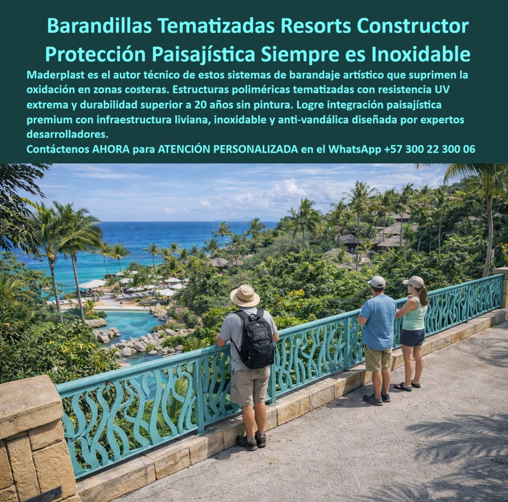 Barandas Decorativas Turísticas Temáticas Integración Paisaje Cercas Maderplast - Barandilla Temática Maderplast – Reja Decorativa Exterior Tematizada para Resorts Costeros con Integración Paisajística En la imagen se aprecia una barandilla temática Maderplast para resort costero con patrón orgánico fluido en color turquesa estructural, instalada sobre muro de piedra a lo largo de un sendero elevado con vista panorámica al océano, piscina infinity y vegetación tropical exuberante. Esta reja decorativa exterior presenta diseño artístico que imita forja clásica pero fabricada en polímeros de ingeniería inmunes a salitre marino, rayos UV y humedad constante, conservando su estética sin oxidación ni mantenimiento. El cerramiento se funde armónicamente con el paisaje del resort de lujo, garantizando seguridad peatonal y durabilidad extrema en entornos marítimos. Quien ha gestionado proyectos en resorts de lujo frente al mar conoce muy bien el verdadero dolor: las barandillas y rejas metálicas tradicionales sufren oxidación acelerada por la brisa marina cargada de salitre, el sol intenso y la humedad constante. Esto obliga a repintados frecuentes, reparaciones y reposiciones que generan costos altos, riesgos de seguridad y deterioro de la imagen premium del resort. Lo que parecía una opción económica termina siendo carísimo por fallas críticas, gastos ocultos y la imposibilidad de justificar ante la gerencia o inversionistas una decisión que resulta mucho más costosa a largo plazo. Una compra bien hecha recibe felicitaciones permanentes; una mal hecha no encuentra excusa válida que compense los problemas y gastos adicionales. Maderplast resuelve este problema de forma definitiva y segura. Fabricamos a medida la barandilla temática resort costero, la reja decorativa exterior tropical y las barandillas artísticas para mirador hotel con composites poliméricos de ingeniería estructural que eliminan por completo la corrosión por salitre, el decoloramiento por UV y cualquier necesidad de mantenimiento. El resultado es una baranda con más de 20 años de vida útil, patrón orgánico personalizado, color integral permanente, peso liviano y huella de carbono baja, perfecta para integrarse al paisaje tropical mientras cumple los más altos estándares de seguridad y estética en terrazas, senderos y miradores costeros. Así lo confirman en testimonio de caso real el Gerente de Infraestructura de un resort hotelero tropical en un proyecto del 2024: el problema que enfrentamos era la oxidación constante de barandillas metálicas en miradores y senderos elevados debido a la brisa marina cargada de salitre, requiriendo repintado frecuente y afectando la imagen premium del resort. Después de instalar las barandillas temáticas Maderplast con patrón orgánico turquesa, fabricadas a medida según el concepto paisajístico del proyecto y adaptadas al recorrido con vistas al océano, la reja ha permanecido en perfecto estado sin ningún tipo de mantenimiento después de meses de exposición, manteniendo color y detalles artísticos intactos mientras mejora la experiencia visual de los huéspedes y reduce significativamente el costo total de propiedad. Cuando un profesional busca la mejor alternativa duradera a las barandillas metálicas salitre, la barandilla temática resort o la reja decorativa artística con las especificaciones técnicas correctas, Maderplast entrega la tranquilidad absoluta. Contamos con ficha técnica completa en PDF con medidas, planos de anclaje y especificaciones de carga, certificados de pruebas de laboratorio y videos reales disponibles en el canal de YouTube @maderplasSA. Los productos Maderplast son tan buenos que cualquier otra opción, incluso regalada, terminaría siendo carísima por sus fallas y mantenimientos constantes. Si su proyecto requiere una barandilla que realmente entregue durabilidad extrema, seguridad y belleza permanente integrada al paisaje, contáctenos hoy. Nuestro equipo de ingenieros está listo para brindarle cotización personalizada, renders, prototipos y toda la asesoría técnica que necesite. WhatsApp directo: +57 300 22 300 06 Reja Decorativa Exterior Tematizada Resort Duradera, Barandillas Integradas Paisaje Turístico Sin Corrosión Larga Vida, Barandas Artísticas Forjadas Turísticas Reja Barandas Decorativas Turísticas Temáticas Integración Paisaje Cercas Maderplast Reja Decorativa Exterior Tematizada Resort Duradera Barandillas Integradas Paisaje Turístico Sin Corrosión Larga Vida Barandas Artísticas Forjadas Turísticas Reja Barandilla Temática Maderplast – Reja Decorativa Exterior Tematizada para Resorts Costeros con Integración Paisajística En la imagen se aprecia una barandilla temática Maderplast para resort costero con patrón orgánico fluido en color turquesa estructural, instalada sobre muro de piedra a lo largo de un sendero elevado con vista panorámica al océano, piscina infinity y vegetación tropical exuberante. Esta reja decorativa exterior presenta diseño artístico que imita forja clásica pero fabricada en polímeros de ingeniería inmunes a salitre marino, rayos UV y humedad constante, conservando su estética sin oxidación ni mantenimiento. El cerramiento se funde armónicamente con el paisaje del resort de lujo, garantizando seguridad peatonal y durabilidad extrema en entornos marítimos. Quien ha gestionado proyectos en resorts de lujo frente al mar conoce muy bien el verdadero dolor: las barandillas y rejas metálicas tradicionales sufren oxidación acelerada por la brisa marina cargada de salitre, el sol intenso y la humedad constante. Esto obliga a repintados frecuentes, reparaciones y reposiciones que generan costos altos, riesgos de seguridad y deterioro de la imagen premium del resort. Lo que parecía una opción económica termina siendo carísimo por fallas críticas, gastos ocultos y la imposibilidad de justificar ante la gerencia o inversionistas una decisión que resulta mucho más costosa a largo plazo. Una compra bien hecha recibe felicitaciones permanentes; una mal hecha no encuentra excusa válida que compense los problemas y gastos adicionales. Maderplast resuelve este problema de forma definitiva y segura. Fabricamos a medida la barandilla temática resort costero, la reja decorativa exterior tropical y las barandillas artísticas para mirador hotel con composites poliméricos de ingeniería estructural que eliminan por completo la corrosión por salitre, el decoloramiento por UV y cualquier necesidad de mantenimiento. El resultado es una baranda con más de 20 años de vida útil, patrón orgánico personalizado, color integral permanente, peso liviano y huella de carbono baja, perfecta para integrarse al paisaje tropical mientras cumple los más altos estándares de seguridad y estética en terrazas, senderos y miradores costeros. Así lo confirman en testimonio de caso real el Gerente de Infraestructura de un resort hotelero tropical en un proyecto del 2024: el problema que enfrentamos era la oxidación constante de barandillas metálicas en miradores y senderos elevados debido a la brisa marina cargada de salitre, requiriendo repintado frecuente y afectando la imagen premium del resort. Después de instalar las barandillas temáticas Maderplast con patrón orgánico turquesa, fabricadas a medida según el concepto paisajístico del proyecto y adaptadas al recorrido con vistas al océano, la reja ha permanecido en perfecto estado sin ningún tipo de mantenimiento después de meses de exposición, manteniendo color y detalles artísticos intactos mientras mejora la experiencia visual de los huéspedes y reduce significativamente el costo total de propiedad. Cuando un profesional busca la mejor alternativa duradera a las barandillas metálicas salitre, la barandilla temática resort o la reja decorativa artística con las especificaciones técnicas correctas, Maderplast entrega la tranquilidad absoluta. Contamos con ficha técnica completa en PDF con medidas, planos de anclaje y especificaciones de carga, certificados de pruebas de laboratorio y videos reales disponibles en el canal de YouTube @maderplasSA. Los productos Maderplast son tan buenos que cualquier otra opción, incluso regalada, terminaría siendo carísima por sus fallas y mantenimientos constantes. Si su proyecto requiere una barandilla que realmente entregue durabilidad extrema, seguridad y belleza permanente integrada al paisaje, contáctenos hoy. Nuestro equipo de ingenieros está listo para brindarle cotización personalizada, renders, prototipos y toda la asesoría técnica que necesite. WhatsApp directo: +57 300 22 300 06