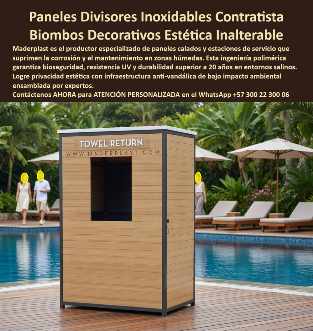 Biombos Divisores de Ambientes Hoteleros Paneles Decorativos Maderplast - Biombo Divisor Maderplast – Estación Towel Return y Panel Calado Decorativo para Piscinas y Decks Hoteleros En la imagen se aprecia una estación towel return Maderplast tipo biombo divisor con paneles verticales de acabado madera clara y marco estructural oscuro, ubicada sobre deck de piscina en resort tropical con tumbonas, sombrillas y vegetación exuberante al fondo. Esta estructura funcional presenta apertura frontal para devolución de toallas y paneles calados en polímeros de ingeniería que la hacen inmune a humedad constante, cloro y rayos UV sin oxidación ni mantenimiento. El diseño combina practicidad de servicio con estética premium, integrándose armónicamente al entorno de piscina y ofreciendo durabilidad extrema en zonas húmedas de alto tráfico hotelero. Quien ha gestionado áreas de piscina y decks en resorts tropicales sabe perfectamente cuál es el verdadero dolor: los biombos, paneles y estaciones de servicio metálicos o de madera tradicionales se corroen, oxidan y deterioran rápidamente por el cloro, la humedad constante y el tráfico intenso de huéspedes. Esto genera reparaciones frecuentes, repintados, mala imagen y costos que se acumulan año tras año. Lo que en un principio parece una opción económica termina convirtiéndose en una inversión muy cara por fallas críticas, gastos ocultos y la imposibilidad de justificar ante la gerencia o los inversionistas una decisión que, a la larga, resulta mucho más costosa y problemática. Una compra bien hecha recibe felicitaciones permanentes; una mal hecha no encuentra excusa que compense los gastos adicionales y los dolores de cabeza. Maderplast resuelve este problema de forma definitiva y segura. Fabricamos a medida el biombo divisor piscina hotel, la estación towel return paneles y los paneles calados decorativos hoteleros resistentes con composites poliméricos de ingeniería exterior que eliminan por completo la corrosión, la oxidación, la decoloración por UV y cualquier necesidad de mantenimiento. El resultado es un biombo con más de 20 años de vida útil, paneles calados antivandálicos, color integral permanente, bajo peso y huella de carbono baja, ideal para estaciones de servicio, divisores y biombos decorativos en decks de piscina, spas y áreas húmedas mientras mantiene una estética premium y funcionalidad impecable en entornos salinos o clorados. Así lo confirman en testimonio de caso real el Gerente de Infraestructura de un resort hotelero tropical en un proyecto del 2024: el problema que enfrentamos era la corrosión y deterioro rápido de estaciones metálicas y de madera para devolución de toallas en el área de piscina por cloro, humedad y uso intensivo, generando mala imagen y costos constantes de reparación. Después de instalar el biombo divisor towel return Maderplast con paneles calados y acabado madera, fabricado a medida según los requerimientos del deck y adaptado al entorno tropical de la piscina, la estación ha operado de forma continua sin ningún mantenimiento correctivo, conservando apariencia premium y funcionalidad plena después de meses de exposición constante, con mejora en la experiencia de los huéspedes y reducción drástica del costo total de propiedad. Cuando un profesional busca la mejor alternativa duradera a los biombos tradicionales piscina, el panel calado decorativo o la estación towel return deck con las especificaciones técnicas correctas, Maderplast entrega la tranquilidad absoluta. Contamos con ficha técnica completa en PDF con medidas, planos de anclaje y especificaciones de carga, certificados de pruebas de laboratorio y videos reales disponibles en el canal de YouTube @maderplasSA. Los productos Maderplast son tan buenos que cualquier otra opción, incluso regalada, terminaría siendo carísima por sus fallas y mantenimientos constantes. Si su proyecto requiere un biombo divisor que realmente entregue durabilidad extrema, privacidad estética y rentabilidad a largo plazo, contáctenos hoy. Nuestro equipo de ingenieros está listo para brindarle cotización personalizada, renders, prototipos y toda la asesoría técnica que necesite. WhatsApp directo: +57 300 22 300 06 Hoteleros Paneles Calados Resistentes Duraderos, Separadores Decorativos Perforados Hoteleros Resistentes Sin Mantenimiento, Paneles perforados decorando piscinas Biombos 0 Biombos Divisores de Ambientes Hoteleros Paneles Decorativos Maderplast Hoteleros Paneles Calados Resistentes Duraderos Separadores Decorativos Perforados Hoteleros Resistentes Sin Mantenimiento Paneles perforados decorando piscinas Biombos 0 Biombo Divisor Maderplast – Estación Towel Return y Panel Calado Decorativo para Piscinas y Decks Hoteleros En la imagen se aprecia una estación towel return Maderplast tipo biombo divisor con paneles verticales de acabado madera clara y marco estructural oscuro, ubicada sobre deck de piscina en resort tropical con tumbonas, sombrillas y vegetación exuberante al fondo. Esta estructura funcional presenta apertura frontal para devolución de toallas y paneles calados en polímeros de ingeniería que la hacen inmune a humedad constante, cloro y rayos UV sin oxidación ni mantenimiento. El diseño combina practicidad de servicio con estética premium, integrándose armónicamente al entorno de piscina y ofreciendo durabilidad extrema en zonas húmedas de alto tráfico hotelero. Quien ha gestionado áreas de piscina y decks en resorts tropicales sabe perfectamente cuál es el verdadero dolor: los biombos, paneles y estaciones de servicio metálicos o de madera tradicionales se corroen, oxidan y deterioran rápidamente por el cloro, la humedad constante y el tráfico intenso de huéspedes. Esto genera reparaciones frecuentes, repintados, mala imagen y costos que se acumulan año tras año. Lo que en un principio parece una opción económica termina convirtiéndose en una inversión muy cara por fallas críticas, gastos ocultos y la imposibilidad de justificar ante la gerencia o los inversionistas una decisión que, a la larga, resulta mucho más costosa y problemática. Una compra bien hecha recibe felicitaciones permanentes; una mal hecha no encuentra excusa que compense los gastos adicionales y los dolores de cabeza. Maderplast resuelve este problema de forma definitiva y segura. Fabricamos a medida el biombo divisor piscina hotel, la estación towel return paneles y los paneles calados decorativos hoteleros resistentes con composites poliméricos de ingeniería exterior que eliminan por completo la corrosión, la oxidación, la decoloración por UV y cualquier necesidad de mantenimiento. El resultado es un biombo con más de 20 años de vida útil, paneles calados antivandálicos, color integral permanente, bajo peso y huella de carbono baja, ideal para estaciones de servicio, divisores y biombos decorativos en decks de piscina, spas y áreas húmedas mientras mantiene una estética premium y funcionalidad impecable en entornos salinos o clorados. Así lo confirman en testimonio de caso real el Gerente de Infraestructura de un resort hotelero tropical en un proyecto del 2024: el problema que enfrentamos era la corrosión y deterioro rápido de estaciones metálicas y de madera para devolución de toallas en el área de piscina por cloro, humedad y uso intensivo, generando mala imagen y costos constantes de reparación. Después de instalar el biombo divisor towel return Maderplast con paneles calados y acabado madera, fabricado a medida según los requerimientos del deck y adaptado al entorno tropical de la piscina, la estación ha operado de forma continua sin ningún mantenimiento correctivo, conservando apariencia premium y funcionalidad plena después de meses de exposición constante, con mejora en la experiencia de los huéspedes y reducción drástica del costo total de propiedad. Cuando un profesional busca la mejor alternativa duradera a los biombos tradicionales piscina, el panel calado decorativo o la estación towel return deck con las especificaciones técnicas correctas, Maderplast entrega la tranquilidad absoluta. Contamos con ficha técnica completa en PDF con medidas, planos de anclaje y especificaciones de carga, certificados de pruebas de laboratorio y videos reales disponibles en el canal de YouTube @maderplasSA. Los productos Maderplast son tan buenos que cualquier otra opción, incluso regalada, terminaría siendo carísima por sus fallas y mantenimientos constantes. Si su proyecto requiere un biombo divisor que realmente entregue durabilidad extrema, privacidad estética y rentabilidad a largo plazo, contáctenos hoy. Nuestro equipo de ingenieros está listo para brindarle cotización personalizada, renders, prototipos y toda la asesoría técnica que necesite. WhatsApp directo: +57 300 22 300 06