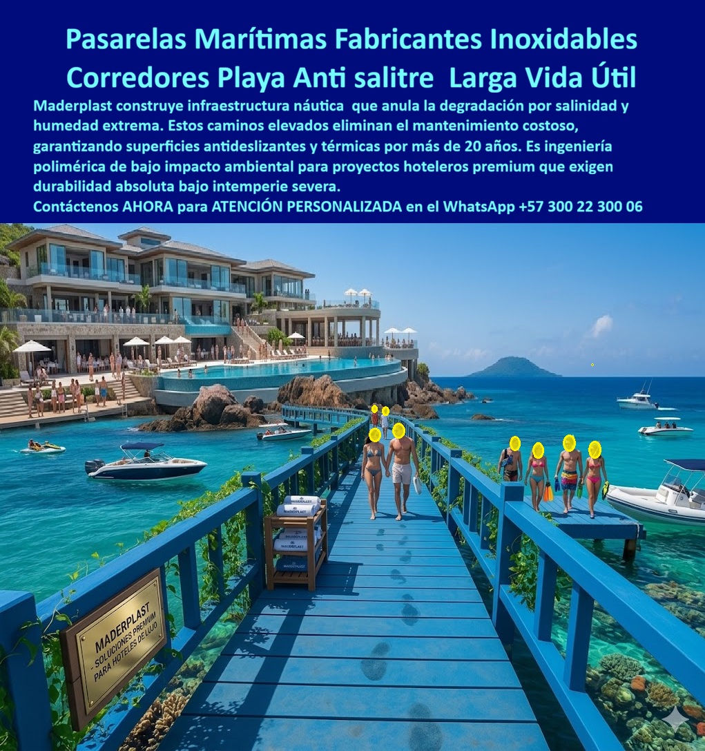 Caminos Elevados Turísticos Senderos Para Hoteles Corredores Maderplast - Pasarela Marítima Elevada Maderplast – Corredor Azul Antideslizante para Resorts Playeros y Hoteles Costeros En la imagen se aprecia una pasarela marítima elevada Maderplast tipo corredor azul para hoteles de playa con deck integral antideslizante y barandas laterales en tono turquesa intenso, extendiéndose sobre aguas cristalinas con coral visible y conectando directamente al complejo resort de lujo con piscina infinity y vista al océano. Esta estructura presenta superficie texturizada de polímeros de ingeniería que garantiza agarre seguro bajo cualquier condición climática, inmune a salinidad marina y rayos UV sin decoloración ni mantenimiento. El camino elevado se funde con el entorno playero ofreciendo circulación cómoda y estética náutica profesional. Quien ha gestionado proyectos en resorts de playa o hoteles costeros frente al mar sabe perfectamente cuál es el verdadero dolor: las pasarelas y corredores elevados tradicionales sufren deterioro acelerado por salinidad, humedad constante, oleaje y tráfico intenso de huéspedes. Esto genera riesgos de resbalones, reparaciones frecuentes, interrupciones operativas y costos que se acumulan año tras año. Lo que en un principio parece una opción económica termina convirtiéndose en una inversión muy cara por fallas críticas, pérdida de imagen premium y la imposibilidad de justificar ante la gerencia o los inversionistas una decisión que, a la larga, resulta mucho más costosa y problemática. Una compra bien hecha recibe felicitaciones permanentes; una mal hecha no encuentra excusa que compense los gastos adicionales y los dolores de cabeza. Maderplast resuelve este problema de forma definitiva y segura. Fabricamos a medida la pasarela marítima elevada hotel playa, el corredor elevado azul resort y el deck elevado antideslizante salitre con composites poliméricos de ingeniería náutica que eliminan por completo la corrosión marina, el desgaste por intemperie y cualquier necesidad de mantenimiento. El resultado es un camino elevado con más de 20 años de vida útil, superficie antideslizante certificada, color integral permanente, bajo peso y huella de carbono baja, ideal para pasarelas marítimas hoteleras que conectan piscinas, playas y embarcaderos mientras cumplen los más altos estándares de seguridad y estética en entornos costeros exigentes. Así lo confirman en testimonio de caso real el Gerente de Infraestructura de un resort hotelero playero en un proyecto del 2024: el problema que enfrentamos era el deterioro constante de los accesos peatonales sobre agua por salinidad y humedad, generando resbalones, reparaciones frecuentes y costos operativos que afectan la experiencia premium de los huéspedes. Después de implementar la pasarela marítima elevada Maderplast con deck azul antideslizante, fabricada a medida según los planos del proyecto y adaptada al recorrido entre la piscina y la zona marina del resort, el corredor ha operado de forma continua sin ningún mantenimiento correctivo, manteniendo superficie segura y color original después de meses de uso intensivo en condiciones marinas extremas, con notable mejora en seguridad y reducción del costo total de propiedad. Cuando un profesional busca la mejor alternativa duradera a las pasarelas tradicionales de playa, el corredor elevado antideslizante resort o la pasarela marítima hotelera con las especificaciones técnicas correctas, Maderplast entrega la tranquilidad absoluta. Contamos con ficha técnica completa en PDF con medidas, planos de anclaje y especificaciones de carga, certificados de pruebas de laboratorio y videos reales disponibles en el canal de YouTube @maderplasSA. Los productos Maderplast son tan buenos que cualquier otra opción, incluso regalada, terminaría siendo carísima por sus fallas y mantenimientos constantes. Si su proyecto requiere una pasarela marítima elevada que realmente entregue durabilidad extrema, seguridad y rentabilidad a largo plazo, contáctenos hoy. Nuestro equipo de ingenieros está listo para brindarle cotización personalizada, renders, prototipos y toda la asesoría técnica que necesite. WhatsApp directo: +57 300 22 300 06 Pasadizos Elevados Hoteles Resistentes Sin Mantenimiento, Decks Elevados Playa Resort Anti Corrosión, Pasarelas Marítimas Hoteleras Antideslizantes Resistentes Intemperie 0 Caminos Elevados Turísticos Senderos Para Hoteles Corredores Maderplast Pasadizos Elevados Hoteles Resistentes Sin Mantenimiento Decks Elevados Playa Resort Anti Corrosión Pasarelas Marítimas Hoteleras Antideslizantes Resistentes Intemperie 0 Pasarela Marítima Elevada Maderplast – Corredor Azul Antideslizante para Resorts Playeros y Hoteles Costeros En la imagen se aprecia una pasarela marítima elevada Maderplast tipo corredor azul para hoteles de playa con deck integral antideslizante y barandas laterales en tono turquesa intenso, extendiéndose sobre aguas cristalinas con coral visible y conectando directamente al complejo resort de lujo con piscina infinity y vista al océano. Esta estructura presenta superficie texturizada de polímeros de ingeniería que garantiza agarre seguro bajo cualquier condición climática, inmune a salinidad marina y rayos UV sin decoloración ni mantenimiento. El camino elevado se funde con el entorno playero ofreciendo circulación cómoda y estética náutica profesional. Quien ha gestionado proyectos en resorts de playa o hoteles costeros frente al mar sabe perfectamente cuál es el verdadero dolor: las pasarelas y corredores elevados tradicionales sufren deterioro acelerado por salinidad, humedad constante, oleaje y tráfico intenso de huéspedes. Esto genera riesgos de resbalones, reparaciones frecuentes, interrupciones operativas y costos que se acumulan año tras año. Lo que en un principio parece una opción económica termina convirtiéndose en una inversión muy cara por fallas críticas, pérdida de imagen premium y la imposibilidad de justificar ante la gerencia o los inversionistas una decisión que, a la larga, resulta mucho más costosa y problemática. Una compra bien hecha recibe felicitaciones permanentes; una mal hecha no encuentra excusa que compense los gastos adicionales y los dolores de cabeza. Maderplast resuelve este problema de forma definitiva y segura. Fabricamos a medida la pasarela marítima elevada hotel playa, el corredor elevado azul resort y el deck elevado antideslizante salitre con composites poliméricos de ingeniería náutica que eliminan por completo la corrosión marina, el desgaste por intemperie y cualquier necesidad de mantenimiento. El resultado es un camino elevado con más de 20 años de vida útil, superficie antideslizante certificada, color integral permanente, bajo peso y huella de carbono baja, ideal para pasarelas marítimas hoteleras que conectan piscinas, playas y embarcaderos mientras cumplen los más altos estándares de seguridad y estética en entornos costeros exigentes. Así lo confirman en testimonio de caso real el Gerente de Infraestructura de un resort hotelero playero en un proyecto del 2024: el problema que enfrentamos era el deterioro constante de los accesos peatonales sobre agua por salinidad y humedad, generando resbalones, reparaciones frecuentes y costos operativos que afectan la experiencia premium de los huéspedes. Después de implementar la pasarela marítima elevada Maderplast con deck azul antideslizante, fabricada a medida según los planos del proyecto y adaptada al recorrido entre la piscina y la zona marina del resort, el corredor ha operado de forma continua sin ningún mantenimiento correctivo, manteniendo superficie segura y color original después de meses de uso intensivo en condiciones marinas extremas, con notable mejora en seguridad y reducción del costo total de propiedad. Cuando un profesional busca la mejor alternativa duradera a las pasarelas tradicionales de playa, el corredor elevado antideslizante resort o la pasarela marítima hotelera con las especificaciones técnicas correctas, Maderplast entrega la tranquilidad absoluta. Contamos con ficha técnica completa en PDF con medidas, planos de anclaje y especificaciones de carga, certificados de pruebas de laboratorio y videos reales disponibles en el canal de YouTube @maderplasSA. Los productos Maderplast son tan buenos que cualquier otra opción, incluso regalada, terminaría siendo carísima por sus fallas y mantenimientos constantes. Si su proyecto requiere una pasarela marítima elevada que realmente entregue durabilidad extrema, seguridad y rentabilidad a largo plazo, contáctenos hoy. Nuestro equipo de ingenieros está listo para brindarle cotización personalizada, renders, prototipos y toda la asesoría técnica que necesite. WhatsApp directo: +57 300 22 300 06