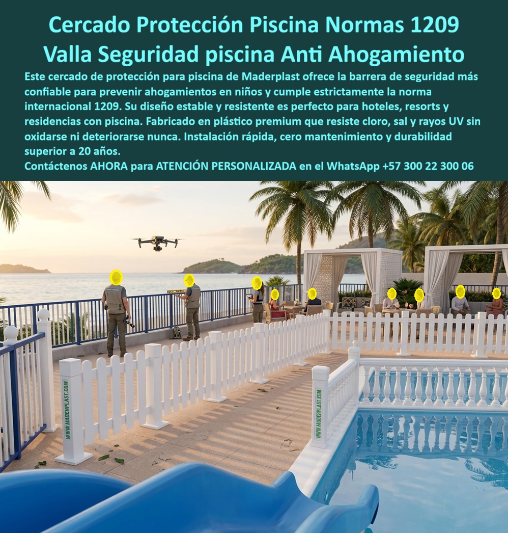 Cercado Protección Piscina Cerramientos Norma 1209 Piscina Maderplast - Cercado Blanco Decorativo de Protección para Piscina en Polímero Inoxidable Norma NTC 1209 — Valla Anti Ahogamiento con Balaustrada Premium que No Amarillea ni Se Descascara | Maderplast Fabricante Colombia La imagen muestra lo que un resort de lujo necesita ver alrededor de su piscina de borde infinito frente al océano: un cerramiento perimetral blanco impecable con estacas verticales de punta redondeada en la sección superior y balaustres torneados decorativos en la inferior, combinando dos lenguajes estéticos en un solo sistema modular que cumple estrictamente la separación inferior a diez centímetros entre ejes exigida por la NTC 1209 para prevención de ahogamiento infantil. Lo que la imagen confirma al profesional que sabe mirar es que ese blanco no tiene una sola mancha amarillenta, una sola ampolla ni una sola escama de pintura, porque no es hierro pintado de blanco ni aluminio anodizado: es polímero de ingeniería Maderplast con pigmento blanco incorporado en la masa del material durante la extrusión, y opera bajo radiación UV ecuatorial directa, brisa salina y salpicaduras cloradas manteniendo exactamente la misma blancura del día de la instalación. El dolor específico que resuelve este producto lo conoce cualquier administrador que haya intentado mantener una cerca blanca de hierro en zona costera: el salitre provoca descascaramiento en menos de dieciocho meses, la corrosión amplía separaciones de barrotes por fuera del rango de la NTC 1209, y la estética de ampollas y óxido sobre blanco contradice la imagen premium del establecimiento. En diez años el hierro acumula entre seis y ocho ciclos de lijado, imprimación y repintado más reemplazo de secciones. El aluminio pintado reduce la corrosión pero no la elimina en uniones y tiene valor como chatarra que invita al hurto. Al comprador no lo recordarán por el precio más bajo sino por los éxitos o fracasos de su decisión, y una cerca "barata" que amarillea, se descascara y pierde cumplimiento normativo es lo que sale carísimo por fallas, mantenimiento y falta de garantía de empresas que no responden. Maderplast elimina ese deterioro porque el color blanco integral del polímero no es un recubrimiento que pueda desprenderse sino parte constitutiva del material: no amarillea por UV, no se descascara por humedad, no desarrolla oxidación y conserva blancura uniforme durante más de veinte años documentados sin intervención. Los barrotes no pierden sección con el tiempo, garantizando el cumplimiento permanente de la NTC 1209 ante cualquier inspección sanitaria sin necesidad de reparaciones previas. El sistema modular permite adaptación a perímetros irregulares incluyendo tramos curvos, cambios de nivel y portones con cierre de seguridad infantil, todo fabricado en polímero sin fijaciones metálicas expuestas. La instalación se ejecuta sin soldaduras ni trabajos en caliente dentro del área de piscina, y el material carece de valor como chatarra, anulando el riesgo de hurto. Fichas técnicas en PDF, documentación normativa NTC 1209, certificación dimensional y videos de ensayos en https://www.youtube.com/@maderplasSA. Un resort costero —nombre reservado, visita disponible— necesitaba reemplazar su cerca de hierro blanco: descargamento en menos de dos temporadas, barrotes fuera de norma por corrosión y la inspección sanitaria exigiendo documentación de cumplimiento. Maderplast fabrica cerramiento completo en polímero blanco con estacas, balaustrada y portón con cierre infantil según NTC 1209, instalación modular sin interrumpir operación. El resort superó la inspección con concepto favorable. Tras exposición continua a brisa, UV y cloro, la cerca conserva la blancura original sin amarillamiento. Una compra bien hecha no necesita explicaciones, solo recibe felicitaciones, y los productos Maderplast son tan buenos que los demás, al contabilizar costos ocultos, no se aceptarían ni regalados. Si necesita cotizar cerca blanca piscina norma 1209 antiahogamiento, cerramiento decorativo para resort, alternativa a cerca metálica blanca que no amarillee, valla modular de instalación rápida sin soldadura, barrera seguridad infantil para piscinas colectivas, especificaciones para pliego técnico o fabricación a medida, Maderplast es fabricante directo en Colombia con ingenieros desde el anteproyecto. La decisión correcta no es la que cuesta menos hoy; es la que no cuesta nada mañana. Contacte un ingeniero Maderplast por WhatsApp: 57+ 300 22 300 06. Vallas Protectoras Piscinas Resisten Cloro Rápida Instalación Segura, Cercado Piscina Protección Menores Cumple Norma Internacional Cercas Piscina Anti Ahogamiento Resistente Cercado Protección Piscina Cerramientos Norma 1209 Piscina Maderplast Vallas Protectoras Piscinas Resisten Cloro Rápida Instalación Segura Cercado Piscina Protección Menores Cumple Norma Internacional Cercas Piscina Anti Ahogamiento Resistente Cercado Blanco Decorativo de Protección para Piscina en Polímero Inoxidable Norma NTC 1209 — Valla Anti Ahogamiento con Balaustrada Premium que No Amarillea ni Se Descascara | Maderplast Fabricante Colombia La imagen muestra lo que un resort de lujo necesita ver alrededor de su piscina de borde infinito frente al océano: un cerramiento perimetral blanco impecable con estacas verticales de punta redondeada en la sección superior y balaustres torneados decorativos en la inferior, combinando dos lenguajes estéticos en un solo sistema modular que cumple estrictamente la separación inferior a diez centímetros entre ejes exigida por la NTC 1209 para prevención de ahogamiento infantil. Lo que la imagen confirma al profesional que sabe mirar es que ese blanco no tiene una sola mancha amarillenta, una sola ampolla ni una sola escama de pintura, porque no es hierro pintado de blanco ni aluminio anodizado: es polímero de ingeniería Maderplast con pigmento blanco incorporado en la masa del material durante la extrusión, y opera bajo radiación UV ecuatorial directa, brisa salina y salpicaduras cloradas manteniendo exactamente la misma blancura del día de la instalación. El dolor específico que resuelve este producto lo conoce cualquier administrador que haya intentado mantener una cerca blanca de hierro en zona costera: el salitre provoca descascaramiento en menos de dieciocho meses, la corrosión amplía separaciones de barrotes por fuera del rango de la NTC 1209, y la estética de ampollas y óxido sobre blanco contradice la imagen premium del establecimiento. En diez años el hierro acumula entre seis y ocho ciclos de lijado, imprimación y repintado más reemplazo de secciones. El aluminio pintado reduce la corrosión pero no la elimina en uniones y tiene valor como chatarra que invita al hurto. Al comprador no lo recordarán por el precio más bajo sino por los éxitos o fracasos de su decisión, y una cerca "barata" que amarillea, se descascara y pierde cumplimiento normativo es lo que sale carísimo por fallas, mantenimiento y falta de garantía de empresas que no responden. Maderplast elimina ese deterioro porque el color blanco integral del polímero no es un recubrimiento que pueda desprenderse sino parte constitutiva del material: no amarillea por UV, no se descascara por humedad, no desarrolla oxidación y conserva blancura uniforme durante más de veinte años documentados sin intervención. Los barrotes no pierden sección con el tiempo, garantizando el cumplimiento permanente de la NTC 1209 ante cualquier inspección sanitaria sin necesidad de reparaciones previas. El sistema modular permite adaptación a perímetros irregulares incluyendo tramos curvos, cambios de nivel y portones con cierre de seguridad infantil, todo fabricado en polímero sin fijaciones metálicas expuestas. La instalación se ejecuta sin soldaduras ni trabajos en caliente dentro del área de piscina, y el material carece de valor como chatarra, anulando el riesgo de hurto. Fichas técnicas en PDF, documentación normativa NTC 1209, certificación dimensional y videos de ensayos en https://www.youtube.com/@maderplasSA. Un resort costero —nombre reservado, visita disponible— necesitaba reemplazar su cerca de hierro blanco: descargamento en menos de dos temporadas, barrotes fuera de norma por corrosión y la inspección sanitaria exigiendo documentación de cumplimiento. Maderplast fabrica cerramiento completo en polímero blanco con estacas, balaustrada y portón con cierre infantil según NTC 1209, instalación modular sin interrumpir operación. El resort superó la inspección con concepto favorable. Tras exposición continua a brisa, UV y cloro, la cerca conserva la blancura original sin amarillamiento. Una compra bien hecha no necesita explicaciones, solo recibe felicitaciones, y los productos Maderplast son tan buenos que los demás, al contabilizar costos ocultos, no se aceptarían ni regalados. Si necesita cotizar cerca blanca piscina norma 1209 antiahogamiento, cerramiento decorativo para resort, alternativa a cerca metálica blanca que no amarillee, valla modular de instalación rápida sin soldadura, barrera seguridad infantil para piscinas colectivas, especificaciones para pliego técnico o fabricación a medida, Maderplast es fabricante directo en Colombia con ingenieros desde el anteproyecto. La decisión correcta no es la que cuesta menos hoy; es la que no cuesta nada mañana. Contacte un ingeniero Maderplast por WhatsApp: 57+ 300 22 300 06.
