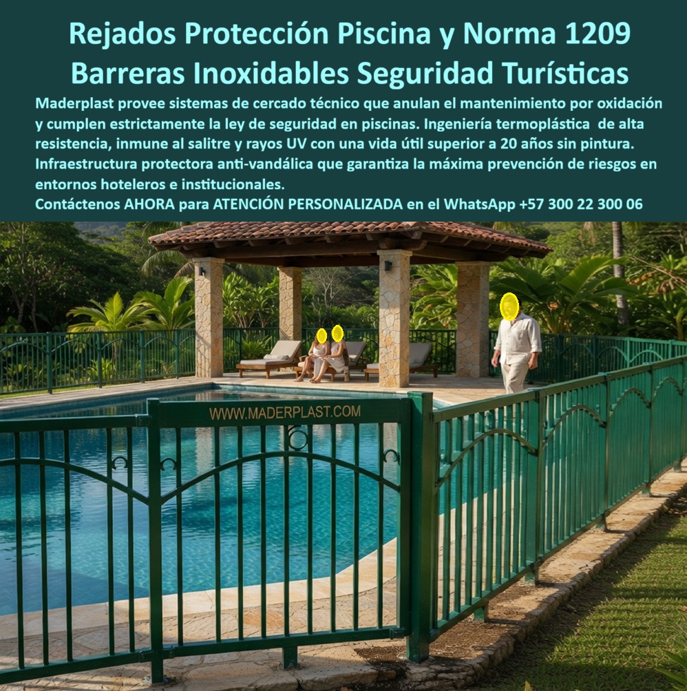 Cercado Protección Piscina Cerramientos Norma 1209 Piscina Maderplast - Cerramiento Perimetral de Seguridad para Piscina en Polímero Inoxidable Norma NTC 1209 — Valla Anti Ahogamiento Infantil Sin Mantenimiento que Reemplaza Rejas Metálicas Corroídas | Maderplast Fabricante Colombia La imagen muestra un cerramiento perimetral de barrotes verticales color verde institucional con remates curvos tipo lanza y portón de acceso con bisagras integradas, rodeando una piscina de aproximadamente quince por ocho metros en complejo turístico campestre con kiosco de teja de barro, camastros y zona de solárium. Los barrotes mantienen separación uniforme inferior a diez centímetros entre ejes, cumpliendo los parámetros que establece la normativa colombiana NTC 1209 para prevención de ahogamiento infantil en piscinas de uso colectivo. Y el dato que cambia la conversación para cualquier administrador, gerente de club o director de obra que esté enfrentando un requerimiento de la Secretaría de Salud: esa cerca no es hierro forjado ni acero galvanizado, es polímero de ingeniería Maderplast con color integral en masa, y lleva años bajo salpicaduras cloradas, humedad permanente y sol directo sin mostrar una sola mancha de óxido, una sola escama de pintura ni un solo barrote debilitado. El problema no es solo estético, es legal y potencialmente penal. La corrosión en cerramientos de hierro forjado empieza por las soldaduras inferiores —las más expuestas a salpicaduras cloradas— y reduce la sección de los barrotes, ampliando separaciones por encima del límite de la NTC 1209 y generando puntas oxidadas y bordes cortantes peligrosos para menores. El repintado anual no detiene el proceso, solo lo disimula, y cuando la Secretaría de Salud inspecciona y encuentra barrotes con pérdida de sección, la consecuencia es un requerimiento formal con responsabilidad civil y penal del administrador ante cualquier accidente. Al comprador no lo recordarán por haber economizado sino por los éxitos o fracasos de esa decisión, y una reja "barata" que genera incumplimiento normativo y riesgo de lesiones infantiles es lo que sale carísimo por fallas, mantenimiento y falta de garantía de empresas que no responden. Maderplast elimina ese riesgo de raíz. El polímero de ingeniería no se corroe bajo ninguna exposición a cloro, humedad ni agentes químicos de piscina. Los barrotes no pierden sección, lo que significa que las separaciones según NTC 1209 se mantienen exactas durante más de veinte años sin intervención. No hay soldaduras que se debiliten porque el sistema se ensambla mecánicamente. No hay pintura que se descascare porque el color es integral en masa. No hay bordes cortantes porque el material no genera escamas por degradación. Y no hay riesgo de hurto porque el polímero carece de valor como chatarra, eliminando el vandalismo que sufren las vallas antivandálicas de hierro y aluminio. Garantía verificable superior a veinte años, fichas técnicas en PDF con medidas y anclaje sobre bordillo, documentación normativa NTC 1209 y videos de ensayos en https://www.youtube.com/@maderplasSA. Un complejo turístico campestre —nombre reservado, visita disponible— recibió requerimiento formal de la Secretaría de Salud: su reja de hierro presentaba corrosión avanzada en soldaduras, barrotes con separaciones fuera de norma y puntas oxidadas peligrosas para menores. Maderplast fabricó e instaló cerramiento completo en polímero verde institucional con portón de cierre controlado, dimensionado estrictamente según NTC 1209, sin soldaduras ni trabajos en caliente dentro del área de piscina. El complejo obtuvo concepto favorable en la siguiente inspección. Tras una operación continua bajo lluvia, sol y vapor clorado, el cerramiento conserva intactos color, integridad de barrotes y resistencia mecánica. Una compra bien hecha no necesita explicaciones, solo recibe felicitaciones, y los productos Maderplast son tan buenos que los demás, al contabilizar riesgo legal y costos ocultos, no se aceptarían ni regalados. Si necesita cotizar cerramiento piscina norma 1209, valla seguridad anti ahogamiento infantil, alternativa a reja metálica que no oxide, cerca perimetral piscina color integral sin pintura, barrera protectora para clubes y hoteles, especificaciones para pliego de licitación recreativa o fabricación a medida, Maderplast es fabricante directo en Colombia con ingenieros que asesoran desde el anteproyecto. La decisión correcta no es la que cuesta menos hoy; es la que no cuesta nada mañana. Contacte un ingeniero Maderplast por WhatsApp: 57+ 300 22 300 06.Vallas Protectoras Zonas Húmedas Fácil Montaje, Valla Seguridad Zona Húmeda Piscina Infantil Plástica Antivandálica, Cerca Perimetral Piscina Anti Ahogamiento Niños Cercado P Cercado Protección Piscina Cerramientos Norma 1209 Piscina Maderplast Vallas Protectoras Zonas Húmedas Fácil Montaje Valla Seguridad Zona Húmeda Piscina Infantil Plástica Antivandálica Cerca Perimetral Piscina Anti Ahogamiento Niños Cercado P Cerramiento Perimetral de Seguridad para Piscina en Polímero Inoxidable Norma NTC 1209 — Valla Anti Ahogamiento Infantil Sin Mantenimiento que Reemplaza Rejas Metálicas Corroídas | Maderplast Fabricante Colombia La imagen muestra un cerramiento perimetral de barrotes verticales color verde institucional con remates curvos tipo lanza y portón de acceso con bisagras integradas, rodeando una piscina de aproximadamente quince por ocho metros en complejo turístico campestre con kiosco de teja de barro, camastros y zona de solárium. Los barrotes mantienen separación uniforme inferior a diez centímetros entre ejes, cumpliendo los parámetros que establece la normativa colombiana NTC 1209 para prevención de ahogamiento infantil en piscinas de uso colectivo. Y el dato que cambia la conversación para cualquier administrador, gerente de club o director de obra que esté enfrentando un requerimiento de la Secretaría de Salud: esa cerca no es hierro forjado ni acero galvanizado, es polímero de ingeniería Maderplast con color integral en masa, y lleva años bajo salpicaduras cloradas, humedad permanente y sol directo sin mostrar una sola mancha de óxido, una sola escama de pintura ni un solo barrote debilitado. El problema no es solo estético, es legal y potencialmente penal. La corrosión en cerramientos de hierro forjado empieza por las soldaduras inferiores —las más expuestas a salpicaduras cloradas— y reduce la sección de los barrotes, ampliando separaciones por encima del límite de la NTC 1209 y generando puntas oxidadas y bordes cortantes peligrosos para menores. El repintado anual no detiene el proceso, solo lo disimula, y cuando la Secretaría de Salud inspecciona y encuentra barrotes con pérdida de sección, la consecuencia es un requerimiento formal con responsabilidad civil y penal del administrador ante cualquier accidente. Al comprador no lo recordarán por haber economizado sino por los éxitos o fracasos de esa decisión, y una reja "barata" que genera incumplimiento normativo y riesgo de lesiones infantiles es lo que sale carísimo por fallas, mantenimiento y falta de garantía de empresas que no responden. Maderplast elimina ese riesgo de raíz. El polímero de ingeniería no se corroe bajo ninguna exposición a cloro, humedad ni agentes químicos de piscina. Los barrotes no pierden sección, lo que significa que las separaciones según NTC 1209 se mantienen exactas durante más de veinte años sin intervención. No hay soldaduras que se debiliten porque el sistema se ensambla mecánicamente. No hay pintura que se descascare porque el color es integral en masa. No hay bordes cortantes porque el material no genera escamas por degradación. Y no hay riesgo de hurto porque el polímero carece de valor como chatarra, eliminando el vandalismo que sufren las vallas antivandálicas de hierro y aluminio. Garantía verificable superior a veinte años, fichas técnicas en PDF con medidas y anclaje sobre bordillo, documentación normativa NTC 1209 y videos de ensayos en https://www.youtube.com/@maderplasSA. Un complejo turístico campestre —nombre reservado, visita disponible— recibió requerimiento formal de la Secretaría de Salud: su reja de hierro presentaba corrosión avanzada en soldaduras, barrotes con separaciones fuera de norma y puntas oxidadas peligrosas para menores. Maderplast fabricó e instaló cerramiento completo en polímero verde institucional con portón de cierre controlado, dimensionado estrictamente según NTC 1209, sin soldaduras ni trabajos en caliente dentro del área de piscina. El complejo obtuvo concepto favorable en la siguiente inspección. Tras una operación continua bajo lluvia, sol y vapor clorado, el cerramiento conserva intactos color, integridad de barrotes y resistencia mecánica. Una compra bien hecha no necesita explicaciones, solo recibe felicitaciones, y los productos Maderplast son tan buenos que los demás, al contabilizar riesgo legal y costos ocultos, no se aceptarían ni regalados. Si necesita cotizar cerramiento piscina norma 1209, valla seguridad anti ahogamiento infantil, alternativa a reja metálica que no oxide, cerca perimetral piscina color integral sin pintura, barrera protectora para clubes y hoteles, especificaciones para pliego de licitación recreativa o fabricación a medida, Maderplast es fabricante directo en Colombia con ingenieros que asesoran desde el anteproyecto. La decisión correcta no es la que cuesta menos hoy; es la que no cuesta nada mañana. Contacte un ingeniero Maderplast por WhatsApp: 57+ 300 22 300 06.